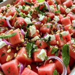 - 4 cups ripe watermelon, cut into 1-inch cubes - 1 cup creamy feta cheese, crumbled - 1/2 medium red onion, very thinly sliced - 2 tablespoons quality olive oil - 2 tablespoons aged balsamic vinegar - Salt and freshly ground black pepper to taste - 1/4 cup fresh mint leaves, finely chopped - 1/4 cup toasted pine nuts or walnuts for added texture In this Watermelon Feta Salad, using fresh and ripe ingredients is key. The watermelon should be juicy and sweet. It adds a lovely crunch and sweetness to the salad. The feta brings a creamy and salty touch. I like to use a good quality feta for the best flavor. For the dressing, I recommend a nice olive oil and aged balsamic vinegar. These add richness and tang to the salad. Make sure to taste and adjust the salt and pepper. This balance enhances the fresh flavors. If you want to add more texture, consider using the optional add-ins. Fresh mint leaves give a bright flavor, while toasted nuts add a delightful crunch. These choices make the salad even more exciting. For the full recipe, check out the section above. - First, take a large mixing bowl. - Combine the watermelon cubes and crumbled feta cheese. - Be gentle to keep the pieces intact. - Next, add the thinly sliced red onion. - Toss in the finely chopped mint leaves as well. - In a small bowl, whisk together the olive oil and balsamic vinegar. - This will create a smooth dressing. - Once mixed, drizzle the dressing over the salad. - Now, gently toss all the ingredients together. - Be careful not to mash the watermelon. - Season with salt and freshly ground black pepper to taste. - If you like, add toasted pine nuts or walnuts on top for extra crunch. For the full recipe, check out the details above. For a great look, use a large, shallow dish. This allows the colors to shine. You can also serve the salad in individual bowls. Each bowl can look special with a unique touch. Add a mint leaf on top for a pretty finish. A drizzle of balsamic vinegar adds flair and flavor. Using ripe watermelon is key. A sweet, juicy watermelon makes the salad pop. Look for a watermelon that feels heavy for its size. The skin should have a nice, glossy finish. For feta cheese, choose creamy and crumbly types. This adds a rich flavor that balances the sweet watermelon. Prep the watermelon and feta a few hours early. Keep them in the fridge until you’re ready to serve. You can slice the onion and chop the mint ahead too. Just wait to dress the salad until right before serving. This keeps everything fresh and crisp. {{image_4}} You can elevate your watermelon feta salad by adding more flavors. Consider mixing in cucumbers for crunch. They add freshness and pair well with watermelon. Bell peppers also work great. Their sweet taste complements the salad beautifully. Another tasty option is to include arugula or spinach. These greens provide a peppery kick. Their texture adds depth and makes the salad feel heartier. You can play with these ingredients to find your favorite mix. If you want to try different cheeses, goat cheese is an excellent choice. It has a creamy texture that blends well with the salad. Ricotta also offers a soft, sweet flavor. Both options can replace feta if you desire a new taste. You can even combine cheeses for unique flavors. Mixing feta with goat cheese or ricotta can create a rich taste. This twist adds more creaminess and enhances the overall dish. For those who follow a vegan diet, you can find tasty alternatives to feta. Vegan feta made from nuts or tofu works well. It mimics the creamy texture and salty flavor. This option keeps the salad plant-based while still being delicious. If you need nut-free options, look for cheese made from soy or coconut. These substitutes are safe for many allergies. Just ensure they fit your dietary needs before adding them to your salad. To keep your watermelon feta salad fresh, store any leftovers in the fridge. Use an airtight container to prevent moisture loss and preserve the flavors. Glass containers work well because they do not absorb odors. If you use plastic, ensure it's food-safe and BPA-free. In the fridge, your watermelon feta salad will last about 2 to 3 days. As time passes, the watermelon may become mushy. Look for signs of spoilage, like an off smell or a slimy texture. If the salad starts to look dull or discolored, it's best to toss it. You can freeze watermelon feta salad, but it won't taste the same. Freezing changes the texture of watermelon, making it mushy. If you decide to freeze it, do so without the feta and dressing. To thaw, place it in the fridge overnight. Mix it with fresh feta and dressing before serving for the best taste. To cut watermelon for salad, follow these steps: - Start with a ripe watermelon. - Cut it in half lengthwise. - Place one half cut-side down on a stable surface. - Slice it into thick wedges. - Take each wedge and cut off the rind. - Cube the flesh into 1-inch pieces. This method helps you get even cubes. It also makes the task safe and quick. Yes, you can prepare Watermelon Feta Salad ahead of time. Here are my tips: - Cut the watermelon and onion a few hours before serving. - Mix the salad ingredients but wait to add the dressing. - Add the dressing just before serving. This keeps the salad fresh. Making it a few hours early helps all the flavors blend. Watermelon Feta Salad pairs well with many dishes. Here are some ideas: - Grilled chicken or shrimp for protein. - A light pasta dish for a full meal. - Fresh bread or crostini to enhance the meal. These options create a balanced plate and make for a delightful meal. This Watermelon Feta Salad recipe yields about four servings. Here are portion tips: - If serving as a side, consider smaller portions. - For a main dish, larger servings work well. Adjust based on your guest's appetite and the meal's context. This watermelon feta salad is fresh, colorful, and easy to make. You learned how to combine watermelon, feta, and red onion. The simple dressing adds great taste. Consider optional add-ins like mint and nuts for extra flavor. Remember to use quality ingredients for the best results. You can also tweak this recipe with various add-ins to suit your taste. Enjoy this salad as a side dish or a light meal. With these tips, I hope you make a delicious, refreshing salad that impresses everyone.