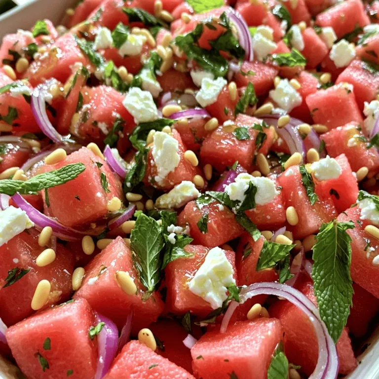 - 4 cups ripe watermelon, cut into 1-inch cubes - 1 cup creamy feta cheese, crumbled - 1/2 medium red onion, very thinly sliced - 2 tablespoons quality olive oil - 2 tablespoons aged balsamic vinegar - Salt and freshly ground black pepper to taste - 1/4 cup fresh mint leaves, finely chopped - 1/4 cup toasted pine nuts or walnuts for added texture In this Watermelon Feta Salad, using fresh and ripe ingredients is key. The watermelon should be juicy and sweet. It adds a lovely crunch and sweetness to the salad. The feta brings a creamy and salty touch. I like to use a good quality feta for the best flavor. For the dressing, I recommend a nice olive oil and aged balsamic vinegar. These add richness and tang to the salad. Make sure to taste and adjust the salt and pepper. This balance enhances the fresh flavors. If you want to add more texture, consider using the optional add-ins. Fresh mint leaves give a bright flavor, while toasted nuts add a delightful crunch. These choices make the salad even more exciting. For the full recipe, check out the section above. - First, take a large mixing bowl. - Combine the watermelon cubes and crumbled feta cheese. - Be gentle to keep the pieces intact. - Next, add the thinly sliced red onion. - Toss in the finely chopped mint leaves as well. - In a small bowl, whisk together the olive oil and balsamic vinegar. - This will create a smooth dressing. - Once mixed, drizzle the dressing over the salad. - Now, gently toss all the ingredients together. - Be careful not to mash the watermelon. - Season with salt and freshly ground black pepper to taste. - If you like, add toasted pine nuts or walnuts on top for extra crunch. For the full recipe, check out the details above. For a great look, use a large, shallow dish. This allows the colors to shine. You can also serve the salad in individual bowls. Each bowl can look special with a unique touch. Add a mint leaf on top for a pretty finish. A drizzle of balsamic vinegar adds flair and flavor. Using ripe watermelon is key. A sweet, juicy watermelon makes the salad pop. Look for a watermelon that feels heavy for its size. The skin should have a nice, glossy finish. For feta cheese, choose creamy and crumbly types. This adds a rich flavor that balances the sweet watermelon. Prep the watermelon and feta a few hours early. Keep them in the fridge until you’re ready to serve. You can slice the onion and chop the mint ahead too. Just wait to dress the salad until right before serving. This keeps everything fresh and crisp. {{image_4}} You can elevate your watermelon feta salad by adding more flavors. Consider mixing in cucumbers for crunch. They add freshness and pair well with watermelon. Bell peppers also work great. Their sweet taste complements the salad beautifully. Another tasty option is to include arugula or spinach. These greens provide a peppery kick. Their texture adds depth and makes the salad feel heartier. You can play with these ingredients to find your favorite mix. If you want to try different cheeses, goat cheese is an excellent choice. It has a creamy texture that blends well with the salad. Ricotta also offers a soft, sweet flavor. Both options can replace feta if you desire a new taste. You can even combine cheeses for unique flavors. Mixing feta with goat cheese or ricotta can create a rich taste. This twist adds more creaminess and enhances the overall dish. For those who follow a vegan diet, you can find tasty alternatives to feta. Vegan feta made from nuts or tofu works well. It mimics the creamy texture and salty flavor. This option keeps the salad plant-based while still being delicious. If you need nut-free options, look for cheese made from soy or coconut. These substitutes are safe for many allergies. Just ensure they fit your dietary needs before adding them to your salad. To keep your watermelon feta salad fresh, store any leftovers in the fridge. Use an airtight container to prevent moisture loss and preserve the flavors. Glass containers work well because they do not absorb odors. If you use plastic, ensure it's food-safe and BPA-free. In the fridge, your watermelon feta salad will last about 2 to 3 days. As time passes, the watermelon may become mushy. Look for signs of spoilage, like an off smell or a slimy texture. If the salad starts to look dull or discolored, it's best to toss it. You can freeze watermelon feta salad, but it won't taste the same. Freezing changes the texture of watermelon, making it mushy. If you decide to freeze it, do so without the feta and dressing. To thaw, place it in the fridge overnight. Mix it with fresh feta and dressing before serving for the best taste. To cut watermelon for salad, follow these steps: - Start with a ripe watermelon. - Cut it in half lengthwise. - Place one half cut-side down on a stable surface. - Slice it into thick wedges. - Take each wedge and cut off the rind. - Cube the flesh into 1-inch pieces. This method helps you get even cubes. It also makes the task safe and quick. Yes, you can prepare Watermelon Feta Salad ahead of time. Here are my tips: - Cut the watermelon and onion a few hours before serving. - Mix the salad ingredients but wait to add the dressing. - Add the dressing just before serving. This keeps the salad fresh. Making it a few hours early helps all the flavors blend. Watermelon Feta Salad pairs well with many dishes. Here are some ideas: - Grilled chicken or shrimp for protein. - A light pasta dish for a full meal. - Fresh bread or crostini to enhance the meal. These options create a balanced plate and make for a delightful meal. This Watermelon Feta Salad recipe yields about four servings. Here are portion tips: - If serving as a side, consider smaller portions. - For a main dish, larger servings work well. Adjust based on your guest's appetite and the meal's context. This watermelon feta salad is fresh, colorful, and easy to make. You learned how to combine watermelon, feta, and red onion. The simple dressing adds great taste. Consider optional add-ins like mint and nuts for extra flavor. Remember to use quality ingredients for the best results. You can also tweak this recipe with various add-ins to suit your taste. Enjoy this salad as a side dish or a light meal. With these tips, I hope you make a delicious, refreshing salad that impresses everyone.