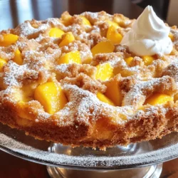 - 2 cups all-purpose flour - 1 cup granulated sugar - 1 tablespoon baking powder - 1/2 teaspoon baking soda - 1/2 teaspoon salt - 1/2 cup unsalted butter, softened to room temperature - 1/2 cup sour cream, at room temperature - 2 large eggs, at room temperature - 1 teaspoon pure vanilla extract - 2 cups fresh peaches, peeled and diced - 1 teaspoon ground cinnamon - 1/3 cup all-purpose flour - 1/3 cup packed brown sugar - 1/3 cup rolled oats - 1/4 cup unsalted butter, melted - 1 teaspoon ground cinnamon The ingredients for Peach Streusel Coffee Cake are simple yet flavorful. The main ingredients include flour, sugar, and butter. Each part plays a key role in making the cake moist and tasty. The peaches bring a sweet and juicy burst to every bite. I love using fresh peaches when they are in season. Their flavor shines in this dish. The streusel topping adds a crunchy layer. It uses flour, brown sugar, and oats. These ingredients create a delightful contrast to the soft cake. The melted butter helps bind the mixture. Ground cinnamon gives it a warm spice that enhances the peaches. For the full recipe, follow the steps carefully. Gather your ingredients and enjoy the process. This cake will surely impress your family and friends! - Preheat the oven to 350°F (175°C). - Grease or line a 9-inch round cake pan. - In a large bowl, whisk together 2 cups of all-purpose flour, 1 cup of granulated sugar, 1 tablespoon of baking powder, 1/2 teaspoon of baking soda, and 1/2 teaspoon of salt. - In another bowl, combine 1/2 cup of softened unsalted butter, 1/2 cup of sour cream, 2 large eggs, and 1 teaspoon of pure vanilla extract. Beat until smooth. - Gently fold in 2 cups of diced peaches and 1 teaspoon of ground cinnamon. Make sure the fruit is spread evenly. - Pour the batter into the prepared pan. Use a spatula to smooth the top. - In a separate bowl, mix 1/3 cup of flour, 1/3 cup of packed brown sugar, 1/3 cup of rolled oats, 1/4 cup of melted butter, and 1 teaspoon of cinnamon. This will be your streusel topping. - Sprinkle the streusel mixture evenly over the batter. - Bake in the oven for 35-40 minutes. Check if it's done by inserting a toothpick; it should come out clean or with a few moist crumbs. For the complete recipe, refer to the Full Recipe section. Enjoy your baking! Using room temperature ingredients is key. When butter, eggs, and sour cream are warm, they blend well. This helps create a light and fluffy cake. Mix your batter just until combined. Overmixing can make the cake tough. I suggest using a rubber spatula to fold in the peaches gently. This keeps the fruit intact and adds great texture. For the best taste, fresh or frozen peaches work well. Fresh peaches bring a bright flavor. If you use frozen peaches, let them thaw first. You can also experiment with spices. Nutmeg adds warmth and depth to the cake. A pinch can elevate the peach flavor. Don’t be afraid to get creative with your spices! Serve the coffee cake warm or at room temperature for the best taste. For a stylish touch, dust the top with powdered sugar just before serving. This simple step makes the cake look fancy. Pair it with whipped cream or a scoop of vanilla ice cream for a delightful treat. These additions make your coffee cake shine at any gathering! {{image_4}} You can switch the peaches for other fruits. Berries like blueberries or strawberries work well. Apples are another great choice. You can even mix different fruits together. This creates a colorful, tasty streusel cake. Each fruit adds its own flavor and texture. If you need a gluten-free cake, try using gluten-free flour. Many brands blend well in baking. For dairy-free options, use almond yogurt instead of sour cream. You can also swap butter for coconut oil. These changes keep the cake moist and delicious. Want to add a crunch? Mix in nuts like pecans or walnuts. They give a nice texture. You can also try adding a splash of almond extract. This small change boosts the flavor of the cake. Play around with these ideas to find your favorite mix. To keep your Peach Streusel Coffee Cake fresh, store leftovers at room temperature. Wrap the cake tightly in plastic wrap. This will help keep the moisture in. If you have a cake dome, use that too. It prevents the cake from drying out. For refrigerating the cake, place it in an airtight container. This keeps it fresh for about three to four days. Remember to let it cool completely before storing. This way, you avoid condensation, which can make the cake soggy. If you want to store the cake longer, freezing is a great option. First, slice the cake into pieces. Wrap each slice in plastic wrap. Then, place the wrapped slices in a freezer bag or an airtight container. This helps protect the cake from freezer burn. To enjoy your frozen cake, thaw it in the fridge overnight. For the best taste and texture, reheat the slices in the oven. Preheat the oven to 350°F (175°C) and place the slices on a baking sheet for about 10 minutes. This warms the cake and revives its moistness. You can also microwave individual slices for about 15-20 seconds if you want a quick option. To make a moist peach streusel coffee cake, focus on ingredient ratios. Use ripe, juicy peaches. This adds sweetness and moisture. The right baking time is key too. Bake at 350°F for 35-40 minutes. Check with a toothpick; it should come out clean. Make sure all ingredients are at room temperature. This helps the batter mix well. Don’t overmix the batter; mix until just combined. This keeps the cake fluffy. Yes, you can use canned peaches instead of fresh. However, consider the moisture and syrup. Canned peaches are often packed in syrup, which adds extra liquid. Drain them well before adding to the batter. If you use canned peaches, reduce the sugar in the recipe. This helps balance the sweetness from the syrup. Serve peach streusel coffee cake with a warm drink. Coffee or tea pairs well. You can also add a dollop of whipped cream or a scoop of vanilla ice cream. This makes it a perfect dessert. Try serving it with a side of fresh fruit. It adds color and freshness. Enjoy your cake warm or at room temperature for the best taste. For the complete recipe, check out the Full Recipe section. You now have a complete guide to making a peach streusel coffee cake. We covered ingredients, preparation steps, baking methods, and smart tips to enhance flavor. Remember to use room temperature ingredients for the best texture. You can also mix in different fruits or nuts to suit your taste. With this recipe, you can create a delicious treat for any occasion. Enjoy baking and sharing this delightful cake with others!