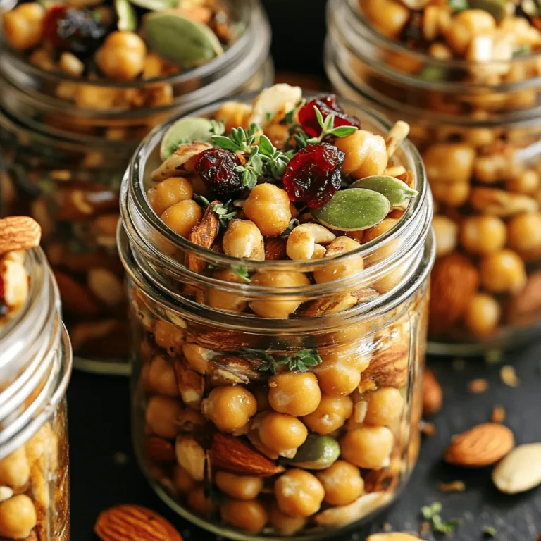 - 1 can (15 oz) chickpeas, thoroughly drained and rinsed - 2 tablespoons extra virgin olive oil - 1 teaspoon smoked paprika - 1 teaspoon garlic powder - 1/2 teaspoon cayenne pepper - 1 teaspoon ground cumin - Salt to taste - 1/2 cup mixed nuts (almonds, cashews, walnuts) - 1/4 cup pumpkin seeds - 1/4 cup dried cranberries or raisins - Optional: 1/4 teaspoon ground cinnamon When making crispy roasted chickpeas, I always start with the main ingredients. The chickpeas are high in protein and fiber. They give you a nice crunch after roasting. I like using canned chickpeas for ease, but you can use dried ones if you prefer. Just soak and cook them first. Extra virgin olive oil adds flavor and helps the spices stick. Smoked paprika gives a lovely depth. Garlic powder adds a savory touch, while cayenne pepper adds heat. Ground cumin adds earthiness and rounds out the flavor profile. Don’t forget the salt; it enhances everything. Next, I add the additional components. Mixed nuts are great for variety and crunch. I like a mix of almonds, cashews, and walnuts. Pumpkin seeds add even more texture. Dried cranberries or raisins bring a hint of sweetness. If you want to be adventurous, add ground cinnamon for warmth. This combination creates a balanced snack mix. You can find the full recipe in the article. Each ingredient plays a role in making this a delightful and healthy munching option. - Preheat your oven to 400°F (200°C) and prepare a baking sheet. - Coat the rinsed chickpeas with olive oil and seasonings in a bowl. First, it is key to preheat your oven to 400°F (200°C). This high temperature helps achieve that perfect crispiness. Prepare your baking sheet by lining it with parchment paper. This makes for easy cleanup after roasting. Next, take the drained and rinsed chickpeas and place them in a bowl. Add the extra virgin olive oil, smoked paprika, garlic powder, cayenne pepper, ground cumin, and salt. Toss them well, ensuring every chickpea gets a nice coating of flavor. - Spread chickpeas on the baking sheet and roast for 25-30 minutes. - Stir every 10 minutes for even cooking. Now, spread the seasoned chickpeas in a single layer on your prepared baking sheet. Place them in the preheated oven. Roast for 25-30 minutes until they turn golden brown and crunchy. Remember to stir the chickpeas every 10 minutes. This helps them cook evenly and get crispy all over. - Mix nuts, seeds, and dried fruit in a bowl. - Incorporate roasted chickpeas once cooled. While the chickpeas roast, grab a large bowl. Combine your mixed nuts, pumpkin seeds, and dried cranberries or raisins. If you want to add some warmth, sprinkle in the optional ground cinnamon. It adds a lovely flavor! Once the chickpeas are done, let them cool for a few minutes. Then, add them to the bowl with the nuts and seeds. Gently mix everything together. Taste the mix and adjust the seasoning if needed. Enjoy your crispy roasted chickpea snack mix! To make chickpeas extra crispy, drying them well is key. After draining and rinsing the chickpeas, pat them dry with a clean towel. This step removes moisture that can prevent crisping during roasting. Aim for a dry surface to help them become crunchy. Roasting time and temperature also matter. Preheat your oven to 400°F (200°C). Roast the chickpeas for about 25-30 minutes. Stir them every 10 minutes. This ensures even cooking and prevents burning. Balancing flavors is important. If you want a milder mix, cut back on cayenne pepper. You can also try adding a pinch of sugar to balance heat with sweetness. For a more robust flavor, increase garlic powder or cumin. Feel free to swap spices based on your taste. If you love heat, add crushed red pepper flakes. For a smokier flavor, try smoked salt instead of sea salt. Serving your snack mix well makes it more fun. For gatherings, use small bowls or mason jars. This way, guests can grab their own servings. It also makes the table look more inviting. Garnishing adds a nice touch. A sprinkle of fresh herbs, like parsley or cilantro, can brighten the dish. You could also use edible flowers for a pop of color. Choose clear containers to show off the vibrant mix inside. {{image_4}} You can mix up the taste of your crispy roasted chickpea snack mix. For sweet options, try adding chocolate chips or shredded coconut. Both will give a nice twist to your snack. If you prefer savory flavors, consider mixing in some grated cheese or herbs like rosemary or thyme. These additions can enhance the taste and make each bite exciting. This snack mix is easy to adjust for different diets. If you need vegan options, simply skip any cheese and stick with the chickpeas and nuts. You can also use nutritional yeast for a cheesy flavor without dairy. For those who need gluten-free snacks, this recipe is already gluten-free! Just ensure that all your ingredients, like seasonings and nuts, are certified gluten-free. Feel free to switch up the nuts and seeds in your mix. Sunflower seeds add a great crunch and pair well with chickpeas. You can also try sesame seeds for a nutty flavor. If you want to experiment with different nuts, consider using pecans or hazelnuts for a unique taste. Each option brings its own twist to your healthy munching! To keep your snack mix fresh, use an airtight container. Glass jars or plastic containers work well. Make sure the mix cools completely before sealing it. This helps prevent moisture buildup. For extra crunch, consider adding a small packet of silica gel inside the container. Yes, you can freeze this snack mix! To do this, pack it tightly in a freezer-safe bag or container. Push out as much air as possible to avoid freezer burn. When you want to eat it, move the container to the fridge for a few hours to thaw. You can also microwave it for a quick warm-up if you prefer. Crispy roasted chickpea snack mix lasts about one week at room temperature. Store it in a cool, dry place. If kept in the fridge, it can last up to two weeks. Look out for any signs of spoilage, like a soft texture or off smell. If it loses its crunch, it’s time to toss it out. Enjoy your snack while it's fresh! Yes, you can use fresh chickpeas, but they require more work. Fresh chickpeas taste great and have a lovely texture. Canned chickpeas save time and are easy to use. To prepare fresh chickpeas, soak them overnight in water. This helps soften them. After soaking, boil them for one to two hours until tender. Drain and cool them before seasoning. Absolutely! You can prepare this snack mix a day in advance. It stays fresh for about five days when stored correctly. To store, use an airtight container. Keep it in a cool, dry place. This will help maintain its crunchiness and flavor. This snack mix pairs well with many dips. Try hummus, tzatziki, or guacamole for a tasty treat. For drinks, consider sparkling water, iced tea, or even a light beer. These options complement the flavors in the mix. For parties, serve this mix in small bowls or jars. It’s perfect for sharing and looks great on a table. If you want to add a twist, serve with fresh herbs on top for a fun touch. For the full recipe, check out the earlier section! This blog post shared the key ingredients and steps to make a crispy roasted chickpea snack mix. I covered how to prepare and roast chickpeas and combine them with nuts and dried fruit. You learned tips for extra crispiness and flavor adjustments. In the end, this snack is both tasty and healthy. You can let your creativity shine by trying out different flavors and dietary options. Enjoy making this fun and easy snack mix!