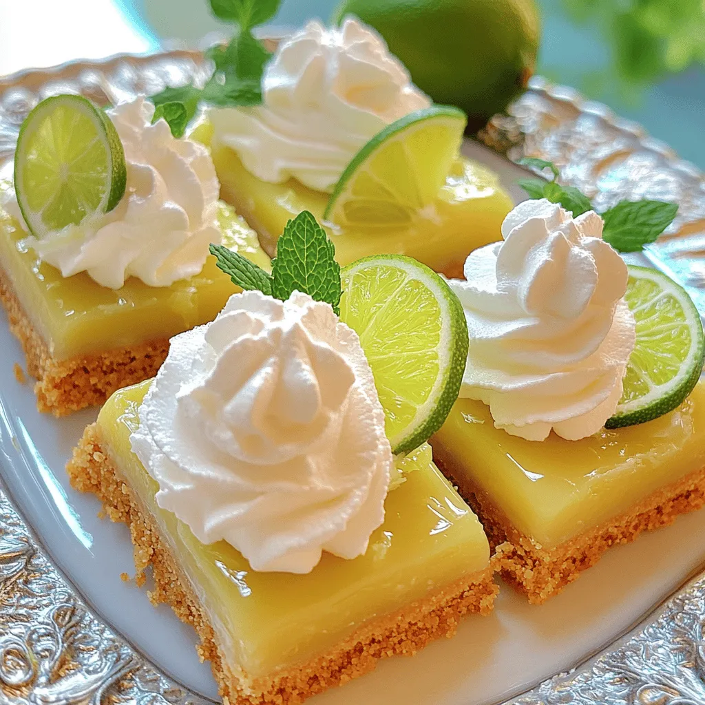 - 1 cup graham cracker crumbs - 1/4 cup granulated sugar - 1/2 teaspoon ground cinnamon - 1/2 cup unsalted butter, melted - 2 (14-ounce) cans sweetened condensed milk - 1/2 cup fresh key lime juice (or regular lime juice) - 1 tablespoon lime zest - 4 large egg yolks - 1 cup heavy whipping cream - 2 tablespoons powdered sugar - Lime slices, for garnish - Fresh mint leaves, for garnish For great Key Lime Pie Bars, measure accurately. Use a dry measuring cup for dry items. Level off the top with a straight edge. For liquids, use a liquid measuring cup. Pour until the liquid reaches the desired line. This will keep your bars from being too runny or too thick. Fresh ingredients make a big difference. Fresh key limes taste better than bottled juice. Always check the date on your cream for the best flavor. When choosing limes, key limes are best. They have a unique, tart taste that shines in this recipe. If you can't find them, regular limes work too. For dietary needs, you can swap sweetened condensed milk with coconut milk. You can also use a dairy-free cream option for the whipped cream. These swaps keep the flavor while fitting your needs. 1. Preheat the oven: Start by preheating your oven to 350°F (175°C). This step is key for an even bake. 2. Making the crust: In a medium bowl, mix graham cracker crumbs, granulated sugar, and ground cinnamon. Stir these ingredients well. Slowly add melted butter. The mix should feel like wet sand. Press this mixture into a greased 9x9 inch pan. Make sure the crust is even. 1. Baking the crust: Place the crust in the oven. Bake for 8-10 minutes. You want a lightly golden color. Once done, take it out and let it cool. 2. Preparing the filling: In a large bowl, whisk sweetened condensed milk, fresh key lime juice, lime zest, and egg yolks. Whisk until smooth. Make sure there are no lumps in your filling. 1. Baking the filling: Pour the filling over the cooled crust. Use a spatula to spread it evenly. Return the pan to the oven. Bake for 15-20 minutes. The filling should be set but still jiggle a bit in the center. 2. Cooling and chilling: Let the bars cool completely at room temperature. Once cool, put them in the fridge for at least 3 hours. Chilling helps the texture. Now your key lime pie bars are ready for a tasty treat! If you want to see the full recipe, check it out [here](Full Recipe). Enjoy! To make great Key Lime Pie Bars, avoid these common mistakes: - Overmixing the filling: Whisk just until smooth. Too much mixing adds air and can make the bars puffy. - Not cooling the crust: A hot crust can lead to a soggy bottom. Always let it cool. - Using old ingredients: Fresh key limes or lime juice makes a big difference in taste. Ensure your crust is firm by: - Pressing down hard: Use the back of a measuring cup to compact the crust. - Baking long enough: A golden color means it's ready. This will help keep it firm. Making the perfect whipped cream is easy. Here’s how you do it: - Chill your bowl and beaters: Cold tools help the cream whip faster. - Use heavy whipping cream: This has the right fat content for stiff peaks. For flavoring your whipped cream, try: - Adding vanilla extract: Just a teaspoon will enhance the taste. - Zesting a lime: This adds a fresh twist that pairs well with the bars. Creative plating options can impress your guests. Here are some ideas: - Use a decorative platter: Arrange the bars neatly for an eye-catching look. - Drizzle lime juice: A light drizzle over the whipped cream adds a zesty touch. Using garnishes effectively can enhance your dish: - Garnish with lime slices: Place them on top for a pop of color. - Add fresh mint leaves: These can brighten the plate and add flavor. For the full recipe, check out the details above. Enjoy making your dessert! {{image_4}} To make gluten-free key lime pie bars, swap the graham cracker crumbs with gluten-free graham cracker crumbs or almond flour. Both options work well. If using almond flour, add a bit of coconut oil to help bind the crust. This keeps the crust firm and delicious. To create vegan bars, replace the egg yolks with flaxseed meal or silken tofu. For the creaminess, use coconut cream instead of heavy whipping cream. You can also find vegan sweetened condensed milk at stores or make your own with coconut milk and sugar. This way, you keep the flavor and texture rich without dairy. You can change the flavor by adding shredded coconut to the crust. This gives a tropical twist. For a citrus mix, try using blood oranges or tangerines in place of some lime juice. Mixing different flavors adds fun and surprises to each bite. Feel free to experiment with your favorite citrus fruits! For the full recipe, check out the details above. To keep your Key Lime Pie Bars fresh, place them in an airtight container. Store them in the refrigerator. This helps maintain their creamy texture. If you want to save them for later, you can freeze them. Cut the bars first and wrap them tightly in plastic wrap. Place the wrapped bars in a freezer bag, removing as much air as possible. When stored properly, these bars last up to one week in the fridge. For the best taste, eat them within three days. If frozen, they can stay good for about three months. Look for signs of spoilage. If you see any mold or an off smell, it’s best to throw them away. Freshness is key for the best flavor! You can serve these bars chilled or at room temperature. I prefer them cold, as it enhances the flavors. If you want them at room temperature, take them out of the fridge for about 30 minutes before serving. This way, the creamy filling softens a bit, making every bite even more delightful. Key lime pie bars can last about one week in the fridge. Store them in an airtight container to keep them fresh. If you see any signs of moisture or texture change, it’s best to toss them. Always check for any odd smells or discoloration before eating. Yes, you can prepare these bars ahead of time. I recommend making them a day before you plan to serve. Once baked and cooled, chill them in the fridge. This allows the flavors to meld beautifully. Just remember to add the whipped cream right before serving for the best texture. Using fresh lime juice is key for flavor. It brings a bright, zesty taste that bottled juice can't match. Fresh juice enhances the overall experience of the dessert. Plus, the texture benefits from the natural acidity of fresh limes. If you're in a pinch, bottled juice works, but fresh is best! Key lime pie bars are simple and delicious. You learned about the main ingredients, how to measure them, and the best methods to prepare and bake. I shared tips to avoid mistakes and make the perfect whipped cream. You can even explore gluten-free and vegan options to suit your needs. Remember, using fresh ingredients and proper storage keeps your bars tasty. With these insights, you can create delicious treats for any occasion. Enjoy making and sharing these delightful key lime pie bars!