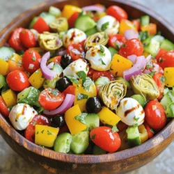 - 1 cup cherry tomatoes, halved - 1 cucumber, diced - 1 red bell pepper, diced - 1 medium red onion, finely chopped - 1 cup artichoke hearts, chopped (canned or jarred) - 1 cup mozzarella balls (bocconcini), halved - 1/4 cup balsamic vinegar - 1/4 cup extra-virgin olive oil - 1 teaspoon dried oregano - Salt and pepper, to taste The heart of this Italian chopped salad is fresh produce. I love using ingredients that burst with flavor. Start with cherry tomatoes; they add sweetness and color. Diced cucumber gives a nice crunch. The red bell pepper adds a pop of brightness, while the red onion brings depth. Each ingredient plays a part in this tasty mix. For added texture, we incorporate artichoke hearts. They offer a unique taste that pairs well with the other veggies. Don’t forget about the mozzarella balls. They add a creamy touch that makes every bite delightful. The dressing is simple but essential. Balsamic vinegar adds tang, while extra-virgin olive oil gives richness. Dried oregano adds a hint of earthiness. Season with salt and pepper to enhance all the flavors. This combination creates a dressing that ties the salad together perfectly. To see the full recipe, refer to the previous section. - Wash and chop all fresh produce. - Combine cherry tomatoes, cucumber, red bell pepper, and red onion in a bowl. Start by washing each ingredient under cold water. This cleans off any dirt and helps keep your salad fresh. Next, halve the cherry tomatoes. Dice the cucumber and red bell pepper into small pieces. Finely chop the red onion. This step is key for even flavor in every bite. - Add chopped artichoke hearts, mozzarella balls, black olives, and basil to the mixing bowl. Once your fresh produce is ready, it's time to mix. Carefully add the chopped artichoke hearts, halved mozzarella balls, sliced black olives, and chopped basil into the bowl. Give it a gentle stir to combine all the colors and textures. This mix brings a burst of flavor to the salad. - Whisk balsamic vinegar, olive oil, dried oregano, salt, and pepper. In a small bowl, whisk together the balsamic vinegar and extra-virgin olive oil. Add the dried oregano, salt, and pepper. The goal is to create a smooth dressing that brings everything together. This dressing will enhance the salad's fresh flavors. - Drizzle dressing over salad ingredients. - Gently toss to coat everything evenly. Now, drizzle your dressing over the salad mix. Use a large spoon or spatula to gently toss the salad. This helps coat all the ingredients without bruising them. Taste and adjust seasoning if needed. Let the salad sit for about 10 minutes to let the flavors meld. This added time makes each bite even more delicious! Let the salad rest for 10 minutes before serving for the best flavor. This short wait helps all the ingredients mix well. You will taste the difference! Adjust seasoning according to your taste preferences. Maybe you like more salt or a bit more vinegar. Don't be shy; make it yours! Serve in a colorful bowl with whole basil leaves on top. This adds a pop of color and makes it look fresh. Consider garnishing with extra olives for visual appeal. A few extra black olives can make the salad even more inviting! {{image_4}} You can add grilled chicken or shrimp to your salad for a heartier meal. The protein enhances the flavor and makes it more filling. Grilled chicken gives a nice smoky taste. Shrimp adds a sweet and tender bite. Both options pair well with the fresh veggies. Just chop them into bite-sized pieces before mixing them in. Try using romaine or spinach for your salad greens. These options add texture and nutrients. Romaine gives a nice crunch. Spinach offers a mild flavor that blends well with the other ingredients. You can even mix different greens for a colorful look and varied taste. This way, you can customize your salad each time. For a plant-based version, use a vegan cheese or skip cheese altogether. There are many tasty vegan cheese options made from nuts or soy. They melt well and add creaminess. If you prefer to skip cheese, add extra veggies or nuts for texture. This way, you can enjoy a fresh and healthy salad that fits your diet. Store your salad in an airtight container. It stays fresh in the fridge for up to 3 days. This way, you can enjoy your tasty salad later without losing flavor. Just make sure to keep it sealed tight to avoid any unwanted odors. To keep your salad crisp, always store the dressing separately. Mix it in just before serving. This helps maintain the fresh crunch of the veggies. When you pour the dressing on right away, moisture can make the salad soggy. Keeping it separate preserves the vibrant flavors and textures of the salad. An Italian chopped salad is a mix of fresh Italian vegetables, cheese, and a tasty dressing. It is often served cold. The salad usually includes cherry tomatoes, cucumbers, bell peppers, and olives. You can add mozzarella for creaminess and artichokes for extra flavor. This salad is colorful and packed with nutrients. Yes, you can make this salad ahead of time. However, dress it only before serving. This keeps the vegetables crisp and fresh. If you dress it too early, the veggies can get soggy. To save time, you can chop the veggies and store them in the fridge. Several dressings work well with Italian chopped salad. Balsamic vinaigrette adds a sweet and tangy flavor. Italian dressing brings a nice herb blend. You can also try a lemon-herb dressing for a bright taste. Each dressing adds its own twist to the salad. Italian chopped salad pairs well with many dishes. It is great alongside grilled meats like chicken or steak. You can also serve it with sandwiches for a light lunch. It makes a lovely addition to a buffet spread for parties. For the complete recipe, check the Full Recipe section above. This blog post shared a fresh and tasty Italian Chopped Salad recipe. We covered essential ingredients, easy steps, and smart tips to make it shine. Remember, letting the salad sit enhances its flavor. You can also customize it with proteins or different greens. Lastly, store leftovers properly to keep them fresh. Enjoy this colorful salad as a side or main dish, and get creative with variations! Your meals will be bright and delicious with this simple recipe.