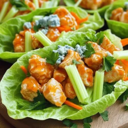 - 1 pound boneless, skinless chicken breasts, diced into bite-sized pieces - 1/2 cup buffalo sauce (adjust according to your heat preference for spice) - 1 tablespoon extra-virgin olive oil - 1 teaspoon garlic powder - 1/2 teaspoon onion powder - Salt and freshly cracked pepper to taste - 1 head of iceberg or butter lettuce, leaves carefully separated - 1/2 cup finely diced celery - 1/2 cup shredded carrots - 1/4 cup crumbled blue cheese or feta cheese (optional for added flavor) - Fresh parsley or sliced green onions, chopped for garnish You can customize your buffalo chicken lettuce wraps with extra ingredients. Some great options include: - Sliced avocado for creaminess - Diced tomatoes for freshness - Jalapeños for extra heat - Corn for sweetness Feel free to swap ingredients to match your taste. You can use: - Ground turkey or tofu instead of chicken for different proteins. - Greek yogurt instead of blue cheese for a lighter option. - Other types of lettuce, like romaine or mustard greens, if you prefer. Using the right ingredients makes a big difference. Each choice adds a unique flavor and texture to your meal. Enjoy experimenting! For the full recipe, check out the instructions to create this tasty dish. Start by gathering all your ingredients. You will need diced chicken, buffalo sauce, and some spices. Also, have your lettuce leaves ready. Wash them gently. You want them fresh and crisp. This will make your wraps tasty and fun to eat. In a bowl, mix the diced chicken with olive oil, garlic powder, onion powder, salt, and pepper. Stir well to coat the chicken. Heat a non-stick skillet over medium heat. Add the chicken in a single layer. Cook it for about 6-8 minutes. Make sure to stir occasionally. The chicken should look golden brown when done. Reduce the heat to low and add the buffalo sauce. Stir the chicken well, coating each piece. Let it heat for another 2-3 minutes. While the chicken warms, rinse your lettuce leaves under cold water. Pat them dry with a paper towel. Take a lettuce leaf and spoon in some buffalo chicken. Add diced celery and shredded carrots on top for crunch. If you like, sprinkle blue cheese or feta for extra flavor. Finish with fresh parsley or sliced green onions. Serve the wraps right away. Enjoy your buffalo chicken lettuce wraps, a perfect blend of spice and freshness! You can find the full recipe linked above. To cook chicken perfectly, start with high-quality meat. Always cut the chicken into even pieces. This helps ensure it cooks evenly. Use a non-stick skillet to avoid sticking. Preheat the skillet before adding the chicken. This gives a nice sear and keeps the chicken juicy. Stir the chicken every few minutes. This helps it cook all the way through. Check that the chicken reaches 165°F for safety. To keep lettuce fresh, buy it as close to serving time as possible. Store it in the fridge in a sealed bag. Keep lettuce dry; moisture can cause sogginess. You can wrap the leaves in paper towels to absorb excess moisture. Rinse the leaves right before using them. This ensures they stay crisp and clean. Use iceberg or butter lettuce for the best wraps. They hold their shape well and add a nice crunch. Buffalo chicken lettuce wraps are great on their own, but you can add flair. Serve with a side of carrot sticks or celery for extra crunch. A dipping sauce like ranch or blue cheese pairs well too. You can also serve a light salad alongside the wraps. This adds freshness to your meal. For a fun twist, try adding avocado or sliced jalapeños to your wraps. They add creaminess and a bit of heat. Check out the Full Recipe for more ideas! {{image_4}} You can switch up the protein in your wraps. Try using turkey or lean pork. These proteins work well with buffalo sauce. You can even use shredded rotisserie chicken for speed. Each option adds a unique taste. For a vegetarian twist, use cauliflower or chickpeas. Cook them with buffalo sauce until hot. If you need a vegan option, use jackfruit. This fruit shreds easily and absorbs flavor well. Add your favorite veggies for crunch. Buffalo sauce can vary in heat. If you like more spice, choose a hot sauce brand. You can mix in some cayenne pepper for extra kick. If you want less heat, use a mild sauce. You can also mix yogurt with the buffalo sauce to cool it down. To store leftovers, let the buffalo chicken cool down. Place it in an airtight container. Keep it in the fridge for up to three days. Store the lettuce and other toppings separately. This helps keep everything fresh and crisp. When you are ready to eat, take the chicken out of the fridge. Heat it in a skillet over medium heat. Stir it often until it warms up. You can also use the microwave. Place it in a microwave-safe bowl and cover it. Heat in short bursts, checking often. If you want to freeze the buffalo chicken, place it in a freezer-safe bag. Squeeze out all the air and seal it tightly. You can freeze it for up to three months. When you are ready to use it, thaw it in the fridge overnight. Then, reheat as mentioned above. Enjoy your meal later! For the full recipe, check the section above. Yes, you can use other types of lettuce. Romaine or butter lettuce works well. They have sturdy leaves that hold the filling nicely. If you want a bit more crunch, try using cabbage leaves. They add a nice texture and flavor. These wraps pair great with many sides. You can serve them with carrot sticks or celery sticks for a crunchy bite. A fresh salad with a light dressing also complements the wraps. If you like dips, try ranch or blue cheese dressing on the side. To change the spice level, adjust the amount of buffalo sauce. Use less sauce for a mild flavor. You can also add a splash of honey to balance the heat. If you love spice, try adding hot sauce or cayenne pepper to the chicken mix. For the full recipe, check the details above. In this blog post, we explored tasty buffalo chicken lettuce wraps. We covered the essential ingredients, optional add-ins, and how to swap ingredients if needed. I shared step-by-step instructions for preparing, cooking, and assembling your wraps. You learned tips for cooking chicken, keeping lettuce fresh, and meal pairings. We also discussed variations for different diets and shared storage and reheating tips. With these insights, you can now create your own delicious wraps and personalize them to your taste. Enjoy your cooking journey!