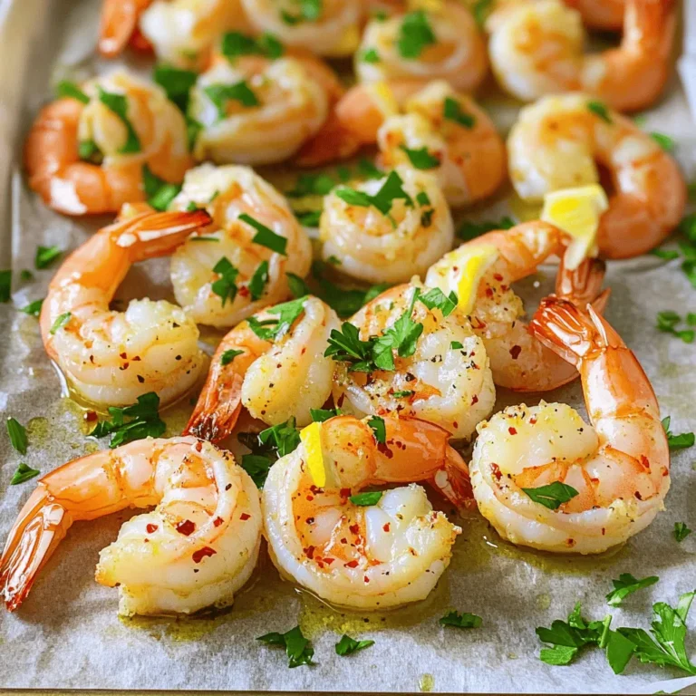 To make lemon garlic roasted shrimp, gather these simple items: - 1 pound large shrimp, peeled and deveined - 4 cloves garlic, finely minced - 1/4 cup extra virgin olive oil - Fresh juice of 2 juicy lemons - Zest of 1 lemon, finely grated - 1 teaspoon smoked paprika - 1 teaspoon red pepper flakes - Sea salt and freshly cracked black pepper - Fresh parsley, finely chopped When buying shrimp, look for these signs of freshness: - Color: Fresh shrimp should be a light pink or grayish color. - Smell: They should smell like the ocean, not fishy. - Texture: The flesh should feel firm and springy. - Shell: Make sure the shells are shiny and not slimy. Always ask your fishmonger about where the shrimp come from. Local shrimp often tastes better. To prepare this dish, you will need these tools: - Mixing bowl: For combining the marinade. - Whisk: To blend the marinade well. - Baking sheet: For roasting the shrimp. - Parchment paper: For easy cleanup. - Spatula: To toss the shrimp in the marinade. Having the right tools makes your cooking process smooth and fun. Check the [Full Recipe] for more details. First, set your oven to 400°F (200°C). This heat is perfect for roasting shrimp. While the oven warms up, grab a baking sheet and line it with parchment paper. This step helps with easy cleanup later. In a large mixing bowl, add the olive oil, minced garlic, lemon juice, and lemon zest. Then, toss in the smoked paprika, red pepper flakes, sea salt, and black pepper. Whisk the mix well until all the ingredients blend. The smell will be amazing! Next, add the cleaned shrimp to the bowl with the marinade. Use your hands or a spatula to mix. Make sure all the shrimp get a nice coat of the marinade. Let them sit for about 15 minutes. This time helps the shrimp soak in all that flavor. Once the shrimp is marinated, spread them out on the baking sheet in a single layer. This helps them cook evenly. Place the baking sheet in your hot oven and roast for 8-10 minutes. They’re done when they turn pink and look just cooked. When ready, take them out and sprinkle fresh parsley on top. Serve them up and enjoy! For the full recipe, check out the detailed instructions earlier in the article. To get shrimp just right, focus on timing. Cook them for 8 to 10 minutes. They turn pink when done. Overcooking makes shrimp tough. Keep an eye on them. If you use large shrimp, they need a bit more time. For smaller shrimp, cut down the cooking time. To boost flavor, try adding fresh herbs. Basil, cilantro, or dill work well. You can also add lemon slices on top while roasting. This gives a fresh taste. For a kick, use more red pepper flakes. Experiment with different spices like cumin or coriander. Each adds a unique touch. If shrimp stick to the pan, use parchment paper. This helps with easy removal. If your shrimp are bland, check the seasoning. A touch of salt or lemon juice can help. If they are too salty, soak them in cold water for a few minutes. For leftover shrimp, add them to salads or pasta. They make great meals! For the full recipe, check the section above. {{image_4}} You can make this dish even better by adding vegetables. Try bell peppers, zucchini, or asparagus. These veggies roast well and add color to your plate. Just chop them into bite-sized pieces. Toss them in the marinade with the shrimp. They will soak up all the tasty flavors. This mix gives you a full meal in one pan. If you like heat, adjust the spice level. You can add more red pepper flakes if you want more kick. For a milder dish, reduce the amount or leave them out. You can also try adding a pinch of cayenne pepper for a different flavor. This lets you customize the heat to your taste. Feel free to experiment with different marinades. You can use honey for a sweet touch. Or swap lemon juice for lime juice for a fresh twist. Adding fresh herbs like basil or cilantro can bring new flavors. Try these ideas to keep the dish exciting. You can always find your favorite combination. For the complete recipe, check out the Full Recipe. After you enjoy your lemon garlic roasted shrimp, store any leftovers right away. Place them in an airtight container. This keeps them fresh. You can store them in the fridge for up to three days. Make sure the shrimp cool down before sealing the container. This helps prevent moisture buildup. To reheat your shrimp, use the oven for best results. Preheat your oven to 350°F (175°C). Spread the shrimp on a baking sheet. Warm them for about 5-7 minutes. This keeps the shrimp tender and avoids overcooking. You can also use a microwave. Just heat them in short bursts, checking often. If you want to save shrimp for later, freezing is a great option. Place the shrimp in a freezer-safe bag. Remove as much air as you can before sealing. They can stay fresh in the freezer for up to three months. When ready to use, thaw the shrimp in the fridge overnight before reheating. You’ll still enjoy their great flavor! For the full recipe, check the bottom of the article. You can tell when shrimp are done when they turn bright pink. The flesh should be opaque, not clear. Cooked shrimp curl into a C shape. If they form an O shape, they may be overcooked. Trust your eyes and your taste! Yes, you can use frozen shrimp. Just make sure to thaw them first. Place them in the fridge overnight or run them under cold water for a quick thaw. After thawing, pat them dry with a paper towel. This helps the marinade stick better. Lemon garlic roasted shrimp pairs well with many sides. Try serving them with rice or a fresh salad. Garlic bread makes a great addition too! You can also serve them with pasta for a heartier meal. You can find the full recipe for Lemon Garlic Roasted Shrimp in our recipe section. It has all the details you need to create this dish at home. In this blog, we explored how to make delicious lemon garlic roasted shrimp. We covered the key ingredients, tips for choosing fresh shrimp, and essential cooking tools. I provided step-by-step instructions for prepping, marinating, and roasting shrimp to perfection. We discussed flavor enhancements, storage tips, and more. Remember, with a few simple tricks, you can impress anyone at the dinner table. Enjoy experimenting with different flavors and variations for a fresh twist. Happy cooking!