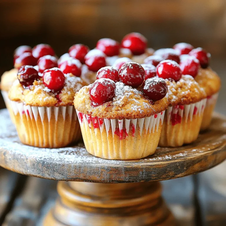 - 1 cup fresh or frozen cherries, pitted and halved - 2 cups all-purpose flour - 1 cup granulated sugar - 1/2 cup unsalted butter, softened - 2 large eggs - 1 cup whole milk - 1 tablespoon baking powder - 1 teaspoon vanilla extract - 1/2 teaspoon salt - 1/2 teaspoon almond extract (optional) - 1/2 cup brown sugar, packed - 1 teaspoon ground cinnamon - 1/2 cup chopped walnuts or pecans (optional) When you gather ingredients for cherry coffee cake muffins, fresh cherries shine in this recipe. You can use frozen cherries if fresh ones are not available. The all-purpose flour gives structure to the muffins. Granulated sugar adds sweetness, while brown sugar gives a rich flavor. Unsalted butter creates a soft texture. Eggs provide moisture and help the muffins rise. Whole milk makes the batter creamy and rich. Baking powder is the leavening agent that makes them fluffy. Vanilla extract adds warmth, and salt enhances all the flavors. Almond extract gives a delightful nutty hint but is optional. Chopped nuts like walnuts or pecans add a nice crunch. You can skip them if you prefer a smoother texture. - Alternative fruits: blueberries, peaches, or cranberries - Dairy-free options: almond milk or coconut milk - Gluten-free flour options for those with dietary restrictions Feel free to play with the fruit. Blueberries or peaches work well for different flavors. If you're dairy-free, almond or coconut milk can replace whole milk. For gluten-free needs, use a flour blend that fits your diet. These simple swaps make the recipe more flexible and fun. Enjoy crafting your perfect cherry coffee cake muffins! - Preheat oven to 375°F (190°C). - Line muffin tin with paper liners. - In a bowl, whisk dry ingredients together. - In a large bowl, cream butter and sugar until fluffy. - Beat in eggs and vanilla extracts until well mixed. - Add dry ingredients and milk, alternating each. - Gently fold in halved cherries and nuts. - Combine brown sugar and cinnamon for the crumb topping. - Fill muffin liners about two-thirds full with batter. - Sprinkle crumb topping over each muffin. - Bake muffins for 20-25 minutes. - Cool in the pan for a few minutes. - Transfer muffins to a wire rack to cool completely. These steps will help you make Cherry Coffee Cake Muffins with ease. For the complete recipe, check the Full Recipe section. Enjoy your baking! To make great muffins, you must not overmix the batter. When mixing, stir gently until the dry and wet ingredients blend. A few lumps in the batter are okay. Overmixing can make muffins tough instead of light and fluffy. Check for doneness with a toothpick. Insert it into the center of a muffin. If it comes out clean or with a few moist crumbs, your muffins are ready. If wet batter clings to the toothpick, bake them a few more minutes. You can add spices like nutmeg or cardamom to give your muffins a warm taste. These spices can bring out the cherry flavor and make your muffins special. You can also use flavored extracts, like almond or orange, for variety. Just a little can change the whole taste. Dust the muffins with powdered sugar for a pretty finish. This simple step adds a touch of elegance. You can also display them on decorative platters. A colorful plate makes the muffins look inviting and fun. For the full recipe, visit the Cherry Coffee Cake Muffins section. {{image_4}} You can change the topping of your Cherry Coffee Cake Muffins for fun. Try a streusel topping made from oats, flour, and butter. It adds a nice crunch. You can also use a simple glaze of powdered sugar and milk. This sweet glaze gives the muffins a lovely shine. Mixing cherries with other fruit can create new flavors. Blueberries or raspberries pair well with cherries. They bring a tart taste that balances the sweetness. For a richer treat, add chocolate chips. The chocolate melts and creates a gooey surprise in each muffin. If you prefer a vegan version, swap out eggs with mashed bananas or flaxseed meal. Use almond milk instead of cow's milk. You can also cut down on sugar. Try using applesauce for natural sweetness. These options make the muffins healthier while keeping them tasty. To keep your cherry coffee cake muffins fresh, store them at room temperature. Place them in an airtight container. This method prevents the muffins from drying out. If you plan to eat them in a few days, this is perfect. If you need to save them longer, consider freezing. Use freezer bags for freezing to keep out air. To freeze muffins, first let them cool completely. Wrap each muffin in plastic wrap. Then, place them in a freezer bag. This keeps them fresh for about three months. When you’re ready to enjoy them, simply take one out. Thaw it at room temperature or microwave it for a few seconds. This way, you get the best taste. Cherry coffee cake muffins have a shelf life of about three days at room temperature. After that, they may lose their soft texture. If frozen, they last up to three months. Check for signs of spoilage. If you see mold or if they smell off, do not eat them. Enjoy your muffins fresh for the best flavor. For the full recipe, check out the Cherry Coffee Cake Muffins section! You can make Cherry Coffee Cake Muffins healthier by substituting whole wheat flour for all-purpose flour. Whole wheat flour adds fiber and nutrients. You can also reduce the amount of sugar used in the recipe. Try cutting the sugar in half or using a natural sweetener like honey or maple syrup. These swaps can help you enjoy a tasty muffin with less guilt. Yes, you can use frozen cherries in your muffins. When using frozen fruit, do not thaw them before adding to the batter. This helps keep the muffins moist and fluffy. Frozen cherries may release more juice, so you might want to add a little extra flour to balance the moisture. Just fold them gently into the batter to avoid breaking them apart. The best way to check if your muffins are done is by using the toothpick test. Insert a toothpick into the center of a muffin. If it comes out clean or with a few moist crumbs, the muffins are ready. If the toothpick has wet batter on it, bake for a few more minutes. This simple trick ensures perfect muffins every time. Cherry Coffee Cake Muffins can last up to three days at room temperature. Keep them in an airtight container to maintain freshness. If you want to store them longer, you can freeze them. Properly wrapped muffins can last for three months in the freezer. Just remember to thaw them at room temperature before enjoying. Yes, you can make mini Cherry Coffee Cake Muffins. To do this, fill the mini muffin liners only halfway with batter. Bake them for about 12 to 15 minutes. Always check for doneness with the toothpick test. Mini muffins are a fun treat and perfect for sharing at gatherings! To create delicious Cherry Coffee Cake Muffins, we explored key ingredients, step-by-step instructions, and helpful tips. We discussed ingredient swaps, storage methods, and variations to suit your taste. Remember, baking is about experimenting and having fun. Use fresh or frozen cherries, and don’t be afraid to try new flavors. With the right techniques, your muffins will turn out great. Enjoy your time baking these treats, and share them with those you love!