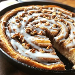 Gather these simple items to create your giant cinnamon roll skillet cake. Each ingredient plays a key role in making this treat delicious. - 2 cups all-purpose flour - 1 tablespoon baking powder - 1/2 teaspoon salt - 1/4 cup granulated sugar - 1/2 cup unsalted butter, melted - 3/4 cup milk - 1 large egg - 2 teaspoons vanilla extract - 1 cup brown sugar, packed - 2 tablespoons ground cinnamon - 1/2 cup chopped pecans or walnuts (optional) - 1 cup powdered sugar (for glaze) - 2 tablespoons milk (for glaze) - 1/2 teaspoon vanilla extract (for glaze) These ingredients blend to make a soft, sweet cake. The brown sugar and cinnamon create that classic cinnamon roll flavor. If you love nuts, throw in some pecans or walnuts for extra crunch. For the glaze, powdered sugar gives it that sweet finish. Once you gather these items, you are ready to move on to the fun part: baking! Check out the [Full Recipe] to see how to bring it all together. First, preheat your oven to 350°F (175°C). This helps the cake cook evenly. Next, take a large 12-inch oven-safe skillet and generously grease it with cooking spray or butter. This step is key to making sure your cake comes out easily after baking. In one bowl, combine the dry ingredients. Use 2 cups of all-purpose flour, 1 tablespoon of baking powder, 1/2 teaspoon of salt, and 1/4 cup of granulated sugar. Mix these well until there are no lumps. In another bowl, whisk together the wet ingredients. You will need 1/2 cup of melted unsalted butter, 3/4 cup of milk, 1 large egg, and 2 teaspoons of vanilla extract. Make sure this mixture is smooth and well blended. Now, gently fold the wet ingredients into the dry ingredients. Use a spatula and mix until just combined. It is okay if a few lumps remain. Next, prepare the cinnamon sugar mixture. In a small bowl, mix 1 cup of packed brown sugar with 2 tablespoons of ground cinnamon until evenly blended. If you want added crunch, stir in 1/2 cup of chopped pecans or walnuts. Pour half of the batter into the greased skillet. Spread it evenly. Then, sprinkle half of the cinnamon sugar mixture on top. Carefully pour the rest of the batter on top and smooth it out. Finally, sprinkle the remaining cinnamon sugar mixture evenly over the top. To create a marbled effect, use a knife or skewer to gently swirl the batter with the cinnamon sugar. Be careful not to mix it too much; you want to see the swirls. Place the skillet in your preheated oven and bake for 25-30 minutes. To check for doneness, insert a toothpick into the center. It should come out clean or with a few moist crumbs. While the cake bakes, whisk together the glaze ingredients in a bowl. Use 1 cup of powdered sugar, 2 tablespoons of milk, and 1/2 teaspoon of vanilla extract. Mix until smooth and pourable. Once the cake is done, let it cool in the skillet for about 10 minutes. Drizzle your glaze over the warm cake for a sweet and tasty finish. For the full recipe, check out the details above! To get the right texture, avoid overmixing the batter. When you combine the wet and dry ingredients, mix just until you see no dry flour. A few lumps are okay. This keeps the cake light and fluffy. To check if your cake is done, use a toothpick. Insert it into the center of the cake. If it comes out clean or with a few moist crumbs, it’s ready. If there’s wet batter, give it a few more minutes in the oven. Don’t rush this step; it’s key for a great texture. For added flavor, think about spices. You can mix in nutmeg or ginger. These spices add warmth and depth to your cake. You might also want to try almond or maple extract for a unique twist. Optional add-ins can boost the taste too. Consider adding chocolate chips or dried fruit. They add texture and surprise in every bite. You can also mix in some nuts for extra crunch. Pecans or walnuts work well here. For serving, slice the giant cinnamon roll into wedges. Serve it warm for the best experience. You can add a sprinkle of chopped nuts on top for a nice look. A light dusting of powdered sugar also adds a sweet touch. This cake pairs wonderfully with ice cream. A scoop of vanilla ice cream makes it even more delightful. You can layer the ice cream on the warm cake for a melty treat. Enjoy your delicious creation and impress your friends with this gorgeous dessert! {{image_4}} You can make this giant cinnamon roll skillet cake even more fun by adding new flavors. Try mixing in different spices like nutmeg or ginger for a warm twist. A pinch of nutmeg can add depth, while ginger brings a nice zing. Chocolate lovers can add cocoa powder to the batter for a richer taste. You can also layer chocolate chips inside the cake for a gooey surprise. If you prefer caramel, drizzle some over the top before baking. This will create a sweet, sticky layer that everyone will love. For those who need gluten-free options, swap the all-purpose flour with a gluten-free blend. Make sure it has xanthan gum for better texture. This will keep the cake soft and fluffy. If you're avoiding dairy, use almond milk or oat milk instead of regular milk. You can replace the butter with coconut oil or dairy-free margarine. This keeps the cake moist while being dairy-free. Want to make mini cakes? It’s easy! Just use small oven-safe skillets or even muffin tins. Prepare the batter as usual. Fill each skillet or muffin cup halfway, then add the cinnamon sugar mixture. Top with more batter and cinnamon sugar, just like the big version. Bake these mini delights for about 15-20 minutes. Check if they are done by inserting a toothpick. This way, you can share individual cakes with friends or family, making each bite a special treat. To keep your giant cinnamon roll skillet cake fresh, store it in the fridge. Wrap the cake tightly in plastic wrap or foil. This helps keep the cake moist. You can also place it in an airtight container. It will stay good for about 3-4 days in the fridge. If you want to freeze the cake, cut it into slices. Wrap each slice in plastic wrap, then put them in a freezer bag. Be sure to remove as much air as you can. This will help prevent freezer burn. The cake will last for about 2-3 months in the freezer. When you are ready to enjoy it, thaw the slices in the fridge overnight. To reheat your giant cinnamon roll skillet cake, use the oven for best results. Preheat your oven to 350°F (175°C). Place a slice on a baking sheet and cover it with foil. Heat for about 10 minutes or until warm. This method keeps the cake moist. You can also use the microwave for a quick reheat. Place a slice on a microwave-safe plate. Cover it with a damp paper towel. Heat it in 15-second bursts until warm. This helps maintain the cake's flavor and moisture. Enjoy every bite of this yummy treat! A Giant Cinnamon Roll Skillet Cake is a big, soft dessert that looks like a giant cinnamon roll. You can expect warm, sweet, and gooey layers of cinnamon sugar in every bite. It bakes in a skillet, which gives it a lovely crust. The top is drizzled with a smooth glaze, making it even more tempting. You can serve it warm, cut into wedges, for a cozy treat. This cake is perfect for breakfast or dessert. You can find the full recipe above to make this delicious treat. Yes, you can prep this cake ahead of time. Mix the dry ingredients and store them in an airtight container. You can also mix the wet ingredients and keep them in the fridge. Just combine them when you're ready to bake. This makes it easy to enjoy the cake fresh. If you bake it in advance, let it cool completely before wrapping it tightly. This keeps it fresh for a few days. To check if your cake is done, use a toothpick. Insert it into the center of the cake. If it comes out clean or with a few crumbs, the cake is ready. Be careful not to open the oven door too often. This can make the cake fall. A good tip is to start checking about five minutes before the end of the bake time. You can find a Giant Cinnamon Roll Skillet Cake at some bakeries or cafes. Look for places that specialize in fresh baked goods. Some restaurants might also offer this treat on their dessert menu. If you want to try it at home, you can make it yourself with the full recipe provided. Yes! You can easily change the glaze to suit your taste. Try adding different flavors like almond or maple extract. You can also mix in cocoa powder for a chocolate glaze. For a fruity twist, add some lemon juice to the glaze. This way, you can make it your own and impress your friends with unique flavors. This Giant Cinnamon Roll Skillet Cake yields about 8 to 10 servings. You can slice it into wedges for sharing. If you want smaller portions, cut it into more pieces. This makes it a great option for parties or gatherings. It's fun to serve and even more fun to enjoy! This blog post covered how to make a delicious Giant Cinnamon Roll Skillet Cake. We discussed the key ingredients and broke down each step from mixing to baking. I shared tips for texture, flavor, and presentation. You can even explore variations for dietary needs. Finally, I outlined how to store and reheat leftovers effectively. This cake is not just tasty; it’s easy and fun to make. Enjoy these tips, and happy baking!