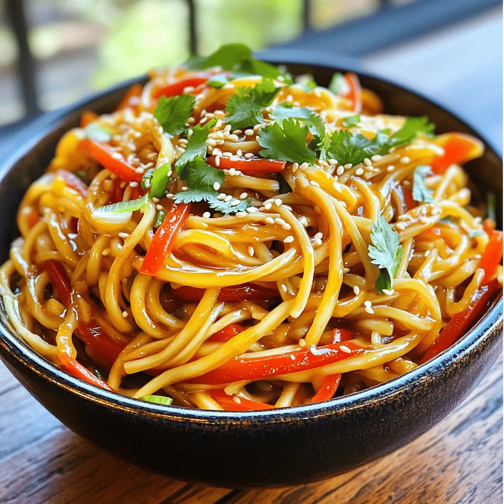 - Whole wheat spaghetti or preferred noodles - Sesame oil - Soy sauce - Rice vinegar - Chili paste (adjust for desired heat) - Honey or maple syrup - Garlic cloves - Fresh ginger - Green onions - Shredded carrots - Red bell pepper - Sesame seeds - Fresh cilantro Best noodle options for Spicy Sesame Noodles I love using whole wheat spaghetti. It adds a nutty flavor and nice texture. You can also try rice noodles or udon if you want a different taste. Substitute ideas for dietary preferences If you need a gluten-free option, use gluten-free noodles or zucchini noodles. For a vegan twist, swap honey for maple syrup. Each option keeps the dish tasty! Importance of fresh ingredients Fresh ingredients make a big difference. Use vibrant veggies and fresh garlic and ginger. They boost flavor and make your dish look great. Fresh cilantro adds a lovely finish too. You can find the full recipe for Spicy Sesame Noodles in the main section. Enjoy cooking! To cook the noodles, bring a large pot of salted water to a boil. Add your whole wheat spaghetti or preferred noodles. Cook them for about 8 to 10 minutes. You want them to be al dente, which means they should have a slight bite. Once they are ready, drain the noodles in a colander. Rinse them under cold water to stop the cooking process. This step is key to keeping the noodles firm. For the sauce, gather these ingredients: - 3 tablespoons sesame oil - 2 tablespoons soy sauce - 1 tablespoon rice vinegar - 1 tablespoon chili paste - 1 tablespoon honey or maple syrup - 2 garlic cloves, minced - 1-inch piece of fresh ginger, grated Each ingredient adds a unique flavor. Sesame oil brings nuttiness, while soy sauce adds salt. Rice vinegar gives it a slight tang. The chili paste adds heat, and honey balances the spice. In a small bowl, whisk them together until well mixed. This creates a smooth sauce. For the vegetables, you will need: - 1 cup shredded carrots - 1/2 cup red bell pepper, thinly sliced Heat a large pan or wok over medium-high heat. Add some sesame oil. Then, toss in the shredded carrots and sliced bell pepper. Stir-fry them for about 3 to 4 minutes. You want them soft but still crisp. This adds great flavor and texture to your dish. Now it’s time to mix everything. Add the cooked noodles to the pan with the vegetables. Pour the sauce over the top. Toss everything together until the noodles are evenly coated. Make sure every noodle gets that delicious sauce. This step brings all the flavors together. For the final presentation, add these garnishes: - Chopped green onions - Sesame seeds - Fresh cilantro sprigs Serve the spicy sesame noodles in a deep bowl or on a large plate. Twirl the noodles in the center for a nice look. Drizzle a bit more sesame oil for shine, and sprinkle extra sesame seeds on top. This adds a lovely touch to your dish. Enjoy your meal! To make your Spicy Sesame Noodles truly shine, balance is key. Here are some essential tips: - Flavor Balancing: Use a mix of salty, sweet, and spicy. The soy sauce gives saltiness, while honey or maple syrup adds sweetness. Adjust these to fit your taste. - Spice Adjustments: If you want more heat, add extra chili paste. Start with a small amount and taste as you go. You can always add more, but you can’t take it out! Some common errors can ruin your dish: - Overcooking the Noodles: Cook them just until al dente. This keeps them firm and prevents mushiness. Follow the package instructions closely. - Skipping Ingredient Prep: Spend time prepping your ingredients. Chop veggies and measure sauces before cooking. This helps everything come together smoothly. Want to take your dish to the next level? Here are some ideas: - Adding Toppings: Consider garnishing with chopped peanuts or crispy shallots. These add texture and crunch. Fresh herbs like cilantro bring bright flavors. - Incorporating Spices: Try adding a pinch of sesame seeds during cooking for extra nuttiness. You can also sprinkle crushed red pepper for an extra kick. For the full recipe, check out the delicious instructions above! {{image_4}} You can boost your Spicy Sesame Noodles by adding protein. Chicken, tofu, or shrimp work great. For chicken, cut it into bite-sized pieces. Sauté the chicken in a pan with a bit of sesame oil until it’s cooked through. For shrimp, cook them until they turn pink. If you use tofu, press it to remove water, then cube it. Sauté the tofu until golden brown. Once cooked, mix your protein into the noodles along with the sauce and veggies for a hearty meal. If you want a vegetarian or vegan dish, swap out the protein. Use extra veggies like bell peppers or mushrooms. You can also add chickpeas for protein. To enhance flavors without meat, try using soy sauce or miso paste. These will add depth. Fresh herbs like basil or cilantro also boost flavor. Don’t forget to adjust the sauce for more taste if needed. For a gluten-free meal, choose gluten-free noodles like rice noodles or quinoa pasta. You'll also need to check your soy sauce. Look for gluten-free soy sauce or tamari. When cooking, follow the same steps as the regular recipe. Just make sure all ingredients are gluten-free. This way, you can enjoy the dish without worrying about gluten. For the full recipe, check out the [Full Recipe]. Store your spicy sesame noodles in the fridge. Use an airtight container to keep them fresh. They can last for 3 to 5 days in the fridge. Make sure to cool the noodles before sealing the container. This helps prevent sogginess. Use glass or BPA-free plastic containers for best results. Reheat your noodles gently to keep them tasty. The microwave works well, but use a low setting. Stir the noodles halfway through to heat evenly. You can also use a pan on the stove with a splash of sesame oil. This adds flavor and helps maintain texture. If needed, add a bit of soy sauce to refresh the flavors. You can freeze spicy sesame noodles for longer storage. Divide them into meal-sized portions. Use freezer-safe bags or containers. Remove as much air as possible to avoid freezer burn. They can stay good for up to 2 months. To thaw, place them in the fridge overnight. Reheat as mentioned above for the best taste. Spicy Sesame Noodles are a tasty dish made with noodles, sesame oil, and spices. This dish has roots in Asian cuisine, especially Chinese and Japanese. You can find it in many Asian restaurants. The sauce combines sesame oil, soy sauce, and chili paste, giving it a rich flavor. This dish is both simple and quick to prepare, making it a favorite for busy weeknights. Spicy Sesame Noodles can last for up to four days in the fridge. To check for spoilage, look for off smells or changes in color. If the noodles feel slimy, it's best to toss them. Always store leftovers in an airtight container to keep them fresh longer. Yes, you can make Spicy Sesame Noodles ahead of time. I suggest cooking the noodles and sauce separately. This way, the noodles stay firm, and the sauce keeps its flavor. Store them in separate containers in the fridge. When ready to eat, just mix them together and heat. Spicy Sesame Noodles pair well with many side dishes. Some good options include: - Steamed broccoli - Stir-fried bok choy - Crispy spring rolls - Grilled chicken or tofu These sides add balance and make your meal more filling. If you want more heat, try these tips to spice things up: - Add more chili paste to the sauce. - Use fresh sliced chilies as a garnish. - Sprinkle red pepper flakes on top before serving. Adjust the spice level to your taste. Enjoy experimenting with flavors to find what you love! For the complete recipe, check out the Full Recipe section. Spicy Sesame Noodles are a quick and tasty dish. This blog detailed ingredients, cooking steps, tips, and variations. Remember to pick fresh ingredients for the best flavor. Avoid common mistakes like overcooking noodles. You can add protein or make it vegan with easy swaps. Store leftovers properly for future meals. Enjoy experimenting with spice levels and side dishes. With these tips, you’ll create a meal everyone loves.