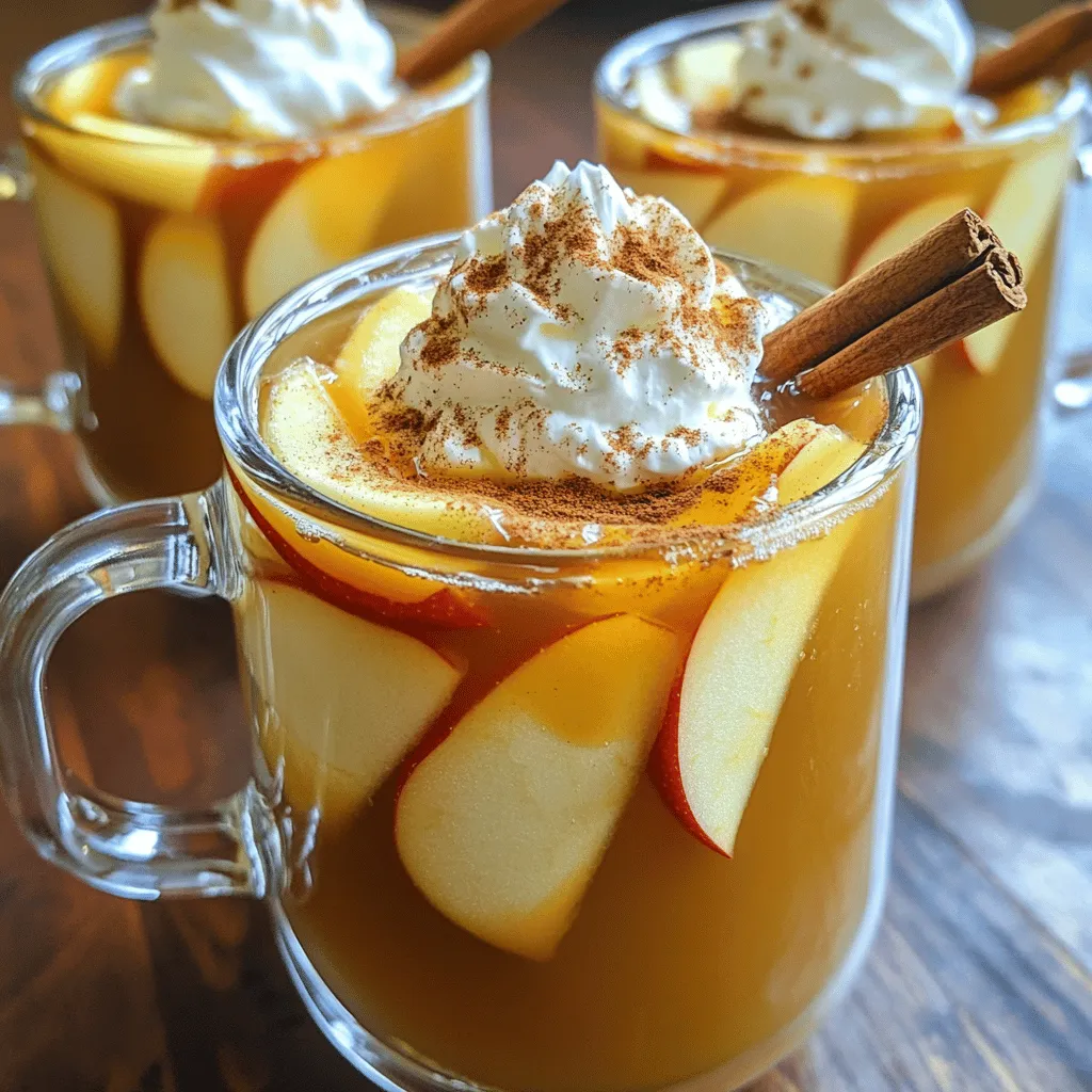 To make a warm and cozy caramel apple cider, you'll need the following main ingredients: - 4 cups apple cider - 1/2 cup caramel sauce, plus extra for drizzling - 1 cinnamon stick - 1 teaspoon vanilla extract - 1/4 teaspoon ground nutmeg - 2 crisp apples, thinly sliced These ingredients create a rich and flavorful drink that warms you from the inside out. You can enhance your cider with some optional toppings: - Whipped cream for topping - Ground cinnamon for garnish These toppings add a creamy texture and extra flavor to each sip. For an even more special drink, consider these unique additions: - A splash of maple syrup for sweetness - A pinch of ginger for a spicy kick - A few cloves for a hint of warmth These additions can elevate your caramel apple cider and make it uniquely yours. If you want to explore the detailed steps, check out the Full Recipe. Start by pouring 4 cups of apple cider into a medium saucepan. Add a cinnamon stick. This will give your cider a warm, spicy taste. Heat the cider on medium heat. Stir it every now and then. You want it warm but not boiling. This step takes around 5 to 10 minutes. Once your cider is warm, add 1/2 cup of caramel sauce. Then, pour in 1 teaspoon of vanilla extract and 1/4 teaspoon of ground nutmeg. Stir the mixture well. Make sure the caramel blends in completely. Let this mixture heat for another 5 to 10 minutes. Keep stirring so everything mixes well. After that, remove the cinnamon stick. Now it's time to serve your Caramel Apple Cider. In each mug, place a few slices of crisp apple. Pour the warm cider over the apple slices. This adds a nice crunch to each sip. For a fun touch, add whipped cream on top. Drizzle some extra caramel sauce over the cream for extra sweetness. Lastly, sprinkle a pinch of ground cinnamon on top for a beautiful finish. Serve in clear glass mugs to show off the lovely layers. Enjoy your warm and cozy fall drink! To get the best caramel flavor, stir it in slowly. When the cider is warm, add the caramel sauce. This helps it mix better. Make sure to stir often for a smooth drink. If you see any lumps, keep stirring until the caramel melts. The perfect drinking temperature is warm but not boiling. Heat the cider on medium heat. Stir it to keep the heat even. When you see steam rising, it’s close! Aim for about 160°F. Use a kitchen thermometer for best results. Serve your Caramel Apple Cider Delight in clear glass mugs. This shows off the pretty layers of cider and apples. Add a cinnamon stick or apple slice as a garnish. This makes your drink look fancy and inviting. For added flair, drizzle extra caramel on top of whipped cream. {{image_4}} You can add a splash of fun to your Caramel Apple Cider by including alcohol. Try adding spiced rum for warmth, or bourbon for a rich flavor. Just mix in one to two ounces per serving. This twist makes the drink perfect for fall gatherings or cozy nights in. You can change the flavor of your cider by using different spices. Besides cinnamon and nutmeg, try adding allspice or cloves. Just a pinch can change the drink's vibe. Experiment with these spices to find your favorite mix. You can even add a twist of orange peel for a zesty touch. If you want a lighter version, swap out the caramel sauce. Use honey or maple syrup instead. These options add sweetness without the heavy sugar load. You can also use stevia or agave nectar for a low-calorie choice. Taste as you go to find the right balance for your drink. For the full recipe, check out the Caramel Apple Cider Delight . Store any leftover caramel apple cider in an airtight container. This helps keep it fresh. Use a glass jar or a sturdy plastic container. Make sure the cider cools before sealing it. Place the container in the fridge. It stays good for a few days. To reheat the cider, use a saucepan. Pour the cider into the pan and heat it over low heat. Stir often to avoid burning. You can also use a microwave. Heat it in a microwave-safe cup for one to two minutes. Always check the temperature before sipping. Homemade caramel apple cider lasts about three to five days in the fridge. For best taste, drink it within two days. If you notice any change in smell or color, throw it away. Always label your container with the date. This helps keep track of its freshness. Enjoy your delicious drink while it’s still great! For the full recipe, check out the Caramel Apple Cider Delight. Homemade caramel apple cider lasts about three days in the fridge. Store it in a sealed container. Make sure to reheat it gently before serving again. The flavors may even deepen after a day or two. Yes, you can make caramel apple cider in a slow cooker. Simply follow the same steps but set your slow cooker on low. Let it warm for about two to three hours. This method allows the flavors to blend well and makes serving easier. Apple cider offers several health benefits: - Rich in vitamins, especially vitamin C - Contains antioxidants that help fight free radicals - May aid digestion due to its natural acids - Can support heart health when consumed in moderation Apple cider is a great way to enjoy the flavors of fall while also being good for your body. Absolutely! Store-bought caramel sauce saves time and still adds great flavor. Look for high-quality brands for the best taste. You can also heat it slightly for easier mixing. Yes, caramel apple cider is very kid-friendly! The warm flavors and sweetness make it a favorite among children. Just skip the alcohol options if you're preparing it for kids. Yes, you can make a sugar-free version. Use unsweetened apple cider and a sugar-free caramel sauce. Adjust the spices to enhance the flavor without added sugar. To add more spice, try adding more cinnamon sticks or a pinch of cloves. You can also include fresh ginger slices for a nice kick. Taste as you go to find your perfect balance. In this blog post, we explored how to make delicious caramel apple cider. We covered the main ingredients, optional toppings, and unique flavors. I shared step-by-step instructions for preparing the base cider and adding caramel. Tips for perfecting your drink’s taste and look were also included. Lastly, we looked at storage methods and answered common questions. Now you have all the tools to impress with your caramel apple cider. Enjoy the warm, cozy flavors it brings!