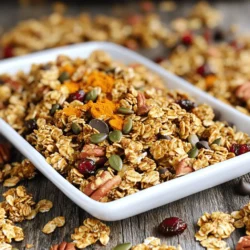 To make this snack mix, you need a few key ingredients. They give the mix its great taste and crunch. - 2 cups rolled oats - 1 cup pumpkin seeds - 1 cup pecans, coarsely chopped These three ingredients form the base of your granola. Rolled oats provide texture and bulk. Pumpkin seeds add a nice crunch, while pecans give a rich flavor. Now, let’s add some wet ingredients. They help bind everything together. - 1/2 cup honey or maple syrup - 1/4 cup coconut oil, melted - 1 teaspoon pure vanilla extract Honey or maple syrup sweetens the mix. Coconut oil gives it a slight richness. Vanilla adds warmth and depth to the flavor. Finally, we need some flavor enhancers. They make your granola pop with taste. - 1 tablespoon pumpkin spice blend - 1/2 teaspoon fine sea salt - 1 cup dried cranberries or raisins - 1/2 cup dark chocolate chips (optional) Pumpkin spice blend is the star here. It brings that cozy fall flavor. Sea salt balances the sweetness. Dried cranberries add a hint of tartness, while dark chocolate chips are for a special treat. You can find the full recipe to create this tasty mix. Follow the steps closely for the best results! - Preheat the oven to 325°F (163°C). - Line a baking sheet with parchment paper. Start by warming your oven. This ensures the granola cooks evenly. Next, grab a baking sheet and cover it with parchment paper. This will help prevent sticking and make cleanup easier. - Combine oats, pumpkin seeds, pecans, pumpkin spice, and salt. In a large bowl, mix together the rolled oats, pumpkin seeds, and coarsely chopped pecans. Then, add the pumpkin spice blend and fine sea salt. Stir well so every piece gets some flavor. - Mix honey (or maple syrup), coconut oil, and vanilla extract. - Pour wet mixture over dry ingredients. In another bowl, whisk together the honey (or maple syrup), melted coconut oil, and pure vanilla extract. This mixture adds sweetness and binds all the dry ingredients. Pour this over the dry mix and stir gently. Make sure everything is coated. - Spread onto the baking sheet and press slightly. - Bake for 20-25 minutes, stirring halfway. Now, spread the mixture onto your lined baking sheet. Press it down slightly to form clusters. Bake it in the preheated oven for 20 to 25 minutes. Be sure to stir it halfway through to promote even browning. The granola should turn golden brown and smell fantastic. - Let the granola cool completely on the baking sheet. - Add cranberries and chocolate chips once cooled. After baking, take the sheet out and let the granola cool completely. This step is key for it to clump together. Once cool, fold in the dried cranberries and dark chocolate chips. Stir gently to mix evenly. For the complete recipe, visit the Full Recipe section. To create clusters in your granola, press the mixture down gently as you spread it on the baking sheet. This helps the oats stick together. When you bake, you want to ensure even baking. Stir the granola halfway through the baking time. This keeps the edges from burning and lets it brown nicely. Balancing flavors is key. If you find the granola too sweet, try using less honey or maple syrup. You can also switch sweeteners. Brown sugar or agave syrup works well, too. Each sweetener adds a unique twist to the flavor. Make your granola your own by adding spices. A dash of cinnamon or nutmeg can boost the warmth of the mix. You can also enhance it with dried fruits or nuts. Consider adding chopped dates, dried apples, or walnuts for extra flavor and texture. The options are endless, so get creative! {{image_4}} You can easily make this pumpkin spice granola snack mix fit your diet. If you need a gluten-free option, use certified gluten-free oats. This small change allows everyone to enjoy the mix without worry. For those who prefer vegan options, swap honey for maple syrup. Maple syrup gives your granola a sweet flavor while keeping it plant-based. Want to switch things up? Try adding a chocolate and coconut twist. Just mix in some dark chocolate chips and shredded coconut. This combo adds a rich taste and a delightful chewiness. Another tasty variation is the maple pecan mix. Simply replace the pumpkin seeds with more pecans and add a splash of maple extract. This will give your granola a sweet, nutty flavor. You can also add festive ingredients to keep things fun during the holidays. Think about mixing in dried apples or cranberries for autumn vibes. You can even try other spice blends like cinnamon or nutmeg for a new taste. These little changes keep your pumpkin spice granola exciting all year round. Store your pumpkin spice granola in an airtight container. This keeps it fresh and crunchy. I recommend placing it in a cool, dry spot. Avoid areas with heat or moisture, like near the oven or sink. Your granola will stay fresh for up to two weeks at room temperature. Check for signs of staleness. If it feels soft or tastes bland, it’s past its prime. Fresh granola should be crispy and full of flavor. To keep granola longer, you can freeze it. First, let it cool completely. Then, place it in a freezer-safe bag or container. Make sure to remove as much air as possible. When you want to enjoy it, take it out and let it thaw on the counter. This keeps the texture nice. Enjoy your homemade pumpkin spice granola snack mix anytime! You can find the full recipe above. You can add many fun toppings to your mix. Here are some ideas: - Chopped nuts: Try almonds, walnuts, or cashews for extra crunch. - Seeds: Sunflower seeds or chia seeds add more nutrition. - Dried fruits: Apricots or figs can add sweetness and chewiness. - Coconut flakes: Unsweetened coconut can give a tropical twist. - Spices: A sprinkle of cinnamon or nutmeg enhances flavor. These mix-ins can make your snack mix even more exciting! Yes, you can easily prepare this recipe in advance. Make your granola mix and store it in an airtight container. It stays fresh for up to two weeks at room temperature. To save time, you can make larger batches. This way, you always have a tasty snack ready to go! To achieve that perfect crunchy texture, follow these tips: - Use less oil: Too much oil can make granola soft. - Bake longer: Keep an eye on it; bake until golden brown. - Stir halfway: This helps it bake evenly and become crunchy. - Let it cool: Cooling helps it firm up and stick together. These steps will help you create a crunchy granola snack. Yes, you can easily reduce sugar in this recipe. Here are some options: - Use less honey: Cut the amount in half for a lower-sugar mix. - Try sugar substitutes: Use stevia or erythritol for sweetness. - Add natural sweetness: Incorporate mashed bananas or unsweetened applesauce. These changes make the mix friendlier for low-sugar diets. If you prefer ready-made options, several brands offer tasty pumpkin spice granola mixes. Look for these popular choices: - Nature Valley: Known for crunchy granola with great flavors. - Bear Naked: Offers organic options with a variety of mix-ins. - KIND: Known for nut-based blends with unique flavors. You can find these at most grocery stores or online. This blog post offered a complete guide to making pumpkin spice granola snack mix. You learned about the essential ingredients, precise steps for preparation, and tips to customize and store the mix. Use the variations to match your taste or dietary needs, like gluten-free or vegan options. Involve your creativity to make a snack everyone loves. Enjoy this tasty treat that boosts energy and delights your senses. Get started now, and share your results!