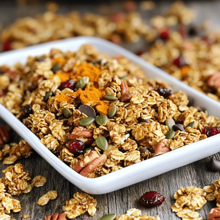 To make this snack mix, you need a few key ingredients. They give the mix its great taste and crunch. - 2 cups rolled oats - 1 cup pumpkin seeds - 1 cup pecans, coarsely chopped These three ingredients form the base of your granola. Rolled oats provide texture and bulk. Pumpkin seeds add a nice crunch, while pecans give a rich flavor. Now, let’s add some wet ingredients. They help bind everything together. - 1/2 cup honey or maple syrup - 1/4 cup coconut oil, melted - 1 teaspoon pure vanilla extract Honey or maple syrup sweetens the mix. Coconut oil gives it a slight richness. Vanilla adds warmth and depth to the flavor. Finally, we need some flavor enhancers. They make your granola pop with taste. - 1 tablespoon pumpkin spice blend - 1/2 teaspoon fine sea salt - 1 cup dried cranberries or raisins - 1/2 cup dark chocolate chips (optional) Pumpkin spice blend is the star here. It brings that cozy fall flavor. Sea salt balances the sweetness. Dried cranberries add a hint of tartness, while dark chocolate chips are for a special treat. You can find the full recipe to create this tasty mix. Follow the steps closely for the best results! - Preheat the oven to 325°F (163°C). - Line a baking sheet with parchment paper. Start by warming your oven. This ensures the granola cooks evenly. Next, grab a baking sheet and cover it with parchment paper. This will help prevent sticking and make cleanup easier. - Combine oats, pumpkin seeds, pecans, pumpkin spice, and salt. In a large bowl, mix together the rolled oats, pumpkin seeds, and coarsely chopped pecans. Then, add the pumpkin spice blend and fine sea salt. Stir well so every piece gets some flavor. - Mix honey (or maple syrup), coconut oil, and vanilla extract. - Pour wet mixture over dry ingredients. In another bowl, whisk together the honey (or maple syrup), melted coconut oil, and pure vanilla extract. This mixture adds sweetness and binds all the dry ingredients. Pour this over the dry mix and stir gently. Make sure everything is coated. - Spread onto the baking sheet and press slightly. - Bake for 20-25 minutes, stirring halfway. Now, spread the mixture onto your lined baking sheet. Press it down slightly to form clusters. Bake it in the preheated oven for 20 to 25 minutes. Be sure to stir it halfway through to promote even browning. The granola should turn golden brown and smell fantastic. - Let the granola cool completely on the baking sheet. - Add cranberries and chocolate chips once cooled. After baking, take the sheet out and let the granola cool completely. This step is key for it to clump together. Once cool, fold in the dried cranberries and dark chocolate chips. Stir gently to mix evenly. For the complete recipe, visit the Full Recipe section. To create clusters in your granola, press the mixture down gently as you spread it on the baking sheet. This helps the oats stick together. When you bake, you want to ensure even baking. Stir the granola halfway through the baking time. This keeps the edges from burning and lets it brown nicely. Balancing flavors is key. If you find the granola too sweet, try using less honey or maple syrup. You can also switch sweeteners. Brown sugar or agave syrup works well, too. Each sweetener adds a unique twist to the flavor. Make your granola your own by adding spices. A dash of cinnamon or nutmeg can boost the warmth of the mix. You can also enhance it with dried fruits or nuts. Consider adding chopped dates, dried apples, or walnuts for extra flavor and texture. The options are endless, so get creative! {{image_4}} You can easily make this pumpkin spice granola snack mix fit your diet. If you need a gluten-free option, use certified gluten-free oats. This small change allows everyone to enjoy the mix without worry. For those who prefer vegan options, swap honey for maple syrup. Maple syrup gives your granola a sweet flavor while keeping it plant-based. Want to switch things up? Try adding a chocolate and coconut twist. Just mix in some dark chocolate chips and shredded coconut. This combo adds a rich taste and a delightful chewiness. Another tasty variation is the maple pecan mix. Simply replace the pumpkin seeds with more pecans and add a splash of maple extract. This will give your granola a sweet, nutty flavor. You can also add festive ingredients to keep things fun during the holidays. Think about mixing in dried apples or cranberries for autumn vibes. You can even try other spice blends like cinnamon or nutmeg for a new taste. These little changes keep your pumpkin spice granola exciting all year round. Store your pumpkin spice granola in an airtight container. This keeps it fresh and crunchy. I recommend placing it in a cool, dry spot. Avoid areas with heat or moisture, like near the oven or sink. Your granola will stay fresh for up to two weeks at room temperature. Check for signs of staleness. If it feels soft or tastes bland, it’s past its prime. Fresh granola should be crispy and full of flavor. To keep granola longer, you can freeze it. First, let it cool completely. Then, place it in a freezer-safe bag or container. Make sure to remove as much air as possible. When you want to enjoy it, take it out and let it thaw on the counter. This keeps the texture nice. Enjoy your homemade pumpkin spice granola snack mix anytime! You can find the full recipe above. You can add many fun toppings to your mix. Here are some ideas: - Chopped nuts: Try almonds, walnuts, or cashews for extra crunch. - Seeds: Sunflower seeds or chia seeds add more nutrition. - Dried fruits: Apricots or figs can add sweetness and chewiness. - Coconut flakes: Unsweetened coconut can give a tropical twist. - Spices: A sprinkle of cinnamon or nutmeg enhances flavor. These mix-ins can make your snack mix even more exciting! Yes, you can easily prepare this recipe in advance. Make your granola mix and store it in an airtight container. It stays fresh for up to two weeks at room temperature. To save time, you can make larger batches. This way, you always have a tasty snack ready to go! To achieve that perfect crunchy texture, follow these tips: - Use less oil: Too much oil can make granola soft. - Bake longer: Keep an eye on it; bake until golden brown. - Stir halfway: This helps it bake evenly and become crunchy. - Let it cool: Cooling helps it firm up and stick together. These steps will help you create a crunchy granola snack. Yes, you can easily reduce sugar in this recipe. Here are some options: - Use less honey: Cut the amount in half for a lower-sugar mix. - Try sugar substitutes: Use stevia or erythritol for sweetness. - Add natural sweetness: Incorporate mashed bananas or unsweetened applesauce. These changes make the mix friendlier for low-sugar diets. If you prefer ready-made options, several brands offer tasty pumpkin spice granola mixes. Look for these popular choices: - Nature Valley: Known for crunchy granola with great flavors. - Bear Naked: Offers organic options with a variety of mix-ins. - KIND: Known for nut-based blends with unique flavors. You can find these at most grocery stores or online. This blog post offered a complete guide to making pumpkin spice granola snack mix. You learned about the essential ingredients, precise steps for preparation, and tips to customize and store the mix. Use the variations to match your taste or dietary needs, like gluten-free or vegan options. Involve your creativity to make a snack everyone loves. Enjoy this tasty treat that boosts energy and delights your senses. Get started now, and share your results!