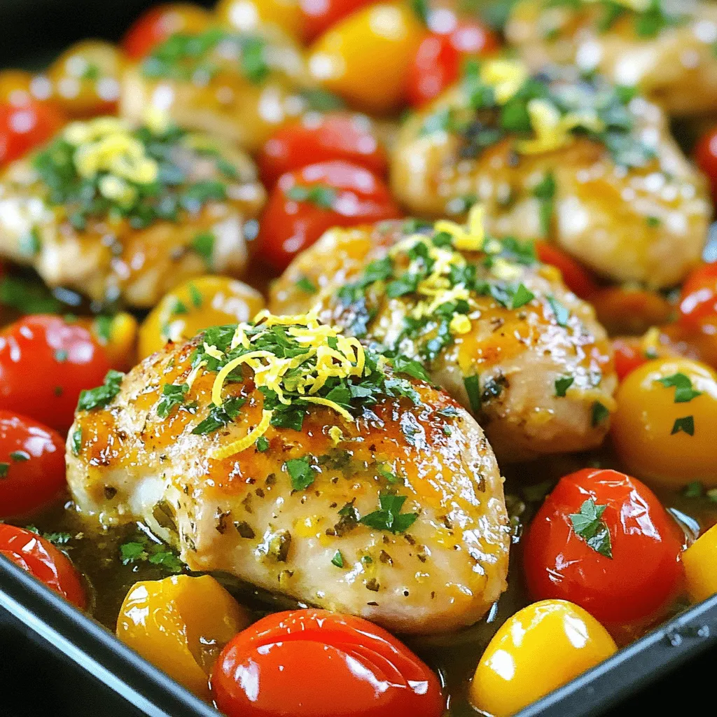 - 4 boneless, skinless chicken breasts - 2 tablespoons extra virgin olive oil - 1 cup cherry tomatoes, halved - 1 bell pepper (red or yellow), sliced into thin strips - 1 teaspoon garlic powder - 1 teaspoon onion powder - 1 teaspoon dried oregano - 1 teaspoon dried thyme - Zest and juice of 1 large lemon - Sea salt and freshly cracked black pepper - Fresh parsley, chopped For this One-Pan Lemon Herb Chicken, I focus on fresh, simple ingredients. You need chicken breasts, olive oil, and colorful veggies. The cherry tomatoes and bell pepper add sweetness and a pop of color. The seasoning is where the magic happens. The garlic powder and onion powder give depth. Oregano and thyme add a fresh herb note. Don't skip the lemon zest and juice. They brighten the dish and make it taste vibrant. Finally, a sprinkle of fresh parsley brings everything together. The green color makes the dish look fresh and inviting. You can find the full recipe in the One-Pan Lemon Herb Chicken Delight section. Enjoy! - Preheat the oven to 400°F (200°C). - Make the marinade. In a bowl, mix olive oil, garlic powder, onion powder, oregano, thyme, lemon zest, and lemon juice. Add salt and pepper. This blend adds a great taste to the chicken. - Coat the chicken breasts evenly. Use your hands or tongs to ensure the marinade covers all sides. - Let marinate for 10-15 minutes. This helps the flavors soak into the chicken well. - Prepare the vegetables in a large oven-safe skillet. Add halved cherry tomatoes and sliced bell pepper. Spread them out nicely. - Combine chicken and vegetables in the skillet. Place the marinated chicken among the veggies. - Bake for 25-30 minutes until cooked. The chicken should reach an internal temperature of 165°F (75°C). Do not open the oven door during baking. This easy recipe makes meals fun and tasty. For the complete guide, check the Full Recipe. To get the best flavor from the marinade, let the chicken sit. The longer it sits, the more it absorbs the taste. I recommend marinating for at least 10-15 minutes. You can even do this the night before to save time. To keep the chicken moist, avoid overcooking. Chicken can dry out quickly. Use a meat thermometer to check the internal temperature. When it hits 165°F (75°C), it’s done. Letting the chicken rest for a few minutes after baking helps, too. This step keeps it juicy. Using an oven-safe skillet is key. It allows you to brown the chicken and then bake it all in one dish. If you use a baking dish, you may not get the same flavor. The skillet creates a nice, golden crust. To prevent overcooking, keep an eye on the time. Set a timer for 25 minutes. If you have thick chicken breasts, check them after 30 minutes. Every oven is different, so adjust as needed. For side dishes, think fresh and light. A green salad pairs well with the lemon flavor. You could also serve rice or quinoa for a filling option. Roasted vegetables are a great choice, too. For presentation, serve the dish right from the skillet. It looks rustic and inviting. A lemon wedge on the side adds a nice touch. Sprinkle some fresh parsley over the top for color. This simple step makes the dish look professional and tasty. If you want the full recipe, check out the One-Pan Lemon Herb Chicken Delight. {{image_4}} You can switch the chicken for other proteins. Turkey works well and has a similar taste. Tofu is a great option for a plant-based meal. It soaks up flavors nicely. You can also change the veggies based on what you have. Use zucchini or asparagus for a fresh twist. Seasonal vegetables add color and nutrition. Feel free to mix up the herbs and spices. Try rosemary or basil for a unique taste. Adding cumin or paprika can bring warmth to the dish. You can use other citrus fruits too, like lime or orange. Their juices add a different zing that brightens the meal. You can cook this dish in a skillet or bake it. Skillet cooking gives a nice sear to the chicken. It cooks fast, so it’s great for busy nights. Baking lets the chicken roast evenly, making it juicy. If you prefer a slow cooker, this recipe fits well. Just add all the ingredients and cook on low for several hours. The flavors will meld beautifully. For the full recipe, check out One-Pan Lemon Herb Chicken Delight. To store leftovers, cover the dish tightly with plastic wrap or foil. You can also use an airtight container. This helps keep the chicken juicy and full of flavor. Make sure to refrigerate within two hours after cooking. For best results, eat leftovers within 3 to 4 days. When reheating, use the oven or microwave. If using the oven, set it to 350°F (175°C) and heat until warm. In the microwave, heat in short bursts and stir in between. This prevents hot spots and keeps the chicken moist. To freeze One-Pan Lemon Herb Chicken, allow it to cool completely first. Then, place it in a freezer-safe container or bag. Press out as much air as possible before sealing. This helps prevent freezer burn. You can freeze it for up to three months. When ready to eat, thaw the chicken overnight in the fridge. To reheat, place it in the oven at 350°F (175°C). Heat until it reaches 165°F (75°C) again. This ensures it’s safe to eat and delicious. For optimal freshness, store the chicken in the fridge for 3 to 4 days. If frozen, it lasts about three months. After this time, the quality may decline. Always check for any off smells or changes in color before eating. Proper storage keeps this dish tasty and enjoyable for longer! How do I ensure my chicken is not dry? To keep your chicken juicy, use a marinade with oil and lemon. Marinate for 10-15 minutes for best results. Avoid overcooking; check the chicken’s internal temperature. It should reach 165°F (75°C). Let it rest for 5 minutes after baking. This helps the juices spread out. Can I prepare this dish in advance? Yes, you can prepare the chicken and vegetables ahead of time. Marinate the chicken and store it in the fridge for up to 24 hours. You can also chop the vegetables ahead and keep them in a sealed container. Just combine everything and bake when ready. What should I serve with One-Pan Lemon Herb Chicken? This dish pairs well with rice, quinoa, or a fresh salad. You can also serve it with roasted potatoes or steamed veggies. A light, zesty side complements the lemon flavor. What if my chicken isn’t cooking evenly? Ensure that all chicken pieces are similar in size. If some pieces are thicker, they will cook slower. Cut them to a more even thickness. Also, check your oven temperature; an oven thermometer can help. Avoid opening the oven door too often. How can I adjust the recipe for larger servings? To serve more people, simply double the ingredients. Use a larger skillet or two skillets if needed. Make sure all the chicken pieces fit without crowding. This way, they will cook evenly and brown nicely. Calories per serving Each serving of One-Pan Lemon Herb Chicken has about 300 calories. This may vary depending on side dishes and portion sizes. Health benefits of the ingredients used The chicken provides protein, which is great for muscle health. Olive oil contains healthy fats that support heart health. Lemon adds vitamin C, which boosts the immune system. Tomatoes and peppers are rich in antioxidants and vitamins. These ingredients work together to create a wholesome meal. This recipe for One-Pan Lemon Herb Chicken is simple and packed with flavor. You learned about key ingredients, marinades, and cooking steps. Tips help you get moist chicken every time. You can also try ingredient swaps and adjust cooking methods. With proper storage, your leftovers will stay fresh. Cooking doesn’t need to be hard. Follow these steps, and you will impress everyone at your table. Enjoy your meal and share it with friends!