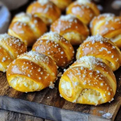 To make those tasty garlic parmesan pretzel bites, gather these items: - 1 cup warm water (110°F to 115°F) - 2 tablespoons granulated sugar - 1 packet (2 1/4 teaspoons) active dry yeast - 3 cups all-purpose flour - 1 teaspoon salt - 1/4 cup baking soda - 1/2 cup unsalted butter, melted - 1/2 cup finely grated Parmesan cheese - 3 garlic cloves, minced - 1 teaspoon dried Italian herbs (optional) - Coarse sea salt for sprinkling If you want to kick up the flavor, consider adding: - 1 teaspoon smoked paprika for a subtle smokiness. - 1/2 teaspoon red pepper flakes for a bit of heat. - Fresh herbs like chopped parsley or basil for a fresh taste. You can mix it up with these swaps: - Use whole wheat flour instead of all-purpose for more fiber. - Swap melted butter with olive oil for a lighter option. - Try using a different cheese, like cheddar or mozzarella, for varied flavor. - For a vegan version, replace butter with a plant-based alternative and yeast with a vegan-friendly option. These ingredients help create a wonderful snack. They are easy to find and simple to use. For the complete recipe, check out the Full Recipe section. First, grab a small bowl. Mix warm water, sugar, and yeast in it. Wait about 5 minutes until it gets frothy. This means the yeast is ready to work. Next, take a large mixing bowl. Combine flour and salt in it. Make a well in the center. Pour your frothy yeast mixture into the well. Stir it until a rough dough forms. Then, move the dough to a floured surface. Knead it for about 5 minutes. You want the dough smooth and elastic. Now, shape your kneaded dough into a ball. Place it in a greased bowl. Cover it with a clean towel. Find a warm spot for it to rise. Let it sit for about 30 minutes. This will help the dough double in size. While the dough rises, preheat your oven to 425°F. Line a baking sheet with parchment paper for easy cleanup. In a large pot, bring 8 cups of water to a boil. Add the baking soda to the water. This step is key for that classic pretzel texture. Once the dough has risen, punch it down gently. Divide it into small pieces, about the size of golf balls. Roll each piece into a rope and twist it into a pretzel shape. You can also keep them as small bites if you like. Carefully dip each pretzel into the boiling water for about 30 seconds. Use a slotted spoon to remove them. Place them on the baking sheet. In a small bowl, mix melted butter, minced garlic, and dried herbs, if you want extra flavor. Brush this mixture over each pretzel. Then, sprinkle grated Parmesan cheese and coarse sea salt on top. Bake the pretzel bites in your preheated oven for 12-15 minutes. They should turn a beautiful golden brown. After baking, allow them to cool slightly on a wire rack. Enjoy your warm pretzel bites! For the full recipe, check out the details provided above. To get soft and chewy pretzel bites, the boiling step is key. Boil them for 30 seconds in the baking soda water. This gives them that classic pretzel flavor and texture. Make sure the water is at a full boil before adding the dough. If you want a crispier outside, bake them a minute longer. Play with the baking time based on your oven. If you have leftover pretzel bites, let them cool completely. Place them in an airtight container. They stay fresh for up to two days at room temperature. For longer storage, freeze them. Wrap each bite in plastic wrap, then place them in a freezer bag. They can last up to three months in the freezer. Dipping sauces make these bites even better! I love pairing them with mustard or cheese sauce. Marinara also works great for a fun twist. For a unique flavor, try a garlic aioli. Choose your favorite sauce based on your mood. This way, you can switch things up each time you enjoy these pretzel bites. Find the Full Recipe for all the details you need to make these tasty snacks! {{image_4}} You can easily add more cheese to your pretzel bites. Use a mix of mozzarella and cheddar for a gooey, melty treat. Just sprinkle the cheese on top right before baking. The cheese will melt and create a beautiful crust. This adds richness and makes your bites extra delicious. Want to add some extra flavor? Try mixing in fresh herbs. Basil, rosemary, or thyme work great. Chop the herbs finely and add them to your dough when mixing. This will give a nice aroma and a fresh taste to your pretzel bites. You can also sprinkle dried herbs on top before baking for a beautiful look. Feeling like something sweet? You can turn these pretzel bites into a dessert! After baking, brush them with melted butter and toss them in a mix of cinnamon and sugar. This will create a sweet, crunchy crust. Serve them warm with a side of cream cheese frosting or chocolate sauce for dipping. They make a perfect snack for kids and adults alike! For the full recipe, check out the complete guide above. To keep your garlic Parmesan pretzel bites fresh, store them in an airtight container. Let them cool completely before sealing to prevent moisture buildup. They can last up to three days at room temperature. If you want to keep them longer, consider freezing. To freeze your pretzel bites, wait until they cool. Place them in a single layer on a baking sheet. Freeze them for about an hour until firm. Once frozen, transfer them to a zip-top bag. Remove as much air as possible before sealing. They can stay in the freezer for up to three months. When you're ready to enjoy your pretzel bites again, preheat your oven to 350°F (175°C). Place the bites on a baking sheet and cover them loosely with foil. Heat for about 10-15 minutes until they are warm and soft. You can also microwave them for about 20-30 seconds, but this may change their texture. For best results, oven reheating is the way to go. For the full recipe, check out the details above. To make soft pretzel bites, focus on your dough. Use warm water to activate the yeast. Knead the dough until it is smooth and elastic. Boil the pretzels in a baking soda solution. This step gives them a soft texture. Bake them until golden brown but avoid overcooking. You can prepare the dough ahead. After kneading, let it rise and then shape the bites. Cover and chill them for up to 24 hours. When ready to bake, let them sit at room temp for 30 minutes. Then, boil and bake as usual. To reheat your pretzel bites, use the oven. Preheat it to 350°F (175°C). Place the bites on a baking sheet and cover with foil. Heat for about 10 minutes until warm. This keeps them soft and tasty. You can swap Parmesan for other cheeses. Try cheddar, mozzarella, or even gouda. Just be sure to use a finely grated cheese. This helps it melt well and blend with the garlic flavor. Yes, you can make gluten-free pretzel bites. Use a gluten-free flour blend instead of all-purpose flour. Make sure the baking soda is gluten-free as well. Follow the same steps for mixing and boiling. Enjoy your delicious gluten-free snack! You’ve learned how to make delicious pretzel bites. We covered the essential ingredients, steps, and tips. You can add flavors and try fun variations. Storing and reheating your bites is easy too. Remember, these bites are fun to make and share. Enjoy every bite with your favorite dip or sauce. Now, it's your turn to create your own tasty treats!