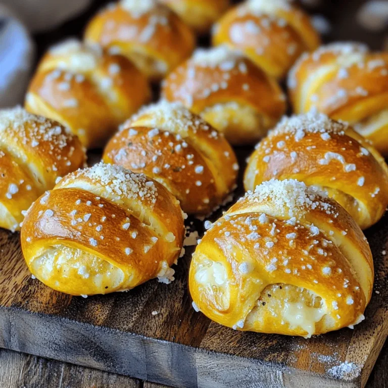 To make those tasty garlic parmesan pretzel bites, gather these items: - 1 cup warm water (110°F to 115°F) - 2 tablespoons granulated sugar - 1 packet (2 1/4 teaspoons) active dry yeast - 3 cups all-purpose flour - 1 teaspoon salt - 1/4 cup baking soda - 1/2 cup unsalted butter, melted - 1/2 cup finely grated Parmesan cheese - 3 garlic cloves, minced - 1 teaspoon dried Italian herbs (optional) - Coarse sea salt for sprinkling If you want to kick up the flavor, consider adding: - 1 teaspoon smoked paprika for a subtle smokiness. - 1/2 teaspoon red pepper flakes for a bit of heat. - Fresh herbs like chopped parsley or basil for a fresh taste. You can mix it up with these swaps: - Use whole wheat flour instead of all-purpose for more fiber. - Swap melted butter with olive oil for a lighter option. - Try using a different cheese, like cheddar or mozzarella, for varied flavor. - For a vegan version, replace butter with a plant-based alternative and yeast with a vegan-friendly option. These ingredients help create a wonderful snack. They are easy to find and simple to use. For the complete recipe, check out the Full Recipe section. First, grab a small bowl. Mix warm water, sugar, and yeast in it. Wait about 5 minutes until it gets frothy. This means the yeast is ready to work. Next, take a large mixing bowl. Combine flour and salt in it. Make a well in the center. Pour your frothy yeast mixture into the well. Stir it until a rough dough forms. Then, move the dough to a floured surface. Knead it for about 5 minutes. You want the dough smooth and elastic. Now, shape your kneaded dough into a ball. Place it in a greased bowl. Cover it with a clean towel. Find a warm spot for it to rise. Let it sit for about 30 minutes. This will help the dough double in size. While the dough rises, preheat your oven to 425°F. Line a baking sheet with parchment paper for easy cleanup. In a large pot, bring 8 cups of water to a boil. Add the baking soda to the water. This step is key for that classic pretzel texture. Once the dough has risen, punch it down gently. Divide it into small pieces, about the size of golf balls. Roll each piece into a rope and twist it into a pretzel shape. You can also keep them as small bites if you like. Carefully dip each pretzel into the boiling water for about 30 seconds. Use a slotted spoon to remove them. Place them on the baking sheet. In a small bowl, mix melted butter, minced garlic, and dried herbs, if you want extra flavor. Brush this mixture over each pretzel. Then, sprinkle grated Parmesan cheese and coarse sea salt on top. Bake the pretzel bites in your preheated oven for 12-15 minutes. They should turn a beautiful golden brown. After baking, allow them to cool slightly on a wire rack. Enjoy your warm pretzel bites! For the full recipe, check out the details provided above. To get soft and chewy pretzel bites, the boiling step is key. Boil them for 30 seconds in the baking soda water. This gives them that classic pretzel flavor and texture. Make sure the water is at a full boil before adding the dough. If you want a crispier outside, bake them a minute longer. Play with the baking time based on your oven. If you have leftover pretzel bites, let them cool completely. Place them in an airtight container. They stay fresh for up to two days at room temperature. For longer storage, freeze them. Wrap each bite in plastic wrap, then place them in a freezer bag. They can last up to three months in the freezer. Dipping sauces make these bites even better! I love pairing them with mustard or cheese sauce. Marinara also works great for a fun twist. For a unique flavor, try a garlic aioli. Choose your favorite sauce based on your mood. This way, you can switch things up each time you enjoy these pretzel bites. Find the Full Recipe for all the details you need to make these tasty snacks! {{image_4}} You can easily add more cheese to your pretzel bites. Use a mix of mozzarella and cheddar for a gooey, melty treat. Just sprinkle the cheese on top right before baking. The cheese will melt and create a beautiful crust. This adds richness and makes your bites extra delicious. Want to add some extra flavor? Try mixing in fresh herbs. Basil, rosemary, or thyme work great. Chop the herbs finely and add them to your dough when mixing. This will give a nice aroma and a fresh taste to your pretzel bites. You can also sprinkle dried herbs on top before baking for a beautiful look. Feeling like something sweet? You can turn these pretzel bites into a dessert! After baking, brush them with melted butter and toss them in a mix of cinnamon and sugar. This will create a sweet, crunchy crust. Serve them warm with a side of cream cheese frosting or chocolate sauce for dipping. They make a perfect snack for kids and adults alike! For the full recipe, check out the complete guide above. To keep your garlic Parmesan pretzel bites fresh, store them in an airtight container. Let them cool completely before sealing to prevent moisture buildup. They can last up to three days at room temperature. If you want to keep them longer, consider freezing. To freeze your pretzel bites, wait until they cool. Place them in a single layer on a baking sheet. Freeze them for about an hour until firm. Once frozen, transfer them to a zip-top bag. Remove as much air as possible before sealing. They can stay in the freezer for up to three months. When you're ready to enjoy your pretzel bites again, preheat your oven to 350°F (175°C). Place the bites on a baking sheet and cover them loosely with foil. Heat for about 10-15 minutes until they are warm and soft. You can also microwave them for about 20-30 seconds, but this may change their texture. For best results, oven reheating is the way to go. For the full recipe, check out the details above. To make soft pretzel bites, focus on your dough. Use warm water to activate the yeast. Knead the dough until it is smooth and elastic. Boil the pretzels in a baking soda solution. This step gives them a soft texture. Bake them until golden brown but avoid overcooking. You can prepare the dough ahead. After kneading, let it rise and then shape the bites. Cover and chill them for up to 24 hours. When ready to bake, let them sit at room temp for 30 minutes. Then, boil and bake as usual. To reheat your pretzel bites, use the oven. Preheat it to 350°F (175°C). Place the bites on a baking sheet and cover with foil. Heat for about 10 minutes until warm. This keeps them soft and tasty. You can swap Parmesan for other cheeses. Try cheddar, mozzarella, or even gouda. Just be sure to use a finely grated cheese. This helps it melt well and blend with the garlic flavor. Yes, you can make gluten-free pretzel bites. Use a gluten-free flour blend instead of all-purpose flour. Make sure the baking soda is gluten-free as well. Follow the same steps for mixing and boiling. Enjoy your delicious gluten-free snack! You’ve learned how to make delicious pretzel bites. We covered the essential ingredients, steps, and tips. You can add flavors and try fun variations. Storing and reheating your bites is easy too. Remember, these bites are fun to make and share. Enjoy every bite with your favorite dip or sauce. Now, it's your turn to create your own tasty treats!