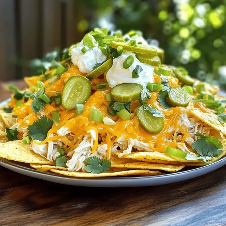 - 2 cups cooked chicken, shredded - 1 cup dill pickles, finely chopped - 1 cup ranch dressing - 2 cups tortilla chips - 1½ cups shredded cheddar cheese - ½ cup cream cheese, softened to room temperature - 1 teaspoon garlic powder - 1 teaspoon onion powder - ½ teaspoon freshly ground black pepper - 2 green onions, sliced thinly (for garnish) - Fresh cilantro, chopped (for garnish) The main ingredients for Pickle Ranch Chicken Nachos are simple and easy to find. Start with 2 cups of cooked chicken. I like to use shredded chicken for better texture. Next, add 1 cup of dill pickles. The pickles give a nice crunch and tangy flavor. You will also need 1 cup of ranch dressing, which brings everything together with its creamy taste. Don’t forget the tortilla chips! You need 2 cups for a great base. For cheese lovers, 1½ cups of shredded cheddar cheese is a must. Finally, use ½ cup of softened cream cheese. This makes the nachos extra rich and creamy. For seasoning, I always add 1 teaspoon each of garlic powder and onion powder. These spices enhance the flavor of the chicken. A pinch of freshly ground black pepper adds a bit of warmth. To finish, slice 2 green onions for garnish and chop some fresh cilantro. These herbs brighten up the dish and add color. For the full recipe, check out the detailed steps to make this fun, savory dish. With these ingredients, you will create nachos that are not only tasty but also a hit at any gathering! - Preheat your oven to 375°F (190°C). - Arrange tortilla chips on a large rimmed baking sheet. - Combine shredded chicken with ranch dressing, garlic powder, onion powder, and black pepper. - Blend softened cream cheese with finely chopped dill pickles. - Spoon chicken mixture over tortilla chips. - Dollop dill pickle and cream cheese mixture on top. - Sprinkle shredded cheddar cheese evenly over the top. - Bake in preheated oven for 15-20 minutes until cheese is bubbly and golden. - Allow to cool slightly before serving. To make this dish even more fun, you can mix it up with your favorite toppings. Consider adding sliced jalapeños for heat or diced tomatoes for freshness. I also love serving it with a drizzle of ranch dressing to enhance the flavor. You can find the full recipe [here](insert link). - Serve directly on the baking sheet or transfer to a large platter for a casual feel. - Consider additional toppings like sliced jalapeños or diced tomatoes. - Ensure an even layer of chips for balanced topping distribution. - Bake until cheese is just melted to avoid sogginess. - Drizzle extra ranch dressing before serving for added flavor. - Experiment with spices for a unique kick. When you serve your nachos, think about how they will look. Presentation matters! You can keep them on the baking sheet for a fun party vibe. If you want to impress, move them to a large platter. For the best texture, spread the chips out evenly. This way, every chip gets its share of toppings. Watch your nachos closely while they bake. You want the cheese to melt but not turn into a gooey mess. Want to amp up the flavor? A little extra ranch dressing goes a long way. You can also play with spices like paprika or chili powder to give your dish a fresh twist. Each step helps to create that perfect mix of savory and tangy flavors. Enjoy making these nachos! {{image_4}} You can change the protein in this dish. Substitute shredded chicken with turkey or cooked beef. This gives a new twist to the flavor. If you want a veggie option, use diced tofu or jackfruit. Both are great at soaking up flavors. Cheese makes nachos special. Swap cheddar cheese for Monterey Jack or pepper jack if you like more spice. For a vegan option, use a dairy-free cheese. This keeps the dish tasty and friendly for everyone. Toppings add extra fun to nachos. You can add fresh tomatoes or olives for more flavor. These bring in a nice crunch. Incorporate avocado or guacamole for creaminess. This makes each bite even better. For the full recipe, be sure to check out the details above. Store uneaten nachos in an airtight container in the fridge for up to 2 days. This keeps them fresh. To maintain crispiness, keep the toppings separate. This way, your nachos stay crunchy. Reheat in the oven for the best results. Set the oven to 350°F (175°C). Avoid the microwave to prevent sogginess. Bake for about 10 minutes or until warmed through. You can freeze components separately. Store the chicken mixture and chips in different bags. This helps preserve their freshness. When ready to eat, thaw in the fridge overnight. Then, reheat in the oven for a great texture. Yes, you can prep the chicken and toppings in advance but assemble and bake just before serving for optimal texture. This way, the chips stay crispy, and the cheese melts perfectly. I often prepare the chicken mixture the night before. Just store it in the fridge. When ready to serve, layer it on the chips and bake. It's simple and saves you time. Homemade ranch dressing or your favorite store-bought brand will work well. I love making my own because I can control the flavors. To make homemade ranch, just mix buttermilk, mayo, garlic, and herbs. If you're short on time, grab a bottle from the store. Look for one with natural ingredients for the best taste. Add sliced jalapeños or hot sauce to the chicken mixture for an added kick. If you love heat, fresh jalapeños add great flavor. You can even mix in some hot sauce if you want more spice. Just be careful not to overpower the pickle flavor. A little goes a long way! This article shared how to create tasty Pickle Ranch Chicken Nachos. You learned about essential ingredients, easy steps, and clever tips. We discussed variations to make the dish your own and how to store leftovers properly. These nachos are fun, flavorful, and sure to please everyone. Experiment with your favorite toppings or proteins. Enjoy sharing this dish and making it a hit at your next gathering!
