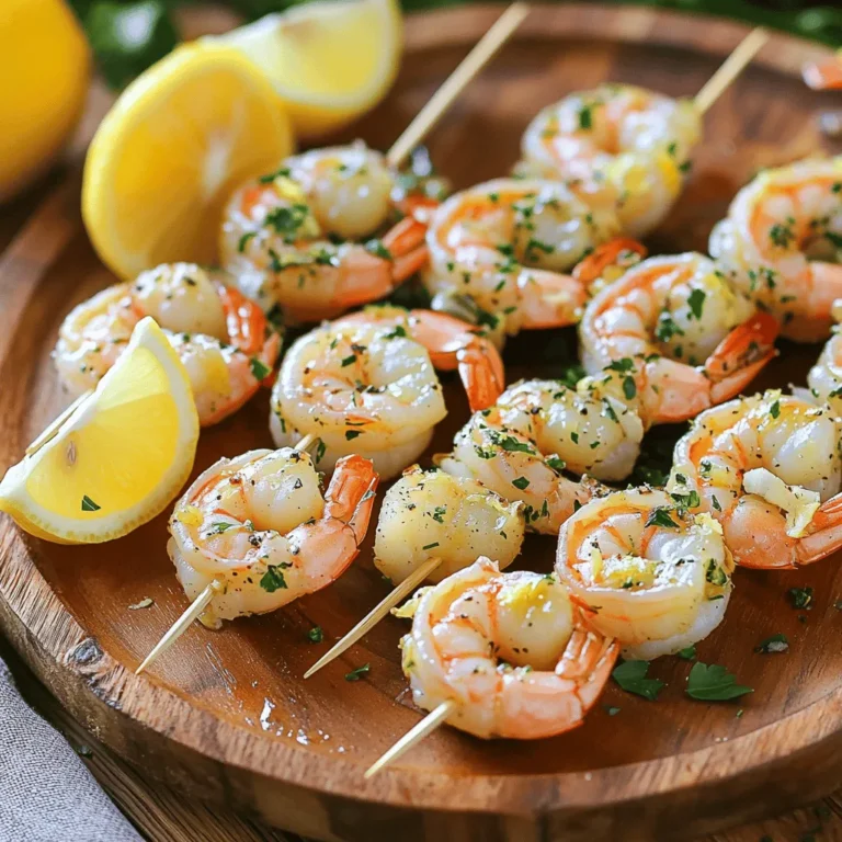 - 1 pound large shrimp, peeled and deveined - 3 cloves garlic, finely minced - 1/4 cup freshly squeezed lemon juice - Zest from 1 lemon - 3 tablespoons extra virgin olive oil - 1 teaspoon smoked paprika - 1 teaspoon dried oregano - Salt and freshly cracked black pepper to taste - Fresh parsley, finely chopped for garnish Creating Lemon Garlic Shrimp Skewers starts with choosing the right shrimp. I love using large shrimp for this recipe. Their size allows for a nice sear on the grill, keeping them juicy and tender. Make sure to peel and devein them. This step makes eating easier and avoids any grittiness. The garlic adds a strong kick. Finely minced garlic releases its oils and flavors better. Fresh lemon juice gives a bright, zesty taste. I always use fresh lemons for the best flavor. The zest from the lemon adds extra aroma and taste, too. For the marinade, I mix the lemon juice, zest, and olive oil. The olive oil helps the shrimp stay moist while cooking. Smoked paprika adds a subtle warmth and depth of flavor. It’s a must-have in my kitchen. Seasoning is key. Dried oregano gives a hint of earthiness. I love a good sprinkle of salt and black pepper. They enhance all the flavors. Finally, I chop fresh parsley for garnish. It adds color and freshness to the dish. You can find the full recipe for these skewers above. Happy grilling! To start, gather your ingredients. In a large bowl, combine: - 3 cloves garlic, finely minced - 1/4 cup freshly squeezed lemon juice - Zest from 1 lemon - 3 tablespoons extra virgin olive oil - 1 teaspoon smoked paprika - 1 teaspoon dried oregano - Salt and freshly cracked black pepper to taste Mix these well. This blend creates a fresh and zesty marinade that makes the shrimp shine. Next, take your pound of large shrimp, peeled and deveined. Add the shrimp to the bowl with the marinade. Use a spoon or your hands to coat each shrimp fully in the marinade. Cover the bowl and place it in the fridge for 30 minutes. This step allows the flavors to soak into the shrimp. Preheat your grill to medium-high heat. While it’s heating, take the marinated shrimp and thread them onto skewers. Aim for 4-5 shrimp per skewer for even cooking. When the grill is hot, place the skewers on it. Grill for about 2-3 minutes on each side. The shrimp should turn pink and opaque. For best results, check that they reach an internal temperature of 120°F (49°C). Once finished, let the skewers rest for a few minutes. This helps keep them juicy. Before serving, sprinkle with fresh parsley for color and flavor. For the complete details, check the [Full Recipe]. How do you know when shrimp are perfectly cooked? Look for a bright pink color and a firm texture. The shrimp should turn opaque, and their tails will curl slightly. Use a food thermometer if you want to check. The internal temperature should reach 120°F (49°C). Why is marinating time important? Marinating shrimp enhances their flavor. A good marinate time is about 30 minutes. This allows the garlic, lemon, and spices to soak in. If you marinate too long, the shrimp can become mushy. What are some tips for preheating your grill? Start by cleaning the grill grates. Then, turn on your grill to medium-high heat. Let it heat for 10 to 15 minutes. You want it hot enough to sear the shrimp, locking in the juices. Should you use bamboo or metal skewers? Bamboo skewers are great for grilling, but soak them in water for 30 minutes first. This helps prevent burning. Metal skewers are reusable and can handle higher heat. Choose what works best for you. How should you garnish your dish? I love to sprinkle fresh parsley on the skewers. It adds a pop of green and fresh taste. Lemon wedges are a must too. They give a zesty kick to each bite. What side dishes pair well with shrimp skewers? Consider serving rice or a fresh salad. Grilled vegetables also make a great match. These sides enhance the meal without stealing the show. For the full recipe, check the section above. Enjoy your cooking! {{image_4}} You can easily change the flavor of your lemon garlic shrimp skewers. Want some heat? Add chili flakes or a splash of hot sauce. This will give your skewers a spicy kick, perfect for those who love bold flavors. If you prefer a different taste, swap out the parsley for cilantro. Cilantro brings a fresh and bright flavor that pairs nicely with the shrimp. It can change the dish from zesty to slightly exotic in one quick step. Not feeling shrimp? You can use chicken or tofu instead. Both options soak up the marinade well. Chicken will need a bit longer to cook, so adjust your grill time accordingly. Tofu gives you a plant-based choice that still tastes great. If you run out of olive oil, you can substitute it with avocado oil. For a citrus boost, try lime juice instead of lemon juice. This small change can add a different zest to your skewers. If grilling isn't an option, you can bake your shrimp skewers in the oven. Preheat your oven to 400°F (200°C) and place the skewers on a baking sheet. Bake for about 10 minutes, turning halfway through. Broiling is another way to cook shrimp. It offers a quick method that mimics grilling. Set your broiler to high and cook the skewers for about 2-3 minutes on each side. This method gives you a nice char without the grill. You can find the full recipe for these lemon garlic shrimp skewers in the previous section. To keep your lemon garlic shrimp skewers fresh, follow these steps. First, let the skewers cool to room temperature. This helps avoid moisture build-up. Next, place them in an airtight container. Store in the fridge for up to two days. When you reheat, use medium heat on the grill or in a pan. Cook just until warm, about 2 minutes on each side. This keeps the shrimp juicy and tasty. If you want to freeze shrimp skewers, you have two options. For uncooked skewers, wrap them tightly in plastic wrap. Then, place them in a freezer bag. They can stay in the freezer for up to three months. For cooked skewers, let them cool first. Then, follow the same wrapping method. When you are ready to use them, defrost in the fridge overnight. This helps maintain their flavor and texture. You should marinate shrimp for about 30 minutes. This time is perfect for letting the flavors soak in. If you marinate too long, the shrimp may become mushy. The acid in the lemon juice can break down the shrimp’s texture. So, a 30-minute soak strikes the right balance. It gives a nice, zesty flavor without losing that firm bite. The best way to grill shrimp is on medium-high heat. Start by preheating your grill. Make sure it’s hot before adding the skewers. Place the shrimp on the grill and cook for 2-3 minutes on each side. Look for a lovely pink color and an opaque look. This means they are done. Use a meat thermometer to check for a safe internal temperature of 120°F (49°C). Also, avoid crowding the skewers to ensure even cooking. Yes, shrimp skewers are a healthy option. Shrimp is low in calories but high in protein. It offers essential nutrients like omega-3 fatty acids, which are good for your heart. This dish is also low in carbs, making it perfect for various diets. When you use fresh ingredients like garlic and lemon, you boost the dish’s health benefits. Enjoying shrimp skewers can be a smart choice for a light meal. For the full recipe, you can find details above. In this post, we explored how to make delicious lemon garlic shrimp skewers. I covered the key ingredients, marinade tips, and cooking methods. Understanding these steps ensures great flavor every time. Remember, marinading shrimp adds richness. Also, grilling gives a nice char. Feel free to try different herbs or proteins. These skewers are a fun and tasty meal. Follow these tips, and you'll impress your family and friends! Enjoy this simple yet flavorful dish anytime.