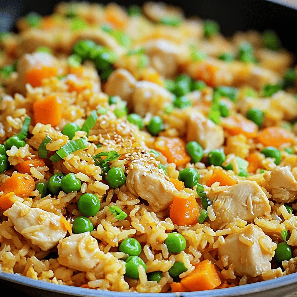 To make easy chicken fried rice, you need a few key items. Gather the following ingredients: - 2 cups cooked jasmine rice (ideally chilled for a day) - 1 cup cooked chicken breast, diced into bite-sized pieces - 1 cup mixed vegetables (such as diced carrots, peas, and sweet corn) - 2 large eggs, lightly beaten - 3 tablespoons soy sauce, preferably low sodium - 2 tablespoons toasted sesame oil - 1 tablespoon vegetable oil (for frying) - 2 green onions, finely chopped - 2 cloves garlic, minced - Salt and black pepper to taste These ingredients blend together to create a hearty dish that is both tasty and filling. You can customize this dish to your liking. Here are some optional ingredients and substitutions: - Use brown rice for a healthier option. - Add bell peppers or broccoli for extra veggies. - Substitute chicken with shrimp or tofu for a different protein. - Use tamari instead of soy sauce for a gluten-free version. - Add sesame seeds for a nutty crunch. Feel free to mix and match based on what you have at home. Choosing fresh ingredients is important for great flavor. Here are tips to help you select the best produce: - Look for bright colors in vegetables; they should be firm and not wilted. - Check for freshness by smelling the produce; it should have a pleasant scent. - For green onions, choose ones with crisp green tops and firm white ends. - Buy garlic that is dry, firm, and without any signs of sprouting. Fresh produce will enhance the taste of your chicken fried rice and make it stand out. To make easy chicken fried rice, gather all your ingredients first. This makes cooking smooth and quick. You need cooked rice, chicken, and mixed veggies. Having everything ready eases your cooking flow. The total time for this dish is about 20 minutes. It’s a fast and fun weeknight meal. 1. Heat 1 tablespoon of vegetable oil in a large skillet or wok over medium heat. Wait until it shimmers. 2. Add 2 minced garlic cloves and stir for about 30 seconds. You want it golden and fragrant. 3. Clear a space in the skillet and pour in 2 beaten eggs. Scramble them until cooked. Mix them with the garlic. 4. Next, add 1 cup of diced chicken and 1 cup of mixed vegetables. Stir well to combine. Let this cook for a couple of minutes. 5. Increase the heat to high and add 2 cups of chilled jasmine rice. Break up any clumps gently. Stir-fry for 3-5 minutes. 6. Drizzle 3 tablespoons of soy sauce and 2 tablespoons of toasted sesame oil over the rice. Toss well to coat each grain. 7. Fold in 2 chopped green onions. Season with salt and black pepper to taste. Mix everything until heated through. 8. Serve your fried rice hot. You can enjoy it as a main dish or with extra protein. - Using warm rice: Always use chilled rice. This keeps the grains separate. - Overcrowding the pan: Cook in batches if needed. This helps everything cook evenly. - Not stirring enough: Stir often to prevent sticking. It also helps mix flavors well. - Adding too much sauce: Start with less and add more if needed. You want flavor, not sogginess. By following these steps, you'll make a delicious chicken fried rice that everyone will love. For the full recipe, check the beginning of this article! To make perfect chicken fried rice, start with cold rice. Using chilled rice helps keep it from getting mushy. Leftover rice works best. If you make fresh rice, spread it out on a tray to cool. This helps dry it out. Use a hot pan for frying. A large skillet or wok is ideal. This allows the rice to fry evenly and get that nice texture. Preparing your ingredients ahead of time saves time. Chop your vegetables and chicken in advance. Keep them in separate containers. This way, you can quickly add them to the pan. You can also beat your eggs and set them aside. Having everything ready makes cooking smooth and fun. You can also double the recipe for leftovers. Chicken fried rice tastes even better the next day. Soy sauce is key for flavor, but don’t stop there. Add a splash of fish sauce for depth. A bit of oyster sauce can also add sweetness. To boost the taste, try adding sesame seeds or crushed red pepper. Fresh herbs like cilantro or basil can brighten the dish. A squeeze of lime at the end adds a nice zing. Experiment with these to find your favorite blend. For a full flavor experience, check out the Full Recipe. {{image_4}} You can easily make this dish vegetarian or vegan. Replace the chicken with tofu or tempeh. Use soy sauce or tamari for flavor. For a vegan option, skip the eggs or use chickpea flour to create a scramble. Add more veggies like bell peppers, zucchini, or mushrooms. These swaps keep the dish tasty and satisfying. If you want to change the protein, shrimp works great in fried rice. Cook the shrimp until pink and tender, then mix them with the rice. You can also try beef or pork for a different taste. Tofu is a fantastic option for a plant-based twist. It absorbs flavors well, making every bite delicious. To add some spice, try mixing in chili paste or sriracha. You can also toss in diced jalapeños or red pepper flakes. These ingredients bring heat and depth to your fried rice. If you enjoy a smoky flavor, add some smoked paprika. Experiment with these options to find the right balance for your taste buds. To keep your chicken fried rice fresh, first let it cool. Place it in an airtight container. Make sure you seal it well. This will help keep out air and moisture. Store the container in the fridge. Leftovers can last up to four days. If you want to enjoy it later, freezing is a great option. When it’s time to eat your leftover chicken fried rice, take it out of the fridge. You can reheat it on the stove or in the microwave. If using the stove, add a splash of water. This adds moisture and keeps the rice from drying out. Stir it often until it heats up. If using the microwave, cover the dish with a damp paper towel. This helps steam the rice and keep it fluffy. To freeze chicken fried rice, place it in a freezer-safe container or bag. Make sure to remove as much air as possible. Label the bag or container with the date. This way, you know how long it has been frozen. Chicken fried rice can be stored in the freezer for up to three months. When you’re ready to eat it, thaw it in the fridge overnight before reheating. Enjoy your tasty meal anytime! For more detailed cooking instructions, check the full recipe. The best rice for fried rice is jasmine rice. It has a nice texture and flavor. You can also use long-grain rice. Day-old rice works best because it is less sticky. Fresh rice can make your dish mushy. Yes, you can make chicken fried rice ahead of time. Cook it and let it cool. Store it in an airtight container in the fridge. It stays good for about three days. When ready to eat, reheat it in a pan or microwave. To keep your rice from being mushy, use day-old rice. Spread fresh rice on a baking sheet to cool. This helps dry it out. Always cook it over high heat in a hot pan. Stir-frying quickly keeps the grains separate. For a detailed guide, check the Full Recipe. Chicken fried rice is simple and tasty. We covered essential and optional ingredients, ensuring you have fresh produce. I shared easy steps for cooking, tips to avoid mishaps, and ways to enhance flavors. You can also try variations with different proteins or spice levels. Storing leftovers and reheating properly keeps your meal delightful. Now, you have the tools to make delicious chicken fried rice. Enjoy cooking and experimenting with flavors!