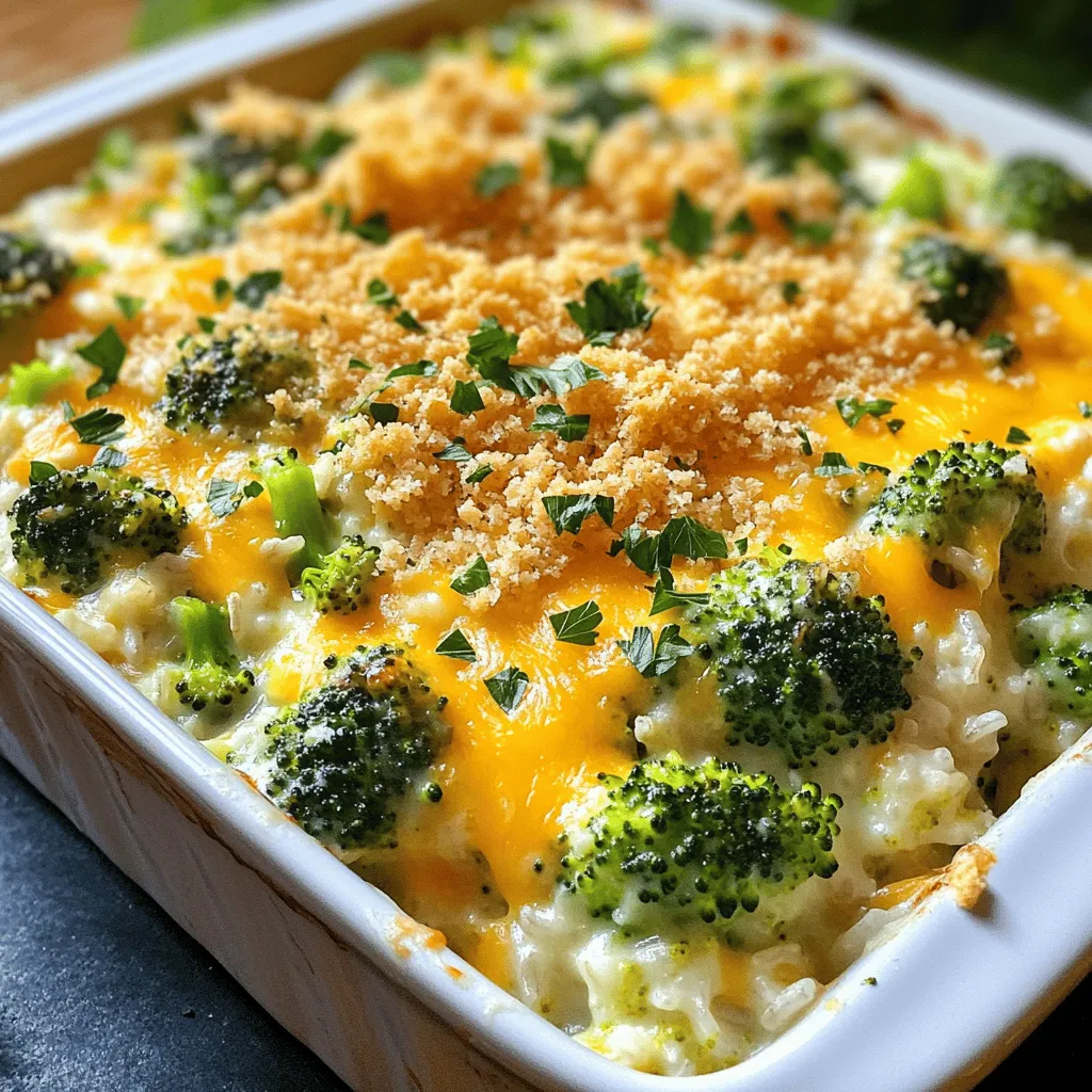 You can use fresh or frozen broccoli in this dish. Fresh broccoli gives a bright taste and a nice crunch. It also looks great when served. Frozen broccoli is easy and quick to use. It cooks fast and saves time. Both options work well in the cheesy broccoli rice casserole. Cheddar cheese is classic in this recipe, but you can try other cheeses too. Mozzarella melts nicely for a gooey texture. Gouda adds a rich, smoky flavor. For a sharp bite, use Swiss cheese. Mixing different cheeses can create a fun flavor twist. Feel free to experiment! Want to spice it up? Consider adding cooked chicken or turkey for protein. You could also mix in cooked bacon for a savory touch. If you like heat, diced jalapeños work well. Adding these optional ingredients can make the casserole even more delicious. Check the Full Recipe for more ideas! Start by preheating your oven to 350°F (175°C). This step is vital for even cooking. While the oven heats, grab a 9x13-inch baking dish. Coat it with 1 tablespoon of olive oil. This helps prevent the casserole from sticking. In a medium saucepan, heat 1 tablespoon of olive oil over medium heat. Add 1/2 cup of finely chopped onion and 2 cloves of minced garlic. Cook until the onion looks clear, about 3-4 minutes. Next, add 1 cup of uncooked long-grain white rice. Stir for about 2 minutes. This toasting adds flavor. Then, pour in 2 cups of vegetable broth. Season with salt, pepper, 1 teaspoon of mustard powder, and 1/2 teaspoon of paprika. Bring this mixture to a boil. Once it boils, lower the heat and cover the pan. Let it simmer for 15-20 minutes or until the rice is soft and has absorbed the broth. While the rice cooks, steam 2 cups of broccoli florets until they are bright green and tender. This usually takes about 5-7 minutes. After steaming, drain the broccoli. In a large bowl, mix the cooked rice, steamed broccoli, 1 cup of shredded cheddar cheese, 1/2 cup of softened cream cheese, and 1 cup of milk. Stir until everything is well combined and the cheeses melt into the mix. Now, transfer this cheesy mixture into the greased baking dish. Spread it evenly. If you like a crunchy topping, sprinkle 1/2 cup of breadcrumbs over the top. Bake in the oven for 20-25 minutes. The casserole is ready when it is hot and the top is golden brown. Enjoy your delicious Cheesy Broccoli Rice Casserole! For the full recipe, please refer to the earlier section. To make your casserole creamy and smooth, use fresh ingredients. Fresh broccoli gives a nice crunch. Cook the rice well so it blends nicely with the broccoli and cheese. If you want a firmer bite, slightly undercook the rice. This way, it won’t become mushy during baking. Add layer after layer of flavor for a tasty dish. Use garlic and onion to build a base. They add warmth and depth. Mustard powder and paprika bring a slight kick. You can also try adding a splash of hot sauce for some extra heat. Another great tip? Mix in herbs like thyme or basil for freshness. Want to save time? Use frozen broccoli. It cooks quickly and still tastes great. You can also prep the rice the night before. This cuts down on cooking time. If you’re short on time, skip the breadcrumb topping. Just sprinkle more cheese on top before baking for a gooey finish. For the full recipe, check out the detailed steps mentioned earlier. {{image_4}} You can make this casserole heartier by adding proteins. Cooked chicken, turkey, or even ham works well. Just chop the meat into small pieces and mix it in with the rice and broccoli. This adds flavor and makes it a full meal. If you prefer plant-based options, try adding chickpeas or tofu for protein without meat. If you want to keep it vegetarian, focus on tasty add-ins. You can use mushrooms or spinach for extra flavor. Both add great texture and nutrients. Even a can of drained beans can boost the protein and fiber. Mix these in with the other ingredients before baking. This keeps it healthy and satisfying. To make this casserole gluten-free, swap out the regular rice for a gluten-free option. Brown rice or quinoa works great. Check that your broth and any added toppings, like breadcrumbs, are gluten-free. This way, everyone can enjoy this dish without worry. You still get that creamy, cheesy goodness without the gluten. Feel free to explore these variations as you prepare your cheesy broccoli rice casserole! For the full recipe, check the earlier section. After you make your cheesy broccoli rice casserole, let it cool down. Cover it tightly with plastic wrap or aluminum foil. You can store it in the fridge for about three to four days. This way, you keep the flavors fresh and tasty. Make sure to mark the date on the container, so you remember when you made it. If you want to save some for later, freezing works well. First, let the casserole cool completely. Then, cut it into portions for easy serving. Wrap each portion in plastic wrap and place them in a freezer-safe bag. You can freeze it for up to three months. When you’re ready to eat, just thaw it overnight in the fridge. To reheat your casserole, use the oven for the best taste. Preheat it to 350°F (175°C). Place the casserole in an oven-safe dish and cover it with foil. Heat it for about 20 minutes or until it’s hot throughout. If you want a crispy top, remove the foil for the last five minutes. You can also use the microwave, but your casserole may not get crispy. Heat it in short bursts, stirring in between, so it warms evenly. For full details, check the Full Recipe. To make Cheesy Broccoli Rice Casserole from scratch, follow these steps: 1. Preheat your oven to 350°F (175°C). 2. Grease a 9x13-inch baking dish with olive oil. 3. Sauté chopped onion and minced garlic in olive oil until soft. 4. Add uncooked rice and toast it for a couple of minutes. 5. Pour in vegetable broth and season with salt, pepper, mustard powder, and paprika. 6. Bring to a boil, then simmer until the rice is tender. 7. Steam broccoli florets until bright green and tender. 8. Mix cooked rice, broccoli, cheddar cheese, cream cheese, and milk in a bowl. 9. Transfer the mixture to the baking dish and top with breadcrumbs. 10. Bake for 20-25 minutes until golden brown. This recipe is simple and delicious, perfect for a cozy meal. You can find the Full Recipe in this article for detailed steps. Yes, you can substitute many ingredients in this casserole. Here are some ideas: - Rice: Use brown rice or quinoa for a different texture. - Cheese: Try mozzarella or gouda instead of cheddar for unique flavor. - Broccoli: Swap in cauliflower or spinach for variety. - Milk: Almond or oat milk can replace regular milk for dairy-free options. Feel free to mix and match based on what you have at home! Several side dishes go well with Cheesy Broccoli Rice Casserole. Here are some of my favorites: - Garden Salad: A fresh salad adds crunch and balance. - Garlic Bread: This pairs nicely with the rich flavors of the casserole. - Roasted Vegetables: Roasted carrots or green beans add color and nutrients. - Grilled Chicken: A simple protein option to round out the meal. Choose sides that complement the creamy, cheesy goodness of the casserole for a satisfying dinner! This blog post covered key steps to make a great Cheesy Broccoli Rice Casserole. We explored fresh and frozen broccoli, cheese options, and other add-ins. I shared easy instructions for preheating, cooking rice, and combining flavors. To perfect your dish, I provided tips on texture and time-saving tricks. Don’t forget about yummy variations and proper storage. With these insights, you can create a tasty casserole that suits your taste and needs. Enjoy cooking!