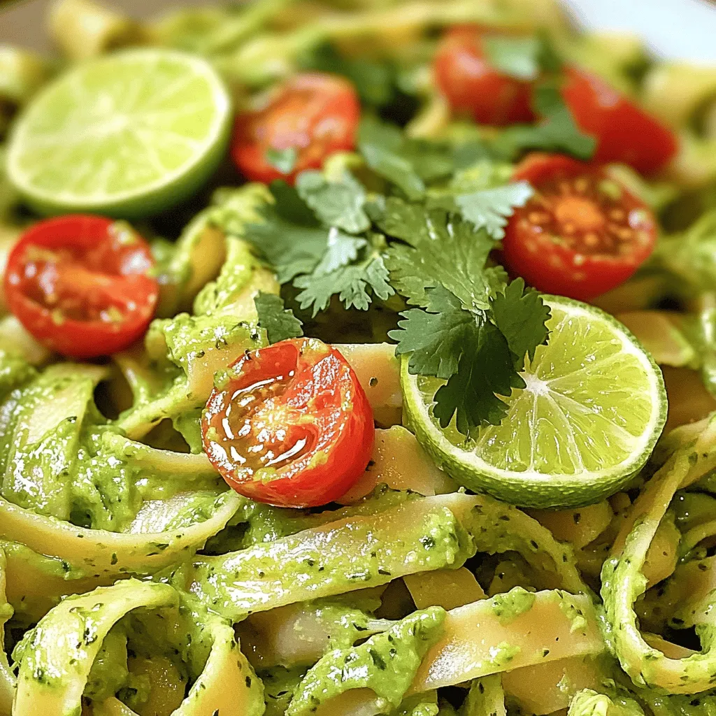- 12 oz pasta (spaghetti or fettuccine recommended) - 2 ripe avocados - 1/4 cup fresh cilantro leaves - 2 cloves garlic - 1/4 cup fresh lime juice - 1/4 cup extra virgin olive oil - Red pepper flakes, salt, and black pepper to taste - Garnish: cherry tomatoes and lime zest When you make creamy avocado cilantro lime pasta, you need fresh and ripe ingredients. Start with your pasta. I recommend spaghetti or fettuccine, as they hold the sauce well. You want about 12 ounces. Next, the star of the dish is the avocado. Choose two ripe avocados; they should feel soft but not mushy. Slice them in half, remove the pit, and scoop the green flesh into your blender. Fresh cilantro adds a bright flavor. Use about 1/4 cup of tightly packed leaves. The garlic, two cloves, will give your sauce a nice kick. Finely mince it for even flavor. For the sauce, you need lime juice—1/4 cup of fresh juice from about two limes. The juice gives the dish a zesty punch. A splash of extra virgin olive oil, also 1/4 cup, makes the sauce smooth and rich. Add some red pepper flakes, salt, and black pepper to taste. These will enhance the flavors. Finally, for garnish, consider halved cherry tomatoes and a sprinkle of lime zest. They’ll add color and freshness to your final dish. For the full recipe details, check the section titled Full Recipe. To start, you need a large pot. Fill it with water and add a pinch of salt. Place the pot on the stove and turn the heat to high. Wait for the water to come to a boil. This usually takes a few minutes. Once it boils, add your pasta. I suggest using spaghetti or fettuccine. Cook the pasta for 8 to 10 minutes. You want it to be al dente, which means it should be firm but not hard. A quick taste test will help you check if it’s just right. Before draining, remember to save about one cup of the pasta water. This starchy water is useful later! Now, let’s make the creamy sauce! Grab a food processor or a blender. In it, add the scooped avocado, fresh cilantro, minced garlic, lime juice, and olive oil. If you like a bit of spice, toss in some red pepper flakes too. Blend everything until it’s smooth and creamy. If the sauce is too thick, slowly add some of the pasta water you saved. This will help you get the perfect consistency. You want it to be creamy but not runny. It’s time to bring it all together! In a large mixing bowl, combine the drained pasta with your creamy avocado sauce. Use a spatula or tongs to gently mix them. You want every strand of pasta coated in that luscious sauce. Next, season the dish with salt and freshly ground black pepper. This step is key to enhancing the flavors. When serving, use shallow bowls for a nice look. Top each plate with halved cherry tomatoes for color and a sprinkle of lime zest for that fresh burst. If you want, add a few cilantro leaves on top for extra flair. Enjoy your Creamy Avocado Cilantro Lime Pasta! For the full recipe, check out the details above. To make the sauce just right, you need to adjust the thickness. If it feels too thick, add a little reserved pasta water. This water helps make the sauce creamy without losing flavor. Start with a tablespoon and blend it in. Keep adding until you reach the perfect consistency. You can also enhance the flavors with seasoning. Use salt and fresh black pepper to bring everything together. If you like a bit of heat, add red pepper flakes. This will give your dish a nice kick without overpowering the creamy taste. When serving, aim for a beautiful display. Use shallow bowls to show off the vibrant colors. Garnish each bowl with halved cherry tomatoes and lime zest. This not only looks good but adds fresh flavors. A lime wedge on the side makes it even more inviting. For sides, consider serving with a crisp salad or garlic bread. These will balance the creamy pasta and add texture to your meal. To save time, prep your ingredients ahead of time. You can chop the avocados and cilantro earlier in the day. Keeping everything ready will speed up your cooking process. Another trick is to cook the pasta and sauce at the same time. Start boiling your pasta, then blend your sauce. By the time your pasta cooks, your sauce will be ready to go. This way, you can enjoy your creamy avocado cilantro lime pasta in just 20 minutes! For the Full Recipe, check the section above. {{image_4}} You can easily add protein to your creamy avocado cilantro lime pasta. Here are some tasty options: - Chicken: Grilled or sautéed chicken adds a nice flavor. Simply slice it and mix it in. - Shrimp: Cook shrimp in olive oil and garlic. Toss it with the pasta for a seafood twist. - Tofu: For a plant-based option, use firm tofu. Cube and sauté it until golden. Adding protein makes the dish heartier and more filling. You can mix and match based on your taste. If you want to make this dish vegan, it’s simple! Here are some swaps: - Pasta: Use whole grain or legume-based pasta to ensure it's vegan. - Olive Oil: This is already vegan, so no changes needed. - Avocados: Perfect as is; they add creaminess without dairy. - Garlic and cilantro: These fresh ingredients fit well in vegan meals. With these easy swaps, you'll still enjoy a creamy and rich flavor without any animal products. For those who need gluten-free options, there are many types of pasta to choose from: - Brown Rice Pasta: This is a great substitute and holds up well. - Quinoa Pasta: It gives a nice texture and is also protein-rich. - Zucchini Noodles: For a low-carb option, spiralized zucchini works wonderfully. These gluten-free alternatives allow everyone to enjoy this dish without worry. Just cook them according to package instructions. For the full recipe, check the details above. To store your creamy avocado cilantro lime pasta, follow these easy steps. Place the pasta in an airtight container. Cover it tightly to keep out air. This helps prevent spoilage. You can keep it in the fridge for up to three days. Freezing the pasta is a great option for longer storage. Start by separating the creamy sauce from the pasta. Place the sauce in a freezer-safe bag or container. Squeeze out extra air before sealing. You can freeze it for up to three months. When you want to enjoy it again, thaw the sauce overnight in the fridge. Reheat it gently on the stove or microwave. Stir in a bit of water if the sauce is too thick. For the pasta, you can freeze it too. Just cook it al dente before freezing. Thaw it in the fridge and reheat in boiling water for a quick meal. Get creative with your leftover pasta! You can turn it into a pasta salad. Toss it with fresh veggies and a splash of olive oil. Another idea is to mix it into a frittata. Just add eggs and bake until set. You can also add it to soups for a hearty meal. The possibilities are endless, and you can reduce waste while enjoying new flavors. If you can't use avocados, try these options: - Silken tofu: This adds creaminess without strong flavor. - Greek yogurt: Choose plain, unsweetened for a tangy taste. - Cashews: Soak them in water, then blend for a rich texture. - Hummus: This gives a unique flavor and a creamy feel. These alternatives work well in the creamy avocado cilantro lime pasta. They keep the dish rich and smooth. To spice up your pasta, consider these add-ins: - Jalapeños: Chop fresh or pickled for a zesty kick. - Cayenne pepper: Use a pinch for extra heat. - Sriracha: Drizzle some sauce into the avocado blend. - Chipotle powder: This adds a smoky flavor along with heat. These spices help you adjust the heat level to your taste. Yes, you can prep this meal ahead of time! Here are some tips: - Cook the pasta: Store it in an airtight container after cooling. - Make the sauce: Blend and store it in the fridge for up to two days. - Combine before serving: Mix the pasta and sauce shortly before eating for the best flavor. This makes it easy to enjoy the dish when you're busy. This recipe is quite flexible: - Vegan: Use plant-based options for creaminess. - Gluten-free: Substitute with gluten-free pasta. - Nut-free: Stick to avocado or use silken tofu. These options help many people enjoy this creamy avocado cilantro lime pasta. To enhance the creaminess of the sauce, try these tips: - Add more olive oil: This makes the sauce richer. - Incorporate pasta water: Use this to adjust thickness while mixing. - Blend longer: A longer blend creates a smoother texture. These methods help you achieve the perfect creamy sauce for your dish. For the full recipe, check the earlier section. This blog post shared a simple, tasty avocado pasta recipe, covering ingredients, instructions, and tips. You learned how to make a creamy sauce with avocados, garlic, and cilantro. You also discovered ways to adjust the recipe with proteins and dietary needs. Remember, cooking can be fun and flexible. Don’t hesitate to customize this dish to your taste. Enjoy your delicious meal, and feel free to experiment with your favorite ingredients!