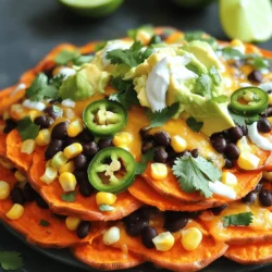 To make loaded sweet potato nachos, gather these simple items: - 2 large sweet potatoes, washed and sliced into thin rounds - 1 tablespoon olive oil - 1 teaspoon smoked paprika - 1 teaspoon garlic powder - 1 teaspoon ground cumin - Salt and freshly cracked pepper to taste - 1 cup canned black beans, rinsed and drained - 1 cup corn kernels (fresh, canned, or frozen) - 1 cup shredded cheese (preferably sharp cheddar or a melty cheese blend) - 1 ripe avocado, diced - 1/4 cup fresh cilantro, roughly chopped - 1 jalapeño, sliced (optional for heat) - 1/2 cup Greek yogurt or sour cream (for drizzling) - Lime wedges for serving Feel free to get creative with your toppings! Here are some ideas: - Sliced olives for a briny kick - Diced tomatoes for freshness - Pickled onions for added tang - Hot sauce for extra heat Loaded sweet potato nachos are not just tasty; they also pack a nutritional punch! Here’s a quick look at the benefits: - Sweet potatoes are rich in vitamins A and C. - Black beans offer a great source of protein and fiber. - Avocados provide healthy fats that keep you full. - Corn adds natural sweetness and fiber. These nachos are a fun and hearty dish, perfect for sharing or enjoying solo. You can find the full recipe to guide you through each step in making this delight! To start, preheat your oven to 400°F (200°C). This step is vital for crisping the sweet potatoes. A hot oven helps them cook evenly and turn golden brown. Next, grab two large sweet potatoes. Wash them well and slice them into thin rounds. In a bowl, mix the sweet potato slices with one tablespoon of olive oil, one teaspoon of smoked paprika, one teaspoon of garlic powder, and one teaspoon of ground cumin. Add salt and pepper to taste. Toss everything together until the slices are well-coated. Proper seasoning makes a big difference! Spread the sweet potato slices on a baking sheet in a single layer. Bake for 20 to 25 minutes. Remember to flip them halfway through to ensure they crisp up nicely. Once they are golden and crispy, take them out of the oven. Transfer the sweet potatoes to a large oven-safe platter or a cast-iron skillet. This will be the base for your nachos. Now it’s time to layer the toppings. Evenly distribute one cup of rinsed black beans, one cup of corn kernels, and one cup of shredded cheese over the sweet potatoes. This ensures every bite is packed with flavor. Put the platter back in the oven for an extra 5 to 7 minutes until the cheese melts and bubbles. Once melted, remove the nachos and top with diced avocado, chopped cilantro, and sliced jalapeños if you want some heat. For a creamy finish, drizzle Greek yogurt or sour cream on top. Serve warm with lime wedges for a zesty kick! For the full recipe, check out the detailed steps outlined earlier. To make crispy sweet potatoes, start with thin slices. Aim for about 1/4 inch thick. Thinner slices crisp up better. Coat the slices with olive oil and spices well. Make sure they are not overcrowded on the baking sheet. This lets hot air circulate around them, giving that perfect crunch. Flip them halfway through baking. This ensures even crispiness on both sides. You can mix up the toppings based on your taste. Try adding jalapeños for heat or diced tomatoes for freshness. Black olives or green onions can add extra flavor. You can also swap the cheese. Use pepper jack for spice or a vegan cheese option if you prefer. Don't be afraid to experiment! Serve your nachos on a warm cast-iron skillet. This keeps them hot and creates a fun vibe. Garnish with fresh cilantro and lime wedges. The colors make the dish pop and look inviting. You could also place the toppings in separate bowls for a build-your-own nacho bar. This adds a fun twist to your gathering and lets everyone customize their plate. For the full recipe, check out the details above. {{image_4}} To make loaded sweet potato nachos even more exciting, think about adding bold flavors. You can try different spices to change the taste. For instance, use chili powder for heat or Italian herbs for a fresh twist. A drizzle of hot sauce can add a nice kick too. You can also mix in different cheeses. Monterey Jack or pepper jack cheese melt well and add richness. Experimenting with toppings can lead to surprising and tasty results. If you want to boost protein in your nachos, consider adding cooked chicken, turkey, or even pulled pork. These meats blend well with the sweet potatoes and other toppings. For a vegetarian choice, try using lentils or quinoa. Both options are tasty and add a nice texture. If you enjoy seafood, shrimp or crab meat can also make a delicious addition. The key is to find a protein that fits your taste and diet. Making loaded sweet potato nachos vegan is easy. Replace cheese with vegan cheese or skip it altogether for a lighter dish. You can use cashew cream or avocado for a rich, creamy texture. For a gluten-free option, this recipe is already gluten-free! Just ensure you use certified gluten-free ingredients. Pair the nachos with a side of fresh salsa or guacamole, and you will have a delightful dish for everyone to enjoy. For the full recipe, check out the loaded sweet potato nachos. To keep your loaded sweet potato nachos fresh, store them in an airtight container. Place them in the fridge within two hours of cooking. They taste best when eaten within three days. You can separate the toppings from the sweet potatoes. This helps prevent sogginess. Reheating your nachos is easy. Preheat your oven to 350°F (175°C). Spread the nachos on a baking sheet. Bake for about 10 minutes. This warms them up and keeps them crispy. If you prefer a microwave, place them on a microwave-safe plate. Heat in 30-second intervals until warm. If you want to store them longer, freeze the sweet potato nachos. First, let them cool completely. Then, wrap them tightly in plastic wrap. Place them in a freezer-safe bag. They can stay in the freezer for up to three months. To enjoy, thaw them in the fridge overnight before reheating. For the full recipe and more cooking tips, check out the complete guide. To make loaded sweet potato nachos, start with sweet potatoes. Wash and slice them thinly. Toss the slices with olive oil and spices. Bake them until crispy. Then, layer the baked slices with black beans, corn, and cheese. Bake again to melt the cheese. Finally, top with avocado, cilantro, and yogurt. For the full recipe, check out the detailed instructions above. Yes, you can use regular potatoes. They will work well in this recipe. They will taste different but still be great. Just keep the cooking times the same, and you’ll enjoy delicious nachos. The best toppings for loaded nachos include: - Shredded cheese - Black beans - Corn - Avocado - Fresh cilantro - Jalapeños - Greek yogurt or sour cream - Lime wedges Feel free to get creative with your choices! To make this recipe healthier, consider these tips: - Use less cheese or a lower-fat cheese. - Add more vegetables like bell peppers or onions. - Swap Greek yogurt for sour cream for fewer calories. - Serve with a side salad to add nutrients. These changes will keep the flavor while making it lighter. Loaded sweet potato nachos can last in the fridge for up to three days. Store them in an airtight container. When ready to eat, simply reheat in the oven. This helps keep them crispy and delicious! In this guide, we explored how to make delicious loaded sweet potato nachos. We covered ingredients, step-by-step instructions, tips, variations, and storage info. Each section provided key details for perfecting your nachos. Remember, you can customize and adjust based on your taste. The right toppings and techniques can elevate your dish. Enjoy your nachos fresh or stored for later. With these tips, you can impress friends and family. Dive into this tasty treat and make it your own!