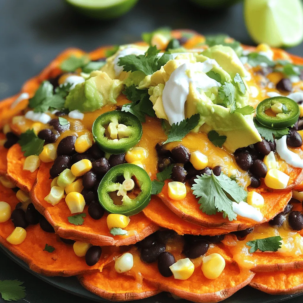 To make loaded sweet potato nachos, gather these simple items: - 2 large sweet potatoes, washed and sliced into thin rounds - 1 tablespoon olive oil - 1 teaspoon smoked paprika - 1 teaspoon garlic powder - 1 teaspoon ground cumin - Salt and freshly cracked pepper to taste - 1 cup canned black beans, rinsed and drained - 1 cup corn kernels (fresh, canned, or frozen) - 1 cup shredded cheese (preferably sharp cheddar or a melty cheese blend) - 1 ripe avocado, diced - 1/4 cup fresh cilantro, roughly chopped - 1 jalapeño, sliced (optional for heat) - 1/2 cup Greek yogurt or sour cream (for drizzling) - Lime wedges for serving Feel free to get creative with your toppings! Here are some ideas: - Sliced olives for a briny kick - Diced tomatoes for freshness - Pickled onions for added tang - Hot sauce for extra heat Loaded sweet potato nachos are not just tasty; they also pack a nutritional punch! Here’s a quick look at the benefits: - Sweet potatoes are rich in vitamins A and C. - Black beans offer a great source of protein and fiber. - Avocados provide healthy fats that keep you full. - Corn adds natural sweetness and fiber. These nachos are a fun and hearty dish, perfect for sharing or enjoying solo. You can find the full recipe to guide you through each step in making this delight! To start, preheat your oven to 400°F (200°C). This step is vital for crisping the sweet potatoes. A hot oven helps them cook evenly and turn golden brown. Next, grab two large sweet potatoes. Wash them well and slice them into thin rounds. In a bowl, mix the sweet potato slices with one tablespoon of olive oil, one teaspoon of smoked paprika, one teaspoon of garlic powder, and one teaspoon of ground cumin. Add salt and pepper to taste. Toss everything together until the slices are well-coated. Proper seasoning makes a big difference! Spread the sweet potato slices on a baking sheet in a single layer. Bake for 20 to 25 minutes. Remember to flip them halfway through to ensure they crisp up nicely. Once they are golden and crispy, take them out of the oven. Transfer the sweet potatoes to a large oven-safe platter or a cast-iron skillet. This will be the base for your nachos. Now it’s time to layer the toppings. Evenly distribute one cup of rinsed black beans, one cup of corn kernels, and one cup of shredded cheese over the sweet potatoes. This ensures every bite is packed with flavor. Put the platter back in the oven for an extra 5 to 7 minutes until the cheese melts and bubbles. Once melted, remove the nachos and top with diced avocado, chopped cilantro, and sliced jalapeños if you want some heat. For a creamy finish, drizzle Greek yogurt or sour cream on top. Serve warm with lime wedges for a zesty kick! For the full recipe, check out the detailed steps outlined earlier. To make crispy sweet potatoes, start with thin slices. Aim for about 1/4 inch thick. Thinner slices crisp up better. Coat the slices with olive oil and spices well. Make sure they are not overcrowded on the baking sheet. This lets hot air circulate around them, giving that perfect crunch. Flip them halfway through baking. This ensures even crispiness on both sides. You can mix up the toppings based on your taste. Try adding jalapeños for heat or diced tomatoes for freshness. Black olives or green onions can add extra flavor. You can also swap the cheese. Use pepper jack for spice or a vegan cheese option if you prefer. Don't be afraid to experiment! Serve your nachos on a warm cast-iron skillet. This keeps them hot and creates a fun vibe. Garnish with fresh cilantro and lime wedges. The colors make the dish pop and look inviting. You could also place the toppings in separate bowls for a build-your-own nacho bar. This adds a fun twist to your gathering and lets everyone customize their plate. For the full recipe, check out the details above. {{image_4}} To make loaded sweet potato nachos even more exciting, think about adding bold flavors. You can try different spices to change the taste. For instance, use chili powder for heat or Italian herbs for a fresh twist. A drizzle of hot sauce can add a nice kick too. You can also mix in different cheeses. Monterey Jack or pepper jack cheese melt well and add richness. Experimenting with toppings can lead to surprising and tasty results. If you want to boost protein in your nachos, consider adding cooked chicken, turkey, or even pulled pork. These meats blend well with the sweet potatoes and other toppings. For a vegetarian choice, try using lentils or quinoa. Both options are tasty and add a nice texture. If you enjoy seafood, shrimp or crab meat can also make a delicious addition. The key is to find a protein that fits your taste and diet. Making loaded sweet potato nachos vegan is easy. Replace cheese with vegan cheese or skip it altogether for a lighter dish. You can use cashew cream or avocado for a rich, creamy texture. For a gluten-free option, this recipe is already gluten-free! Just ensure you use certified gluten-free ingredients. Pair the nachos with a side of fresh salsa or guacamole, and you will have a delightful dish for everyone to enjoy. For the full recipe, check out the loaded sweet potato nachos. To keep your loaded sweet potato nachos fresh, store them in an airtight container. Place them in the fridge within two hours of cooking. They taste best when eaten within three days. You can separate the toppings from the sweet potatoes. This helps prevent sogginess. Reheating your nachos is easy. Preheat your oven to 350°F (175°C). Spread the nachos on a baking sheet. Bake for about 10 minutes. This warms them up and keeps them crispy. If you prefer a microwave, place them on a microwave-safe plate. Heat in 30-second intervals until warm. If you want to store them longer, freeze the sweet potato nachos. First, let them cool completely. Then, wrap them tightly in plastic wrap. Place them in a freezer-safe bag. They can stay in the freezer for up to three months. To enjoy, thaw them in the fridge overnight before reheating. For the full recipe and more cooking tips, check out the complete guide. To make loaded sweet potato nachos, start with sweet potatoes. Wash and slice them thinly. Toss the slices with olive oil and spices. Bake them until crispy. Then, layer the baked slices with black beans, corn, and cheese. Bake again to melt the cheese. Finally, top with avocado, cilantro, and yogurt. For the full recipe, check out the detailed instructions above. Yes, you can use regular potatoes. They will work well in this recipe. They will taste different but still be great. Just keep the cooking times the same, and you’ll enjoy delicious nachos. The best toppings for loaded nachos include: - Shredded cheese - Black beans - Corn - Avocado - Fresh cilantro - Jalapeños - Greek yogurt or sour cream - Lime wedges Feel free to get creative with your choices! To make this recipe healthier, consider these tips: - Use less cheese or a lower-fat cheese. - Add more vegetables like bell peppers or onions. - Swap Greek yogurt for sour cream for fewer calories. - Serve with a side salad to add nutrients. These changes will keep the flavor while making it lighter. Loaded sweet potato nachos can last in the fridge for up to three days. Store them in an airtight container. When ready to eat, simply reheat in the oven. This helps keep them crispy and delicious! In this guide, we explored how to make delicious loaded sweet potato nachos. We covered ingredients, step-by-step instructions, tips, variations, and storage info. Each section provided key details for perfecting your nachos. Remember, you can customize and adjust based on your taste. The right toppings and techniques can elevate your dish. Enjoy your nachos fresh or stored for later. With these tips, you can impress friends and family. Dive into this tasty treat and make it your own!