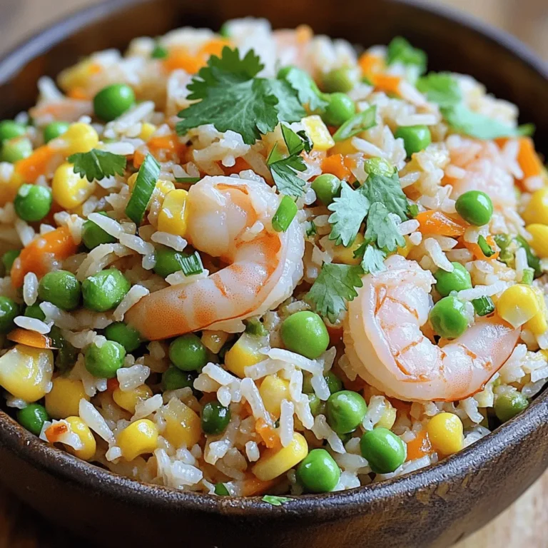 - 1 cup uncooked jasmine rice - 1 pound shrimp, peeled and deveined - 2 tablespoons vegetable oil - 3 garlic cloves, minced - 1 small onion, diced - 1 cup mixed vegetables (peas, carrots, and corn) - 2 large eggs, lightly beaten - 4 tablespoons soy sauce (low-sodium recommended) - 1 teaspoon sesame oil - 2 green onions, chopped - Salt and pepper to taste - Fresh cilantro for garnish (optional) When making shrimp fried rice, the right ingredients matter. Start with jasmine rice. It gives you a fluffy texture and great flavor. You want shrimp that is fresh, peeled, and deveined. This saves time and makes cooking easy. For the veggies, I like using a mix of peas, carrots, and corn. They add color and crunch. Garlic and onion are key for that tasty base. You can’t skip the soy sauce. It brings the dish together. Sesame oil adds a nice touch of nuttiness. Eggs are a must for richness. Green onions add freshness and color. Finally, season with salt and pepper to your liking. You can also use fresh cilantro on top for a pop of flavor. This combination of ingredients makes a quick and satisfying meal. - Rinse jasmine rice until water is clear. - Cook according to package instructions. I recommend using jasmine rice for its light and fluffy texture. Rinsing the rice is key. It removes excess starch, which prevents clumping. Cooking the rice a day ahead helps too. Cold rice fries better and stays firm. - Heat vegetable oil and sauté garlic and onion. In a large skillet, heat vegetable oil over medium-high heat. Add minced garlic and diced onion. Sauté them for about 2-3 minutes. The garlic should smell fragrant, and the onion will turn soft. - Add shrimp to skillet and cook until pink. Next, add the shrimp to the hot skillet. Cook them for about 2-3 minutes, until they are pink and opaque. Once cooked, remove the shrimp from the skillet and set them aside. This keeps them warm and juicy. - Toss in mixed vegetables, stir-fry until tender. In the same skillet, add more vegetable oil if needed. Toss in mixed vegetables like peas, carrots, and corn. Stir-fry them for about 2-3 minutes. You want them to be tender but still have a slight crunch. - Cook eggs separately and mix with vegetables. Push the veggies to one side of the skillet. Pour in the lightly beaten eggs into the empty space. Let them cook for a moment before scrambling. Once cooked, mix the eggs with the vegetables. - Add rice, soy sauce, and shrimp; stir and cook. Now, add the cooked rice to the skillet. Break up any clumps while mixing. Pour in soy sauce and sesame oil. Add the cooked shrimp back to the pan. Stir everything together and let it cook for about 4-5 minutes. This allows all the flavors to blend well. - Use day-old rice for better texture. Fresh rice can be too sticky. - Adjust soy sauce for personal taste. Add more for saltiness, less for mildness. - Serve in bowls with green onions and cilantro. This adds color and freshness. - Add lime wedges for a zesty touch. A squeeze of lime brightens the dish. These tips help make your shrimp fried rice stand out. Enjoy cooking! {{image_4}} You can make this dish even more exciting. Substitute shrimp with scallops or crab. Both options add unique flavors that elevate your fried rice. Scallops are sweet and tender, while crab brings a lovely richness. Just cook them the same way as shrimp. If you want a vegetarian version, skip the shrimp and add tofu. Tofu absorbs flavors well and adds protein. For those needing a gluten-free option, use coconut aminos instead of soy sauce. This swap keeps the taste but makes it safe for gluten-free diets. Want a spicy kick? Add chili flakes when cooking. This will give your dish a nice heat. You can also incorporate fresh herbs like basil or mint. These herbs add freshness and brighten the flavors. Adjust these options to suit your taste and enjoy this versatile dish! Store your shrimp fried rice in an airtight container. It lasts up to 3 days in the fridge. This keeps the flavors fresh and the rice nice. You can freeze any leftovers for up to 2 months. Just make sure they cool first. When you want to eat it again, reheat before serving. This helps keep the taste and texture. To reheat, use a microwave or a skillet. The skillet gives even heat and helps keep the rice from becoming mushy. Stir well while heating to keep it tasty. To avoid lumps, ensure your rice is cold. Break up any clumps before adding it to the skillet. This step lets the rice fry evenly, mixing well with other ingredients. Absolutely! You can use frozen shrimp. Just make sure to thaw them thoroughly before cooking. This helps them cook evenly and stay juicy. You can add more vegetables to boost nutrition. Bell peppers, broccoli, or snap peas work well. They add color, flavor, and health benefits to your dish. Yes, you can make it gluten-free. Just replace regular soy sauce with gluten-free options like tamari or coconut aminos. This way, everyone can enjoy the meal. Making shrimp fried rice takes about 30 minutes. This quick recipe is perfect for busy weeknights or when you want a fast meal. You can find the full recipe with all the details you need by checking out the Full Recipe. It has everything you need to make Easy Shrimp Fried Rice perfectly. This article showed you how to make a tasty shrimp fried rice. You learned about the main and additional ingredients needed, plus easy step-by-step instructions. I shared tips for cooking and serving, along with variations to try. Proper storage and reheating methods help keep your dish fresh. With these simple steps, you can enjoy shrimp fried rice at home. Experiment with flavors and ingredients to make it your own! Happy cooking!