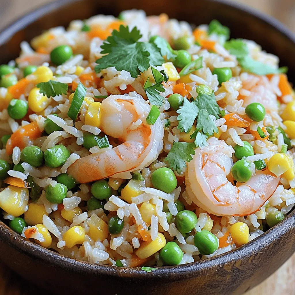 - 1 cup uncooked jasmine rice - 1 pound shrimp, peeled and deveined - 2 tablespoons vegetable oil - 3 garlic cloves, minced - 1 small onion, diced - 1 cup mixed vegetables (peas, carrots, and corn) - 2 large eggs, lightly beaten - 4 tablespoons soy sauce (low-sodium recommended) - 1 teaspoon sesame oil - 2 green onions, chopped - Salt and pepper to taste - Fresh cilantro for garnish (optional) When making shrimp fried rice, the right ingredients matter. Start with jasmine rice. It gives you a fluffy texture and great flavor. You want shrimp that is fresh, peeled, and deveined. This saves time and makes cooking easy. For the veggies, I like using a mix of peas, carrots, and corn. They add color and crunch. Garlic and onion are key for that tasty base. You can’t skip the soy sauce. It brings the dish together. Sesame oil adds a nice touch of nuttiness. Eggs are a must for richness. Green onions add freshness and color. Finally, season with salt and pepper to your liking. You can also use fresh cilantro on top for a pop of flavor. This combination of ingredients makes a quick and satisfying meal. - Rinse jasmine rice until water is clear. - Cook according to package instructions. I recommend using jasmine rice for its light and fluffy texture. Rinsing the rice is key. It removes excess starch, which prevents clumping. Cooking the rice a day ahead helps too. Cold rice fries better and stays firm. - Heat vegetable oil and sauté garlic and onion. In a large skillet, heat vegetable oil over medium-high heat. Add minced garlic and diced onion. Sauté them for about 2-3 minutes. The garlic should smell fragrant, and the onion will turn soft. - Add shrimp to skillet and cook until pink. Next, add the shrimp to the hot skillet. Cook them for about 2-3 minutes, until they are pink and opaque. Once cooked, remove the shrimp from the skillet and set them aside. This keeps them warm and juicy. - Toss in mixed vegetables, stir-fry until tender. In the same skillet, add more vegetable oil if needed. Toss in mixed vegetables like peas, carrots, and corn. Stir-fry them for about 2-3 minutes. You want them to be tender but still have a slight crunch. - Cook eggs separately and mix with vegetables. Push the veggies to one side of the skillet. Pour in the lightly beaten eggs into the empty space. Let them cook for a moment before scrambling. Once cooked, mix the eggs with the vegetables. - Add rice, soy sauce, and shrimp; stir and cook. Now, add the cooked rice to the skillet. Break up any clumps while mixing. Pour in soy sauce and sesame oil. Add the cooked shrimp back to the pan. Stir everything together and let it cook for about 4-5 minutes. This allows all the flavors to blend well. - Use day-old rice for better texture. Fresh rice can be too sticky. - Adjust soy sauce for personal taste. Add more for saltiness, less for mildness. - Serve in bowls with green onions and cilantro. This adds color and freshness. - Add lime wedges for a zesty touch. A squeeze of lime brightens the dish. These tips help make your shrimp fried rice stand out. Enjoy cooking! {{image_4}} You can make this dish even more exciting. Substitute shrimp with scallops or crab. Both options add unique flavors that elevate your fried rice. Scallops are sweet and tender, while crab brings a lovely richness. Just cook them the same way as shrimp. If you want a vegetarian version, skip the shrimp and add tofu. Tofu absorbs flavors well and adds protein. For those needing a gluten-free option, use coconut aminos instead of soy sauce. This swap keeps the taste but makes it safe for gluten-free diets. Want a spicy kick? Add chili flakes when cooking. This will give your dish a nice heat. You can also incorporate fresh herbs like basil or mint. These herbs add freshness and brighten the flavors. Adjust these options to suit your taste and enjoy this versatile dish! Store your shrimp fried rice in an airtight container. It lasts up to 3 days in the fridge. This keeps the flavors fresh and the rice nice. You can freeze any leftovers for up to 2 months. Just make sure they cool first. When you want to eat it again, reheat before serving. This helps keep the taste and texture. To reheat, use a microwave or a skillet. The skillet gives even heat and helps keep the rice from becoming mushy. Stir well while heating to keep it tasty. To avoid lumps, ensure your rice is cold. Break up any clumps before adding it to the skillet. This step lets the rice fry evenly, mixing well with other ingredients. Absolutely! You can use frozen shrimp. Just make sure to thaw them thoroughly before cooking. This helps them cook evenly and stay juicy. You can add more vegetables to boost nutrition. Bell peppers, broccoli, or snap peas work well. They add color, flavor, and health benefits to your dish. Yes, you can make it gluten-free. Just replace regular soy sauce with gluten-free options like tamari or coconut aminos. This way, everyone can enjoy the meal. Making shrimp fried rice takes about 30 minutes. This quick recipe is perfect for busy weeknights or when you want a fast meal. You can find the full recipe with all the details you need by checking out the Full Recipe. It has everything you need to make Easy Shrimp Fried Rice perfectly. This article showed you how to make a tasty shrimp fried rice. You learned about the main and additional ingredients needed, plus easy step-by-step instructions. I shared tips for cooking and serving, along with variations to try. Proper storage and reheating methods help keep your dish fresh. With these simple steps, you can enjoy shrimp fried rice at home. Experiment with flavors and ingredients to make it your own! Happy cooking!