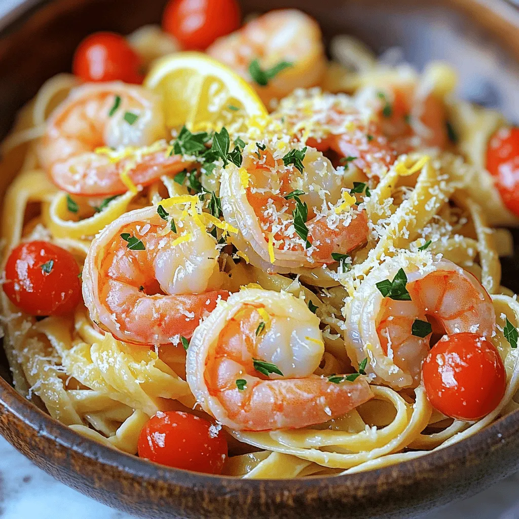 - 8 oz linguine or spaghetti - 1 lb large shrimp, peeled and deveined - 4 tablespoons unsalted butter, divided - 4 cloves garlic, minced - 1 teaspoon red pepper flakes (adjust to taste) - 1 lemon, juiced and zested - 1 cup cherry tomatoes, halved - ¼ cup fresh parsley, chopped - Salt and pepper to taste I love this dish because it blends simple ingredients into a fresh meal. The pasta serves as a base, while the shrimp adds a nice protein boost. Unsalted butter gives richness to the sauce and helps the garlic shine. Garlic is a key flavor here. I use minced garlic for a strong aroma. Red pepper flakes bring just the right heat. You can adjust them based on your spice level. Fresh lemon juice and zest add brightness. Cherry tomatoes bring sweetness and color. When cooked, they burst, mixing with the sauce. Fresh parsley not only adds a pop of green but also a fresh taste. Finally, salt and pepper balance all the flavors. For the full recipe, check out the detailed steps and tips. First, you need to boil salted water in a large pot. When the water boils, add your linguine or spaghetti. Cook it until it is al dente, which takes about 8-10 minutes. Before you drain the pasta, reserve half a cup of the pasta water. This water adds flavor and helps bind the sauce later. After that, drain the pasta and set it aside. Keep it warm while you prepare the rest. Now, grab a large skillet and heat two tablespoons of butter over medium heat. Once the butter melts and bubbles, add the large shrimp. Season the shrimp with salt, pepper, and red pepper flakes for a little kick. Cook them for 2-3 minutes on each side until they turn pink and opaque. After cooking, carefully remove the shrimp from the skillet and place them on a plate. In the same skillet, without cleaning it, add the remaining two tablespoons of butter. Then, add the minced garlic. Sauté the garlic for about one minute until it smells great and starts to soften. Be careful not to let it burn! Next, introduce the halved cherry tomatoes to the skillet. Cook for another 3-4 minutes until the tomatoes soften and their skins burst. This will make a tasty sauce. Now it’s time to bring everything together. Return the cooked shrimp to the skillet with the garlic sauce. Add the drained pasta, reserved pasta water, lemon juice, and lemon zest. Toss everything together gently over medium heat for about 2 minutes. This helps blend all the flavors. Finally, stir in the chopped parsley and taste. Adjust the seasoning with more salt or pepper if needed. Serve this delicious dish right away. For an extra touch, you can sprinkle some grated Parmesan cheese on top. For the full recipe, you can check out the complete instructions for Garlic Shrimp Pasta Delight. To know when shrimp is done, look for a pink hue. The shrimp should curl into a C shape. If it looks grey or curls tightly, it is overcooked. Avoid cooking shrimp too long; it takes about 2-3 minutes per side. Common mistakes include not thawing frozen shrimp fully or overcrowding the pan. Both can lead to uneven cooking. Give each shrimp some space in the skillet. Cooking pasta to al dente is key. This means it should be firm to the bite. Overcooked pasta can become mushy. To prevent sticky pasta, stir it often while cooking. Adding a little olive oil to the water can help. Be sure to reserve some pasta water before draining. This starchy water helps to bind the sauce later. For an ideal presentation, serve the pasta in shallow bowls. This lets the colorful shrimp and tomatoes shine. Top with fresh parsley for a pop of green. A lemon wedge on the side adds zest and charm. Pair your dish with a crusty bread or a glass of white wine to enhance your meal. These simple touches make your garlic shrimp pasta feel special. For the full recipe, check out the earlier section. {{image_4}} To make creamy garlic shrimp pasta, add heavy cream to the recipe. Use about 1 cup of cream after cooking the garlic. Stir in the cream with the garlic before adding the shrimp. This change adds a rich texture and flavor. You can also use half-and-half for a lighter option. Remember to adjust the heat to keep the cream from boiling. It should gently simmer to blend well with the garlic. If you like heat, try spicy garlic shrimp pasta. You can add more red pepper flakes for a kick. For extra spice, consider using diced jalapeños or a splash of hot sauce. The heat level is up to you. If you want a milder taste, remove the seeds from the peppers. You can also swap shrimp for spicy sausage for a different flavor. For a vegetarian version, substitute shrimp with protein-rich options. Tofu or chickpeas work great. Both provide a nice texture and soak up flavors well. To keep the dish fresh, use seasonal veggies like zucchini or bell peppers. You can also add a splash of soy sauce for depth. Adjust the garlic and lemon to enhance the flavors in this version. The Full Recipe is a great starting point for these variations! To store leftovers, let the pasta cool first. Place it in an airtight container. Keep it in the fridge for up to three days. This helps keep the flavors fresh. Before serving, reheat gently on the stove or in the microwave. Add a splash of water or olive oil to keep it moist. Garlic shrimp pasta can freeze well, but shrimp may change texture. If you want to freeze it, do so without the shrimp. Store the pasta and sauce together in a freezer-safe bag. It lasts up to three months. To reheat, thaw it in the fridge overnight. Warm it in a skillet, adding a little water for the best taste. Use glass or BPA-free plastic containers for meal prep. These help keep the pasta fresh. Avoid using metal containers, as they can react with the food. When storing, make sure the lid seals well. This keeps air out and flavors in. For extra freshness, place a paper towel in the container to absorb moisture. To keep shrimp tender, do not overcook them. Cook shrimp for 2-3 minutes on each side until they turn pink. Remove them from heat as soon as they are done. This quick cooking time helps keep shrimp juicy and soft. Yes, you can use frozen shrimp. Thaw them first by placing them in cold water. Once thawed, pat them dry to remove excess moisture. This helps them cook evenly and prevents extra water from diluting the sauce. Garlic shrimp pasta works well with many sides. Here are some tasty options: - A simple green salad - Garlic bread for dipping - Steamed broccoli or asparagus These sides add color and flavor to your meal. You can boost flavors by adding a splash of white wine when cooking the garlic. Fresh herbs like basil or thyme also add depth. If you like heat, try adding more red pepper flakes. A sprinkle of lemon zest right before serving brightens the dish. This garlic shrimp pasta is not gluten-free if you use regular linguine or spaghetti. To make it gluten-free, choose gluten-free pasta made from rice or corn. These options keep the dish tasty and enjoyable for everyone. This blog post covered how to make delicious garlic shrimp pasta. You learned about the main ingredients, flavors, and fresh elements that bring the dish to life. The step-by-step guide made cooking easier, while tips helped avoid common mistakes. Variations showed you how to customize the recipe, and storage info ensures your leftovers taste great. In my experience, with practice, you'll master this dish. Enjoy sharing it with friends and family!