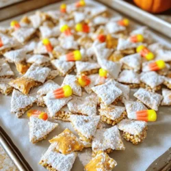 - 6 cups Rice Chex cereal - 1 cup creamy peanut butter - 1/2 cup pumpkin puree - 1 cup powdered sugar - 1 teaspoon vanilla extract - 2 teaspoons pumpkin pie spice - A pinch of salt - 1/2 cup colorful candy corn (optional, for garnish) - Rice Chex cereal: This is the base. It gives the mix a crunchy texture. - Creamy peanut butter: This adds richness and helps the cereal stick together. - Pumpkin puree: This gives the treat its fall flavor and a hint of moisture. - Powdered sugar: This coats the mix and makes it sweet and tasty. - Vanilla extract: It adds a nice depth of flavor. - Pumpkin pie spice: This spice blend brings warmth and a classic fall taste. - Salt: Just a pinch elevates the sweetness and balances the flavors. - Candy corn: Optional, but it adds color and fun to the mix. - For a nut-free option, use sunflower seed butter instead of peanut butter. - If you are gluten-free, ensure your Rice Chex is certified gluten-free. - For a lower sugar version, you can reduce the powdered sugar to 3/4 cup or use a sugar substitute. - Always check labels for allergens, especially if you serve this to guests. Making Pumpkin Spice Puppy Chow is simple and fun. You will mix a creamy pumpkin peanut butter with Rice Chex cereal. Then, coat the cereal with sweet powdered sugar. Finally, cool it down and add some festive candy corn. 1. Mix the base: Start by taking a microwave-safe bowl. Add 1 cup of creamy peanut butter, 1/2 cup of pumpkin puree, and 1 teaspoon of vanilla extract. Heat this in the microwave for 30 seconds. Stir until smooth. 2. Add spices: Now, sprinkle in 2 teaspoons of pumpkin pie spice and a pinch of salt. Mix well to blend all the flavors. 3. Coat the cereal: In a big bowl, place 6 cups of Rice Chex cereal. Pour your pumpkin mixture over the cereal. Use a spatula to gently toss it, ensuring every piece gets a nice coating. 4. Sugar it up: Move the coated cereal into a large resealable bag or another mixing bowl. Add 1 cup of powdered sugar. Seal the bag or cover the bowl tightly. Shake or stir until every piece is coated in sugary goodness. 5. Cool down: Spread the puppy chow on a baking sheet lined with parchment paper. This will help it cool evenly. 6. Add final touches: Once cooled, you can sprinkle more pumpkin pie spice on top. For fun, toss in 1/2 cup of colorful candy corn. 7. Store properly: Keep your Pumpkin Spice Puppy Chow in an airtight container. It stays fresh for up to one week. - Make sure to mix the pumpkin and peanut butter well. This ensures a smooth coating. - Be gentle when tossing the cereal. You don’t want to break the pieces. - If you find it too sticky, add a bit more powdered sugar. This helps with the coating. - Let it cool completely before storing to avoid sogginess. Enjoy making this tasty fall treat that is sure to please everyone! When making Pumpkin Spice Puppy Chow, a few mistakes can spoil your treat. First, don’t overheat the peanut butter mixture. Heat it just enough to blend well. If it's too hot, it can burn the flavor. Second, be gentle when mixing the Rice Chex. Over-mixing can break the cereal and create a mushy texture. Lastly, don’t skip the cooling step. Letting it cool helps the flavors set. To boost flavors, try adding more pumpkin pie spice. This spice brings warmth and depth. You can also use dark chocolate instead of the powdered sugar for a richer taste. For a crunchier texture, add some nuts or seeds. They add a nice bite and extra flavor. If you want a sweeter treat, mix in mini chocolate chips. This brings a fun twist to your puppy chow. Serve Pumpkin Spice Puppy Chow in a festive bowl. It makes a great treat for fall gatherings. Pair it with warm apple cider or a pumpkin latte. These drinks complement the flavors perfectly. For a fun twist, add it to a popcorn mix with pretzels and candies. This adds variety and makes a fun snack mix. You can find the full recipe at the start of the article to create this delicious fall treat! {{image_4}} You can easily make this Pumpkin Spice Puppy Chow gluten-free. Use certified gluten-free Rice Chex. For nut-free options, swap peanut butter with sunflower seed butter. Both changes keep the treat safe and tasty. Want to switch things up? Try different spices! Use chai spice for a warm twist. You can also add cinnamon or nutmeg for extra warmth. For a chocolate kick, mix in cocoa powder with the powdered sugar. Add your favorite toppings to make it special. Drizzle melted dark chocolate on top for a rich flavor. You can also sprinkle crushed nuts or seeds for crunch. Use mini marshmallows or sprinkles for a festive look. This way, your Pumpkin Spice Puppy Chow stands out! For the full recipe, don't forget to check the detailed instructions. To keep your Pumpkin Spice Puppy Chow fresh, use an airtight container. This will keep out air and moisture. You can also use a resealable bag. Make sure to squeeze out all the air before sealing it. Store it in a cool, dry place, like a pantry or cupboard. Avoid areas with heat, as this can change the texture. Your Pumpkin Spice Puppy Chow will stay fresh for about one week. After that, it may lose its crunch. Check for any signs of moisture or clumping. If it feels soft or sticky, it’s time to toss it. Fresh puppy chow should be crisp and easy to break apart. If you want to keep it longer, you can freeze your puppy chow. Start by placing it in a single layer on a baking sheet. Freeze it for about an hour. Then, transfer it to a freezer-safe bag or container. Remove as much air as possible. It can last for up to three months in the freezer. When ready to eat, let it thaw at room temperature. Enjoy your tasty treat! Pumpkin Spice Puppy Chow is a sweet snack mix. It blends Rice Chex cereal with a mix of peanut butter, pumpkin puree, and pumpkin pie spice. This treat is crunchy, sweet, and full of fall flavors. It's a great option for parties or cozy nights at home. The powdered sugar gives it a nice sweetness, while the pumpkin spice adds warmth. Yes, you can make this recipe vegan! Just swap the creamy peanut butter with a vegan option. You also want to use a plant-based powdered sugar. Check for any non-vegan additives in your ingredients. With these small changes, you can enjoy a tasty vegan treat. To make a larger batch, simply double or triple the ingredients. For example, use 12 cups of Rice Chex and adjust the other ingredients accordingly. Mix them in a bigger bowl to ensure everything combines well. This way, you can share more at gatherings or keep some for later. To serve Puppy Chow at a party, place it in a large bowl. You can also use small cups for individual servings. This makes it easy for guests to grab a snack. If you want to make it fun, add some festive decorations or sprinkle extra candy corn on top. Enjoy your Pumpkin Spice Puppy Chow with friends! This blog post covered how to make Pumpkin Spice Puppy Chow. We talked about key ingredients and how they work together. You learned step-by-step instructions and tips to get it just right. I also shared ways to customize your mix and how to store it properly. In the end, Pumpkin Spice Puppy Chow is a fun treat to enjoy or share. Try it out, and your friends will love it!