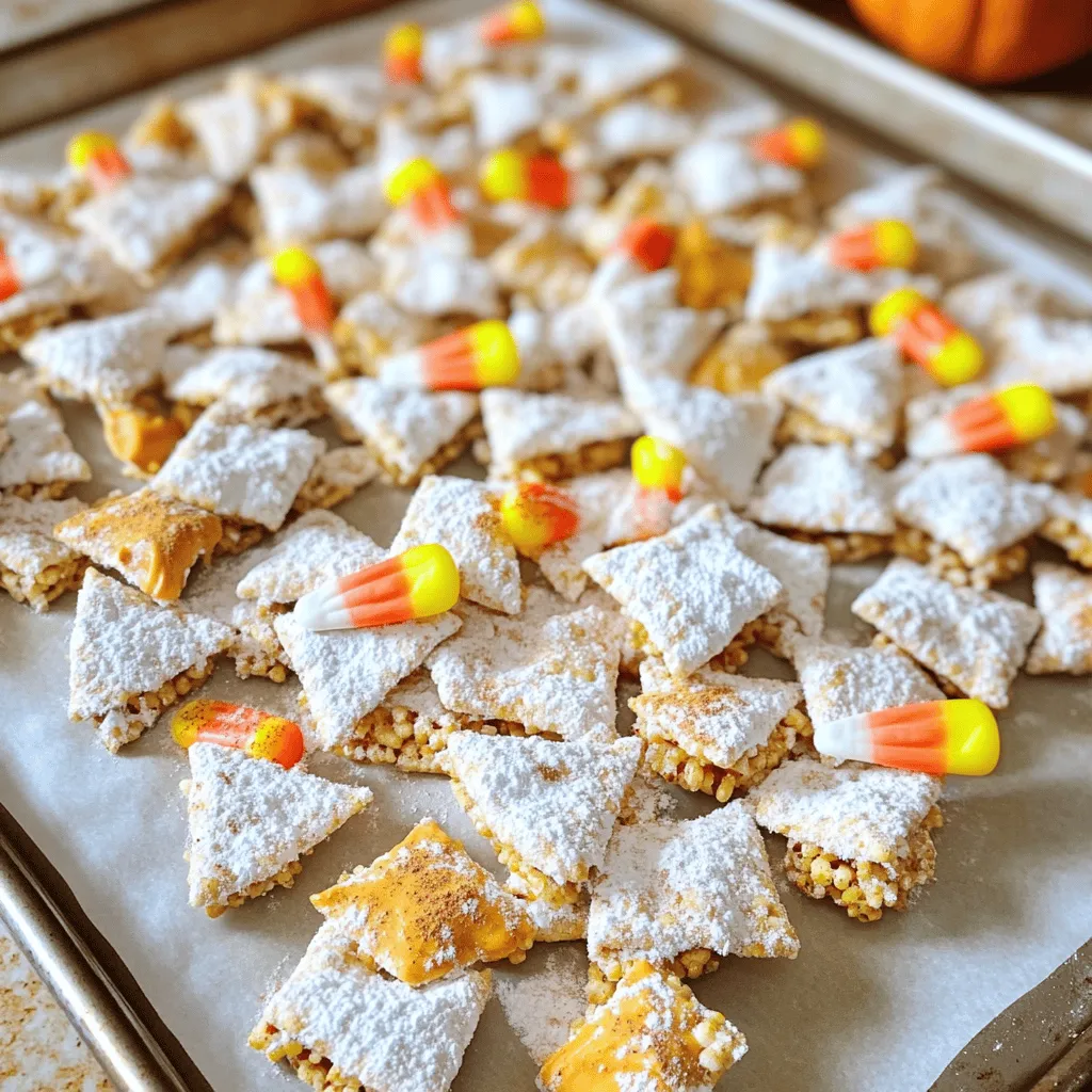 - 6 cups Rice Chex cereal - 1 cup creamy peanut butter - 1/2 cup pumpkin puree - 1 cup powdered sugar - 1 teaspoon vanilla extract - 2 teaspoons pumpkin pie spice - A pinch of salt - 1/2 cup colorful candy corn (optional, for garnish) - Rice Chex cereal: This is the base. It gives the mix a crunchy texture. - Creamy peanut butter: This adds richness and helps the cereal stick together. - Pumpkin puree: This gives the treat its fall flavor and a hint of moisture. - Powdered sugar: This coats the mix and makes it sweet and tasty. - Vanilla extract: It adds a nice depth of flavor. - Pumpkin pie spice: This spice blend brings warmth and a classic fall taste. - Salt: Just a pinch elevates the sweetness and balances the flavors. - Candy corn: Optional, but it adds color and fun to the mix. - For a nut-free option, use sunflower seed butter instead of peanut butter. - If you are gluten-free, ensure your Rice Chex is certified gluten-free. - For a lower sugar version, you can reduce the powdered sugar to 3/4 cup or use a sugar substitute. - Always check labels for allergens, especially if you serve this to guests. Making Pumpkin Spice Puppy Chow is simple and fun. You will mix a creamy pumpkin peanut butter with Rice Chex cereal. Then, coat the cereal with sweet powdered sugar. Finally, cool it down and add some festive candy corn. 1. Mix the base: Start by taking a microwave-safe bowl. Add 1 cup of creamy peanut butter, 1/2 cup of pumpkin puree, and 1 teaspoon of vanilla extract. Heat this in the microwave for 30 seconds. Stir until smooth. 2. Add spices: Now, sprinkle in 2 teaspoons of pumpkin pie spice and a pinch of salt. Mix well to blend all the flavors. 3. Coat the cereal: In a big bowl, place 6 cups of Rice Chex cereal. Pour your pumpkin mixture over the cereal. Use a spatula to gently toss it, ensuring every piece gets a nice coating. 4. Sugar it up: Move the coated cereal into a large resealable bag or another mixing bowl. Add 1 cup of powdered sugar. Seal the bag or cover the bowl tightly. Shake or stir until every piece is coated in sugary goodness. 5. Cool down: Spread the puppy chow on a baking sheet lined with parchment paper. This will help it cool evenly. 6. Add final touches: Once cooled, you can sprinkle more pumpkin pie spice on top. For fun, toss in 1/2 cup of colorful candy corn. 7. Store properly: Keep your Pumpkin Spice Puppy Chow in an airtight container. It stays fresh for up to one week. - Make sure to mix the pumpkin and peanut butter well. This ensures a smooth coating. - Be gentle when tossing the cereal. You don’t want to break the pieces. - If you find it too sticky, add a bit more powdered sugar. This helps with the coating. - Let it cool completely before storing to avoid sogginess. Enjoy making this tasty fall treat that is sure to please everyone! When making Pumpkin Spice Puppy Chow, a few mistakes can spoil your treat. First, don’t overheat the peanut butter mixture. Heat it just enough to blend well. If it's too hot, it can burn the flavor. Second, be gentle when mixing the Rice Chex. Over-mixing can break the cereal and create a mushy texture. Lastly, don’t skip the cooling step. Letting it cool helps the flavors set. To boost flavors, try adding more pumpkin pie spice. This spice brings warmth and depth. You can also use dark chocolate instead of the powdered sugar for a richer taste. For a crunchier texture, add some nuts or seeds. They add a nice bite and extra flavor. If you want a sweeter treat, mix in mini chocolate chips. This brings a fun twist to your puppy chow. Serve Pumpkin Spice Puppy Chow in a festive bowl. It makes a great treat for fall gatherings. Pair it with warm apple cider or a pumpkin latte. These drinks complement the flavors perfectly. For a fun twist, add it to a popcorn mix with pretzels and candies. This adds variety and makes a fun snack mix. You can find the full recipe at the start of the article to create this delicious fall treat! {{image_4}} You can easily make this Pumpkin Spice Puppy Chow gluten-free. Use certified gluten-free Rice Chex. For nut-free options, swap peanut butter with sunflower seed butter. Both changes keep the treat safe and tasty. Want to switch things up? Try different spices! Use chai spice for a warm twist. You can also add cinnamon or nutmeg for extra warmth. For a chocolate kick, mix in cocoa powder with the powdered sugar. Add your favorite toppings to make it special. Drizzle melted dark chocolate on top for a rich flavor. You can also sprinkle crushed nuts or seeds for crunch. Use mini marshmallows or sprinkles for a festive look. This way, your Pumpkin Spice Puppy Chow stands out! For the full recipe, don't forget to check the detailed instructions. To keep your Pumpkin Spice Puppy Chow fresh, use an airtight container. This will keep out air and moisture. You can also use a resealable bag. Make sure to squeeze out all the air before sealing it. Store it in a cool, dry place, like a pantry or cupboard. Avoid areas with heat, as this can change the texture. Your Pumpkin Spice Puppy Chow will stay fresh for about one week. After that, it may lose its crunch. Check for any signs of moisture or clumping. If it feels soft or sticky, it’s time to toss it. Fresh puppy chow should be crisp and easy to break apart. If you want to keep it longer, you can freeze your puppy chow. Start by placing it in a single layer on a baking sheet. Freeze it for about an hour. Then, transfer it to a freezer-safe bag or container. Remove as much air as possible. It can last for up to three months in the freezer. When ready to eat, let it thaw at room temperature. Enjoy your tasty treat! Pumpkin Spice Puppy Chow is a sweet snack mix. It blends Rice Chex cereal with a mix of peanut butter, pumpkin puree, and pumpkin pie spice. This treat is crunchy, sweet, and full of fall flavors. It's a great option for parties or cozy nights at home. The powdered sugar gives it a nice sweetness, while the pumpkin spice adds warmth. Yes, you can make this recipe vegan! Just swap the creamy peanut butter with a vegan option. You also want to use a plant-based powdered sugar. Check for any non-vegan additives in your ingredients. With these small changes, you can enjoy a tasty vegan treat. To make a larger batch, simply double or triple the ingredients. For example, use 12 cups of Rice Chex and adjust the other ingredients accordingly. Mix them in a bigger bowl to ensure everything combines well. This way, you can share more at gatherings or keep some for later. To serve Puppy Chow at a party, place it in a large bowl. You can also use small cups for individual servings. This makes it easy for guests to grab a snack. If you want to make it fun, add some festive decorations or sprinkle extra candy corn on top. Enjoy your Pumpkin Spice Puppy Chow with friends! This blog post covered how to make Pumpkin Spice Puppy Chow. We talked about key ingredients and how they work together. You learned step-by-step instructions and tips to get it just right. I also shared ways to customize your mix and how to store it properly. In the end, Pumpkin Spice Puppy Chow is a fun treat to enjoy or share. Try it out, and your friends will love it!