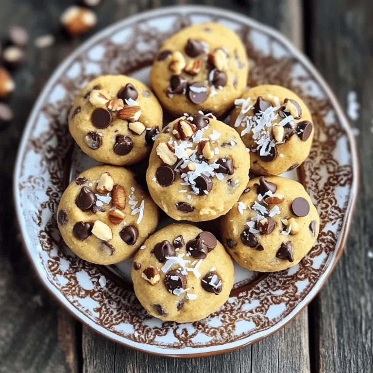 To make vegan cookie dough bites, you need simple and healthy ingredients. Here’s what you will need: - 1 cup almond flour - 1/2 cup coconut flour - 1/4 cup pure maple syrup - 1/4 cup coconut oil, gently melted - 1 teaspoon pure vanilla extract - 1/2 teaspoon sea salt - 1/2 cup dairy-free chocolate chips - 1/4 cup finely chopped nuts (almonds or walnuts, your choice) Almond flour is great for a nutty flavor. It adds protein and healthy fats. Coconut flour gives a light texture and natural sweetness. Maple syrup serves as the sweetener, offering a rich taste without refined sugar. Coconut oil adds creaminess and helps bind the ingredients together. Dairy-free chocolate chips are a must for that classic cookie dough taste. They melt beautifully and taste amazing. You can choose almond or walnut for crunch. Both are packed with nutrients, but be cautious if you have nut allergies. You can swap the nuts for seeds like sunflower seeds or pumpkin seeds. This cookie dough is not just tasty; it’s also good for you. The ingredients are whole and plant-based. This makes it a fun treat that fits into a healthy lifestyle. If you want to try a nut-free version, use oat flour instead of almond flour. You can also replace the nuts with seeds for a safe and tasty option. For the full recipe, check the section above. Enjoy making these bites! To make Vegan Cookie Dough Bites, follow these simple steps for the best results. 1. Combine the Flours: Start by mixing the almond flour and coconut flour in a large bowl. Use a whisk or spoon to blend them well. This mix gives your bites a great texture. 2. Add Wet Ingredients: Pour in the pure maple syrup, melted coconut oil, vanilla extract, and sea salt. Mix until you see a dough forming. If the dough feels too dry, add a tiny splash of almond milk. This will help it stick together. 3. Fold in Extras: Carefully add the dairy-free chocolate chips and chopped nuts into the dough. Make sure they are evenly spread throughout. This adds flavor and crunch to each bite. 4. Shape the Bites: Use your hands or a cookie scoop to form small balls. Place them on a parchment-lined baking sheet. This keeps them from sticking to the pan. 5. Chill the Bites: Cover the baking sheet with plastic wrap. Put it in the fridge for at least 30 minutes. Chilling helps the bites firm up and hold their shape. 6. Enjoy Your Bites: After chilling, your Vegan Cookie Dough Bites are ready! They taste best when cold. Store them in an airtight container in the fridge for later snacking. For more detailed guidance, check out the Full Recipe for Vegan Cookie Dough Bites. Making Vegan Cookie Dough Bites is fun, but mistakes can happen. Here are some tips to help you succeed. - Common mistakes to avoid: One common mistake is using too much coconut flour. It absorbs moisture and can make your bites dry. Always measure carefully. Another mistake is not chilling the dough. Chilling helps the bites firm up for better texture. - Storage tips: To keep your cookie dough bites fresh, store them in an airtight container in the fridge. They last up to a week. If you want to keep them longer, freeze them. Just place them in a freezer bag. When you want a bite, take one out and let it thaw for a few minutes. - Adjusting flavors and sweetness: You can change the flavor of your cookie dough bites easily. If you like them sweeter, add more maple syrup or a bit of agave nectar. For a nutty flavor, try adding almond or peanut butter. For a twist, mix in spices like cinnamon or nutmeg. Just remember to taste as you go to find your perfect mix. These tips will help you make the best Vegan Cookie Dough Bites. Enjoy your delicious snack! For the full recipe, check the section above. {{image_4}} You can have fun with these Vegan Cookie Dough Bites. Try adding unique ingredients to change the flavor. For example, you can mix in: - Dried cranberries - Chopped dates - Cinnamon or nutmeg - Coconut flakes These add-ins give your bites different tastes and textures. If you want to make these bites gluten-free, swap the almond flour for oat flour. This keeps the texture nice while making them safe for anyone with gluten issues. For a nut-free version, use sunflower seed flour instead of almond flour. You can also adapt these bites for the season. In fall, add pumpkin spice for a cozy flavor. For winter, mix in peppermint extract and crushed candy canes. These ideas make your treats festive and fun! Feel free to explore and mix flavors to find your perfect Vegan Cookie Dough Bites. For the complete recipe, check out the [Full Recipe]. Vegan Cookie Dough Bites stay fresh for about one week in the fridge. Keep them in an airtight container. This helps to lock in moisture and flavor. If you want to save them longer, freezing is a great option. They can last up to three months in the freezer. To freeze, place the bites on a baking sheet in a single layer. This prevents them from sticking together. Once frozen, transfer them to a freezer-safe bag or container. When you crave a bite, take out what you need. Let them thaw in the fridge for about 30 minutes. In warmer places, store your bites in the coldest part of your fridge. This keeps them firm and tasty. Avoid leaving them out at room temperature for too long. Heat can make them too soft and lose their yummy texture. For the best experience, always check for freshness before enjoying. If they smell off or look funny, it's best to toss them. Enjoy your Vegan Cookie Dough Bites with confidence! For the complete recipe, refer to the Full Recipe section. What are the nutritional benefits of these bites? These bites are a great source of healthy fats and protein. Almond flour adds fiber and nutrients. Coconut flour offers good carbs and helps with digestion. Maple syrup gives natural sweetness, while dark chocolate provides antioxidants. Together, these ingredients create a tasty snack that fuels your body. Can I make them without certain ingredients? Yes, you can easily swap ingredients based on your needs. If you can't use almond flour, try oat flour or sunflower seed flour. For sweeteners, agave syrup or date syrup works well. You can also leave out chocolate chips or nuts if needed. Just keep the ratios similar for best results. Where can I buy pre-made vegan cookie dough bites? You can find pre-made vegan cookie dough bites at many health food stores or online. Brands like Eat Pastry and Doughp offer tasty options. Always check the labels to ensure they meet your dietary needs. What should I do if my dough is too sticky/dry? If your dough is too sticky, add a little more coconut flour. Start with a tablespoon and mix well. If it feels too dry, add a splash of almond milk. This will help bring the dough together. Just adjust slowly until you reach the right texture. For the complete recipe for Vegan Cookie Dough Bites, check out the [Full Recipe]. In this article, we explored how to make delicious vegan cookie dough bites. We covered key ingredients and their benefits while suggesting alternatives for common allergens. You learned easy steps to combine and shape your dough, plus tips to avoid mistakes. We also shared fun flavor variations and how to store your bites for freshness. Now, you can whip up tasty treats that fit your needs. Enjoy your healthy snacks guilt-free!