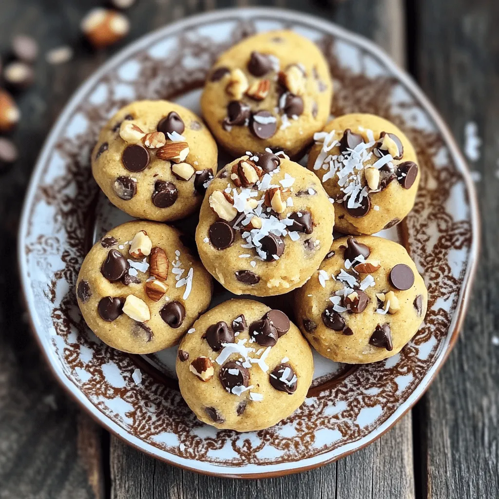 To make vegan cookie dough bites, you need simple and healthy ingredients. Here’s what you will need: - 1 cup almond flour - 1/2 cup coconut flour - 1/4 cup pure maple syrup - 1/4 cup coconut oil, gently melted - 1 teaspoon pure vanilla extract - 1/2 teaspoon sea salt - 1/2 cup dairy-free chocolate chips - 1/4 cup finely chopped nuts (almonds or walnuts, your choice) Almond flour is great for a nutty flavor. It adds protein and healthy fats. Coconut flour gives a light texture and natural sweetness. Maple syrup serves as the sweetener, offering a rich taste without refined sugar. Coconut oil adds creaminess and helps bind the ingredients together. Dairy-free chocolate chips are a must for that classic cookie dough taste. They melt beautifully and taste amazing. You can choose almond or walnut for crunch. Both are packed with nutrients, but be cautious if you have nut allergies. You can swap the nuts for seeds like sunflower seeds or pumpkin seeds. This cookie dough is not just tasty; it’s also good for you. The ingredients are whole and plant-based. This makes it a fun treat that fits into a healthy lifestyle. If you want to try a nut-free version, use oat flour instead of almond flour. You can also replace the nuts with seeds for a safe and tasty option. For the full recipe, check the section above. Enjoy making these bites! To make Vegan Cookie Dough Bites, follow these simple steps for the best results. 1. Combine the Flours: Start by mixing the almond flour and coconut flour in a large bowl. Use a whisk or spoon to blend them well. This mix gives your bites a great texture. 2. Add Wet Ingredients: Pour in the pure maple syrup, melted coconut oil, vanilla extract, and sea salt. Mix until you see a dough forming. If the dough feels too dry, add a tiny splash of almond milk. This will help it stick together. 3. Fold in Extras: Carefully add the dairy-free chocolate chips and chopped nuts into the dough. Make sure they are evenly spread throughout. This adds flavor and crunch to each bite. 4. Shape the Bites: Use your hands or a cookie scoop to form small balls. Place them on a parchment-lined baking sheet. This keeps them from sticking to the pan. 5. Chill the Bites: Cover the baking sheet with plastic wrap. Put it in the fridge for at least 30 minutes. Chilling helps the bites firm up and hold their shape. 6. Enjoy Your Bites: After chilling, your Vegan Cookie Dough Bites are ready! They taste best when cold. Store them in an airtight container in the fridge for later snacking. For more detailed guidance, check out the Full Recipe for Vegan Cookie Dough Bites. Making Vegan Cookie Dough Bites is fun, but mistakes can happen. Here are some tips to help you succeed. - Common mistakes to avoid: One common mistake is using too much coconut flour. It absorbs moisture and can make your bites dry. Always measure carefully. Another mistake is not chilling the dough. Chilling helps the bites firm up for better texture. - Storage tips: To keep your cookie dough bites fresh, store them in an airtight container in the fridge. They last up to a week. If you want to keep them longer, freeze them. Just place them in a freezer bag. When you want a bite, take one out and let it thaw for a few minutes. - Adjusting flavors and sweetness: You can change the flavor of your cookie dough bites easily. If you like them sweeter, add more maple syrup or a bit of agave nectar. For a nutty flavor, try adding almond or peanut butter. For a twist, mix in spices like cinnamon or nutmeg. Just remember to taste as you go to find your perfect mix. These tips will help you make the best Vegan Cookie Dough Bites. Enjoy your delicious snack! For the full recipe, check the section above. {{image_4}} You can have fun with these Vegan Cookie Dough Bites. Try adding unique ingredients to change the flavor. For example, you can mix in: - Dried cranberries - Chopped dates - Cinnamon or nutmeg - Coconut flakes These add-ins give your bites different tastes and textures. If you want to make these bites gluten-free, swap the almond flour for oat flour. This keeps the texture nice while making them safe for anyone with gluten issues. For a nut-free version, use sunflower seed flour instead of almond flour. You can also adapt these bites for the season. In fall, add pumpkin spice for a cozy flavor. For winter, mix in peppermint extract and crushed candy canes. These ideas make your treats festive and fun! Feel free to explore and mix flavors to find your perfect Vegan Cookie Dough Bites. For the complete recipe, check out the [Full Recipe]. Vegan Cookie Dough Bites stay fresh for about one week in the fridge. Keep them in an airtight container. This helps to lock in moisture and flavor. If you want to save them longer, freezing is a great option. They can last up to three months in the freezer. To freeze, place the bites on a baking sheet in a single layer. This prevents them from sticking together. Once frozen, transfer them to a freezer-safe bag or container. When you crave a bite, take out what you need. Let them thaw in the fridge for about 30 minutes. In warmer places, store your bites in the coldest part of your fridge. This keeps them firm and tasty. Avoid leaving them out at room temperature for too long. Heat can make them too soft and lose their yummy texture. For the best experience, always check for freshness before enjoying. If they smell off or look funny, it's best to toss them. Enjoy your Vegan Cookie Dough Bites with confidence! For the complete recipe, refer to the Full Recipe section. What are the nutritional benefits of these bites? These bites are a great source of healthy fats and protein. Almond flour adds fiber and nutrients. Coconut flour offers good carbs and helps with digestion. Maple syrup gives natural sweetness, while dark chocolate provides antioxidants. Together, these ingredients create a tasty snack that fuels your body. Can I make them without certain ingredients? Yes, you can easily swap ingredients based on your needs. If you can't use almond flour, try oat flour or sunflower seed flour. For sweeteners, agave syrup or date syrup works well. You can also leave out chocolate chips or nuts if needed. Just keep the ratios similar for best results. Where can I buy pre-made vegan cookie dough bites? You can find pre-made vegan cookie dough bites at many health food stores or online. Brands like Eat Pastry and Doughp offer tasty options. Always check the labels to ensure they meet your dietary needs. What should I do if my dough is too sticky/dry? If your dough is too sticky, add a little more coconut flour. Start with a tablespoon and mix well. If it feels too dry, add a splash of almond milk. This will help bring the dough together. Just adjust slowly until you reach the right texture. For the complete recipe for Vegan Cookie Dough Bites, check out the [Full Recipe]. In this article, we explored how to make delicious vegan cookie dough bites. We covered key ingredients and their benefits while suggesting alternatives for common allergens. You learned easy steps to combine and shape your dough, plus tips to avoid mistakes. We also shared fun flavor variations and how to store your bites for freshness. Now, you can whip up tasty treats that fit your needs. Enjoy your healthy snacks guilt-free!