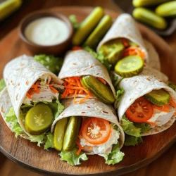 To make Pickle Ranch Turkey Wraps, you need a few simple yet tasty ingredients. Here’s what you’ll need: - Whole Wheat Tortillas - Sliced Turkey Breast - Cream Cheese and Ranch Dressing Mix - Dill Pickle Slices - Fresh Vegetables: Lettuce, Carrots, Tomatoes - Additional Seasoning Options Each ingredient plays a key role in creating a flavorful meal. Whole wheat tortillas offer a hearty base. Sliced turkey breast adds protein and flavor. The cream cheese and ranch mix brings a creamy texture and zesty taste. Dill pickle slices give a crunchy bite. Fresh vegetables, like lettuce, carrots, and tomatoes, add color and nutrients. You can also add extra seasonings to boost the flavor. This recipe is easy to customize. You can swap in your favorite ingredients. Check the Full Recipe for exact amounts and instructions to make your own delicious wraps! Start with a medium bowl. Add 1 cup of softened cream cheese. Then, pour in 1/2 cup of ranch dressing. Use a spatula or whisk to mix them well. You want a smooth and creamy blend. This will be the tasty base for your wraps. Lay out 4 whole wheat tortillas on a clean surface. Take a spatula and spread the ranch cream cheese mix evenly over each tortilla. Leave about 1 inch around the edges. Next, layer 1 pound of sliced turkey breast on top of the cream cheese. Add 1 cup of dill pickle slices. Then, sprinkle 1 cup of shredded lettuce, 1/2 cup of shredded carrots, and 1/2 cup of sliced tomatoes. This creates a colorful and crunchy filling. To roll the wraps, start at one end of the tortilla. Tightly roll it up, tucking in the sides as you go. This keeps all the yummy fillings inside. Once rolled, take a sharp knife and cut each wrap in half diagonally. This makes them easy to eat. If you want, use a toothpick to hold them together. Enjoy your Pickle Ranch Turkey Wraps! For the complete recipe, check out the Full Recipe. To roll your wraps well, start with a good spread. Make sure the cream cheese and ranch mix covers the tortilla but leaves a border. This will help hold everything inside. When you roll, tuck in the sides as you go. This keeps the filling from spilling out. Use a firm grip, but don’t squeeze too hard. A tight roll means a neat wrap. These wraps are great for meal prep! You can make them a day ahead. Just keep them in the fridge until you are ready to eat. Wrap each one in plastic wrap or foil to keep them fresh. You can also prep the fillings in advance. Store them in separate containers. This way, you can mix and match as you like. Serve these wraps with a side of fresh fruit or veggie sticks. They also pair well with a light salad. Use extra ranch dressing for dipping. You can even add a crunchy side like chips. For a fun twist, try serving them with a pickle spear. It adds flavor and looks great on the plate. Explore different sides to make your meal more fun! {{image_4}} You can easily change this recipe to fit different diets. For a low-carb meal, swap whole wheat tortillas for lettuce wraps. This keeps the taste, but lowers carbs. If you want a vegan option, use plant-based cream cheese and turkey slices made from soy or jackfruit. These swaps give you tasty alternatives without losing flavor. Ranch dressing is popular, but you can try other spreads. Hummus adds a creamy texture and a unique taste. Spread it on the tortilla before adding turkey. Another option is guacamole, which gives a fresh twist. You could also use a spicy sriracha mayo for heat. Each choice brings new flavors to the wraps. Adding herbs and spices can boost the flavor. Fresh herbs like cilantro or dill make the wraps brighter. Sprinkle some garlic powder or onion powder for extra depth. A dash of paprika can add a mild kick. Experimenting with these ingredients helps create a wrap that's truly your own. For the full recipe, visit the main article. To keep your Pickle Ranch Turkey Wraps tasty, wrap them well. Use plastic wrap or foil to cover the wraps. Store them in an airtight container. This helps keep them fresh and prevents drying out. You can store these wraps in the fridge for up to three days. Check for any changes in smell or texture before eating. If they look or smell off, it’s best to toss them. If you need to keep the wraps longer, you can freeze them. Wrap each turkey wrap tightly in plastic wrap, then place them in a freezer bag. They can stay in the freezer for up to three months. When ready to eat, thaw them in the fridge overnight before enjoying. You can find the full recipe for Pickle Ranch Turkey Wraps above. Yes, you can use many types of tortillas. Whole wheat adds fiber, but other options work too. You can try corn, spinach, or even gluten-free wraps. Each will give a unique taste and texture. Just make sure they are large enough to hold the filling. If you want a change, use Greek yogurt or hummus instead of ranch. Both add creaminess and flavor. You can also try a yogurt-based dressing or a vinaigrette. Each option will give the wraps a different twist and keep them delicious. To cut calories, choose lower-fat cream cheese or a light ranch dressing. You can also skip the cream cheese and use just ranch. Adding more veggies, like cucumber or bell peppers, can help fill you up without adding many calories. If you use gluten-free tortillas, then yes! The rest of the ingredients are gluten-free. Always check labels on ranch dressing and other store-bought items. This way, you ensure all your ingredients fit your diet. You can enjoy these wraps worry-free! These turkey wraps are simple and fun to make. We covered the key ingredients, like whole wheat tortillas and ranch cream cheese. I shared tips for rolling and storing your wraps. You can even customize these wraps to fit your tastes. Whether you enjoy them fresh or stored, they make a tasty meal. Try your own twist on these wraps next time. You’ll find they are easy to love and share!
