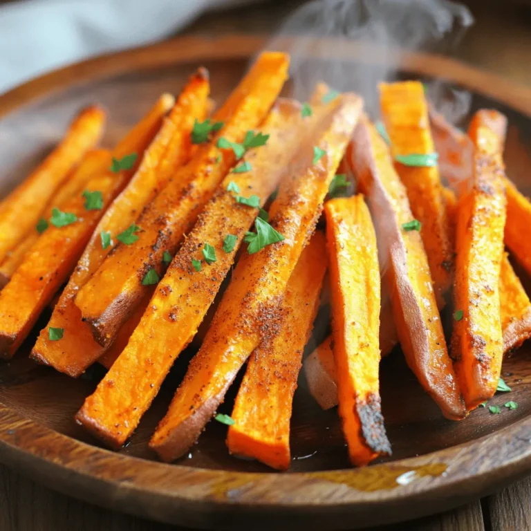 - 2 large sweet potatoes - 2 tablespoons extra virgin olive oil - Seasoning elements: - 1 teaspoon garlic powder - 1 teaspoon smoked paprika - 1/2 teaspoon cayenne pepper (adjust for spice preference) - Salt and freshly ground black pepper to taste To make great sweet potato fries, start with fresh ingredients. Sweet potatoes give a natural sweetness and great texture. - Fresh parsley for garnish - Suggested dipping sauces Garnishes can elevate your fries. Chopped parsley adds color and freshness. Pair your fries with zesty aioli or creamy ranch for extra flavor. Check the Full Recipe for complete details on making this tasty treat! To start, soak your sweet potato sticks in cold water for at least 30 minutes. This helps remove excess starch. After soaking, drain the fries well. Use a clean towel to pat them dry. Getting rid of moisture is key to making them crispy. In a large bowl, add your dried sweet potato fries. Drizzle them with olive oil. Then, sprinkle in garlic powder, smoked paprika, cayenne pepper, salt, and black pepper. Toss everything gently until the fries are well-coated in oil and spices. This step adds a lot of flavor to your fries. Preheat your air fryer to 400°F (200°C) for about 5 minutes. Once it's hot, place the sweet potato fries in a single layer in the basket. Don’t overcrowd them; this helps air circulate. Cook the fries for 15-20 minutes. Halfway through, shake the basket to ensure even cooking. Keep an eye on them; they should turn golden brown and crispy. Once done, carefully take them out and serve them in a dish. For the full recipe, refer to the earlier section. To make your sweet potato fries crispy, soaking is key. Soak the cut fries in cold water for at least 30 minutes. This step removes excess starch, which helps with crispiness. After soaking, drain the fries and dry them well. Use a clean towel to remove moisture. The less water on the fries, the crispier they will be. Next, set up your air fryer correctly. Preheat it to 400°F (200°C) for about 5 minutes. This ensures the fries start cooking right away. Arrange the fries in a single layer in the basket. Avoid stacking them. Good air circulation is crucial for that perfect crunch. Sweet potato fries pair well with many dips. Try zesty aioli, creamy ranch, or spicy ketchup for a kick. You can also serve them with guacamole for a fun twist. For a beautiful presentation, use a stylish serving dish. Add a sprinkle of chopped parsley on top for color. This makes the fries look even more tempting. One common mistake is overcrowding the air fryer. When fries overlap, they steam instead of crisp. Always leave space for air to flow around each fry. Also, keep an eye on the cooking time. Sweet potato fries can go from perfect to burnt quickly. Shake the basket halfway through cooking to promote even browning. Enjoy your crispy air fryer sweet potato fries! For more details, check the Full Recipe. {{image_4}} You can change the flavor of your sweet potato fries easily with different seasonings. For a sweet treat, try adding cinnamon or brown sugar. These spices bring out the natural sweetness of the sweet potatoes. Mix them in with the olive oil before tossing the fries. For a savory option, think about using herbs or spices like rosemary or cumin. These flavors add depth and make your fries unique. Just sprinkle them on the fries with the oil and mix well. While the air fryer is great, you can also bake your sweet potato fries. Preheat your oven to 425°F (220°C). Spread the seasoned fries on a baking sheet in a single layer. Bake for about 25-30 minutes, flipping halfway. This method gives you crispy fries, too. If you want a classic taste, use a deep fryer. Heat oil to 350°F (175°C). Fry the sweet potato sticks in small batches for about 4-5 minutes. This creates a fluffy interior and a crispy exterior. Want to try something new? Swap sweet potatoes with other types of potatoes. Red or white potatoes work well. They cook similarly and have different tastes. You can also find gluten-free options. Look for gluten-free breadcrumbs if you want a crunchier coating. This way, everyone can enjoy your delicious fries. For the full recipe, check out the detailed instructions I provided earlier! To keep your sweet potato fries fresh, store them in the fridge. Place the fries in an airtight container. This will help prevent them from getting soggy. Make sure they cool down before sealing them up. You can enjoy them for up to three days. For longer storage, you can freeze them. Spread the fries on a baking sheet in a single layer. Freeze them for about one hour. Once frozen, transfer them to a freezer-safe bag or container. They can last for up to three months in the freezer. When you're ready to enjoy your fries again, reheating is key. The best way to keep them crispy is to use the air fryer. Preheat the air fryer to 400°F (200°C). Place the fries in a single layer and heat for about 5-7 minutes. This method will help restore their crunch. You can also use an oven. Preheat it to 400°F (200°C) and spread the fries on a baking sheet. Bake them for about 10 minutes. Keep an eye on them to ensure they don’t burn. When stored properly, your sweet potato fries stay fresh for about three days in the fridge. If frozen, they can last for up to three months. Just remember, the longer they sit, the more they lose their crispness. Enjoy your crispy air fryer sweet potato fries while they are at their best! For the full recipe, check out the earlier section. To make sweet potato fries crispy, soak them in cold water for at least 30 minutes. This step helps remove excess starch. After soaking, drain and dry the fries well. Pat them with a towel to reduce moisture. Coat them with olive oil and spices before cooking. Ensure the air fryer is preheated to 400°F (200°C). Cook in a single layer. Shake the basket halfway through for even cooking. Yes, you can use olive oil for air fryer sweet potato fries. It adds a nice flavor and helps the fries crisp up. Use extra virgin olive oil for the best taste. Just drizzle it over the fries, and toss to coat them evenly. This oil is a great choice for healthy cooking. Air fryer sweet potato fries are healthier than traditional fries. They use less oil, which means fewer calories and fat. Sweet potatoes are rich in vitamins and fiber, making them a better choice. You still get that crispy texture and delicious flavor without the added guilt. Sweet potato fries pair well with many dips. Try zesty aioli, creamy ranch, or spicy ketchup. You can also enjoy them with guacamole or a tangy yogurt dip. For a fun twist, serve them with a side of chili or even a fruity salsa. These pairings enhance the flavor and make your meal more exciting. In this post, we explored making delicious air fryer sweet potato fries. We covered key ingredients, step-by-step instructions, and helpful tips for crispiness. I shared cooking methods and storage ideas to keep your fries fresh. Remember, you can customize your fries with different seasonings or dips. Enjoy experimenting and savoring each bite. Making these fries at home is easy and fun. You will love how simple ingredients transform into a tasty treat. Happy cooking!