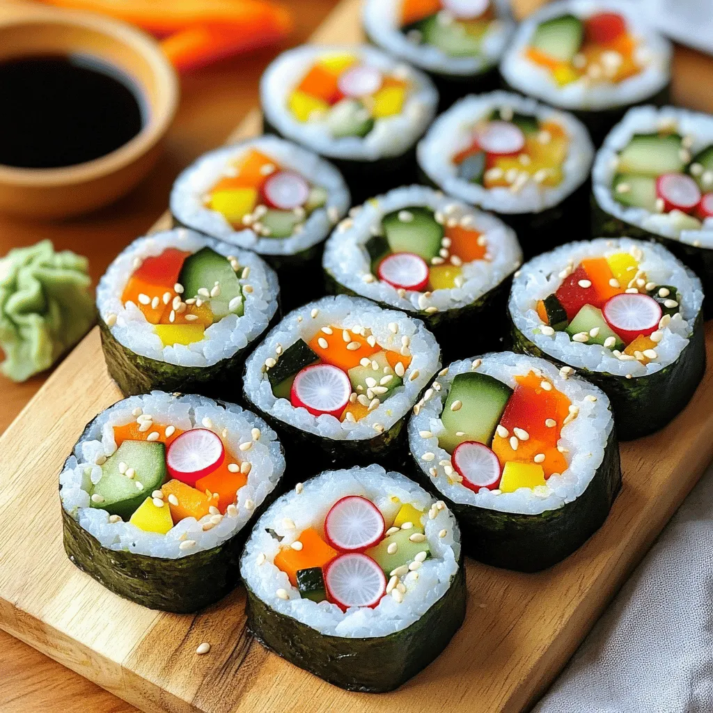 - 1 cup sushi rice - 1 ¼ cups water - 2 tablespoons rice vinegar - 1 tablespoon sugar - ½ teaspoon salt - 4 nori sheets (seaweed) - 1 small cucumber, julienned - 1 medium carrot, julienned - ½ bell pepper, thinly sliced (any color) - 1 avocado, sliced - ½ cup radishes, thinly sliced - Sesame seeds, for garnish - Soy sauce, for serving - Wasabi and pickled ginger, for serving (optional) When making veggie sushi rolls, start with quality ingredients. The sushi rice forms the base of your roll. It is sticky, so it holds everything together. Rinse the rice well to get rid of extra starch. This makes the rolls less gummy. Nori sheets are essential for sushi. They provide flavor and hold the roll together. Look for fresh nori that is dark green and crisp. Next, choose vibrant veggies. I love using cucumber, carrot, and bell pepper. They add crunch and color. Avocado gives a creamy texture. Radishes add a nice bite. Feel free to mix and match your veggies based on what you like. Optional garnishes can enhance your sushi experience. Sesame seeds provide a nutty flavor. Soy sauce is great for dipping, while wasabi and pickled ginger give an extra kick. You can find the full recipe for rainbow veggie sushi rolls in this guide. 1. Rinsing the Rice: Start by washing the sushi rice. Rinse it under cold water until the water is clear. This step helps remove excess starch. After rinsing, drain the rice well. 2. Cooking the Rice: In a medium pot, combine the rinsed rice and 1 ¼ cups of water. Bring it to a boil over high heat. When it boils, reduce the heat to low. Cover the pot and let it simmer for 18-20 minutes. The rice should be tender when done. 3. Seasoning the Rice: While the rice cooks, mix 2 tablespoons of rice vinegar, 1 tablespoon of sugar, and ½ teaspoon of salt in a bowl. Stir until dissolved. After cooking, let the rice cool a bit. Gently fold in the vinegar mixture. This adds flavor and helps the rice stay fluffy. 1. Preparing Your Workspace: Lay a bamboo sushi mat on a clean surface. For easy cleanup, cover it with plastic wrap. This keeps the rice from sticking to the mat. 2. Laying Out the Nori: Place one nori sheet on the mat. Make sure the shiny side faces down. Wet your hands with a little water to avoid sticking while handling the rice. 3. Spreading the Rice: Take about ½ cup of the seasoned rice. Spread it evenly over the nori, leaving a 1-inch border at the top. This border helps seal the roll later. 4. Adding the Fillings: Place your colorful veggies in the center of the rice. Use julienned cucumber, carrot, bell pepper, and sliced avocado. Don’t forget to add thinly sliced radishes for crunch. 1. Rolling Technique: Start from the edge closest to you. Lift the bamboo mat and roll it over the fillings. Apply gentle pressure to keep the roll tight. Roll until you reach the uncovered edge of the nori. Tuck that edge in as you finish rolling. 2. Slicing the Roll: After rolling, use a sharp knife to cut the sushi roll into 6-8 pieces. Wipe the knife with a damp cloth between cuts. This helps keep each slice neat and clean. 3. Garnishing and Serving: Sprinkle sesame seeds over the sliced sushi for added flavor and crunch. Serve your rainbow veggie sushi rolls with soy sauce for dipping. If you like, add wasabi and pickled ginger for an extra kick. For the full recipe, check out the details above! To make great veggie sushi rolls, you need the right rice. Ensure your sushi rice is not too sticky. Rinse it well under cold water until the water runs clear. This removes excess starch. Cook it properly to achieve a fluffy texture. When rolling, use a bamboo mat for tight rolls. Start from the edge closest to you. Gently lift the mat and roll it over the fillings. Keep the roll tight by applying even pressure. This helps create a nice, firm sushi roll. Serving is just as important as making the rolls. Use a vibrant platter to display your sushi. This adds a pop of color to your meal. Arrange the rolls neatly and sprinkle sesame seeds on top. For extra flair, add thinly sliced vegetables around the rolls. You can also serve with small bowls of soy sauce. This allows guests to dip the sushi easily. If you want to impress, add a little wasabi and pickled ginger on the side. One common mistake is overfilling your sushi roll. Too many ingredients can make it hard to roll. Stick to a few colorful veggies for the best results. Another mistake is not cutting the roll correctly. Use a sharp knife for clean slices. Wipe the knife with a damp cloth between cuts. This keeps each piece looking beautiful. Follow these tips, and your veggie sushi rolls will shine! For the complete recipe, check out the Full Recipe. {{image_4}} You can change the veggies in your sushi rolls. Use seasonal options or your favorites. Try thin strips of zucchini, sweet potato, or purple cabbage. You can even add cooked ingredients like tofu or tempura vegetables. These add flavor and texture to your rolls. Experimenting with different vegetables keeps your sushi fresh and fun. Not everyone loves sushi rice. You can use brown rice instead. It adds a nutty flavor and is healthier. If you want a low-carb option, use cauliflower rice. Just pulse cauliflower florets in a food processor. For more taste, try adding herbs or spices to your rice. This gives your rolls a unique twist. Soy sauce is a classic dip for sushi. But you can make your own sauces too. Mix soy sauce with a splash of lime for a zesty kick. You can also try a spicy mayo by mixing mayo with sriracha. If you love sweet flavors, a teriyaki sauce can be perfect. These sauces make your veggie sushi even more delicious. For the full recipe, check out the Rainbow Veggie Sushi Rolls. To keep your leftover veggie sushi fresh, wrap each roll tightly in plastic wrap. This prevents air from drying them out. Place the wrapped rolls in an airtight container. Store them in the fridge for up to 24 hours for the best taste. The rice can get hard if left too long. If you need to reheat sushi, microwave it briefly. Place the sushi on a plate and cover it with a damp paper towel. Heat for about 10-15 seconds. This helps keep the rice moist. However, sushi is best fresh. Reheating can change the texture and flavor. So, enjoy your rainbow veggie sushi rolls right after making them for the best experience! Veggie sushi rolls can last about 1-2 days in the fridge. Keep them in an airtight container to maintain freshness. The rice may get a bit hard, but the taste will still be good. Always check for any signs of spoilage before eating leftovers. Yes, you can use other rice types for sushi. Brown rice is a healthy option, but it takes longer to cook. Cauliflower rice is also a great low-carb choice. Just remember, these alternatives may change the taste and texture of your rolls. Experiment to find what you like best! Vegan sushi can be just as nutritious as traditional sushi. Veggie sushi is low in calories and high in vitamins. It offers good fiber from vegetables. Traditional sushi often has fish, which adds protein and omega-3s. Both options can be balanced and healthy when chosen wisely. You can roll sushi without a bamboo mat! Use a clean kitchen towel instead. Lay the nori on the towel, spread the rice, and add fillings. Carefully roll it up like a burrito. If you don’t have a towel, just use your hands. It may take a bit more practice, but you’ll get the hang of it! For a full recipe, check out Rainbow Veggie Sushi Rolls. In this article, we explored how to make delicious veggie sushi rolls. We covered the main ingredients, step-by-step instructions, and some handy tips. I shared ways to add variety to your rolls, storage advice, and answers to common questions. Now you can create your own sushi at home. Remember, practice makes perfect. Enjoy your tasty creations, and have fun experimenting with different fillings!