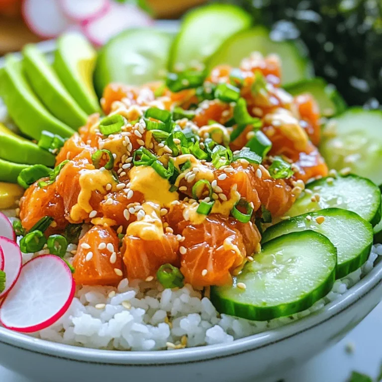 - 1 cup sushi rice - 8 oz sushi-grade tuna, finely diced - ½ ripe avocado, elegantly sliced - 1 small cucumber, thinly sliced into rounds - 2 tablespoons Kewpie mayonnaise - 1 tablespoon sriracha sauce - 1 tablespoon rice vinegar - 1 tablespoon granulated sugar - ½ teaspoon sea salt - 1 teaspoon toasted sesame oil - Seaweed sheets, cut into thin strips - 2 green onions, finely chopped - Toasted sesame seeds - Optional pickled ginger for serving When preparing a spicy tuna sushi bowl, the ingredients play a key role in flavor. Sushi rice is essential for a sticky base. Sushi-grade tuna gives that fresh, bold taste. Avocado and cucumber add creamy and crisp textures. Kewpie mayonnaise brings richness, while sriracha adds a spicy kick. For seasoning, rice vinegar, sugar, and sea salt balance the flavors in the rice. A touch of toasted sesame oil adds depth. Garnishes like seaweed strips and green onions not only enhance the taste but also make the dish more vibrant. Toasted sesame seeds provide a nutty crunch. If you want a bit more zing, add pickled ginger as a side. This simple yet flavorful ingredient list ensures a delicious and satisfying meal. You can explore the full recipe to see how these ingredients come together in a delightful dish. - Rinsing the rice thoroughly: Start by rinsing 1 cup of sushi rice in cold water. Wash it until the water runs clear. This usually takes about 3 to 4 rinses. This step gets rid of excess starch. It helps the rice become sticky and perfect for sushi. - Cooking the rice with water: In a medium saucepan, add the rinsed rice and 1 ½ cups of water. Bring it to a boil on medium-high heat. Once it boils, turn the heat low. Cover the pot and let it simmer for 18 to 20 minutes. After this, turn off the heat and let it sit, covered, for another 10 minutes. This steaming helps the rice finish cooking. - Seasoning the rice after cooking: In a small bowl, mix 1 tablespoon of rice vinegar, 1 tablespoon of sugar, and ½ teaspoon of sea salt. Stir until everything dissolves. Once the rice cools a little, fold this mix into the rice gently. This adds flavor and helps it shine. Set this seasoned rice aside to cool completely. - Combining tuna with mayonnaise and sriracha: While the rice cools, get 8 oz of sushi-grade tuna. Finely dice it and put it in a bowl. Add 2 tablespoons of Kewpie mayonnaise and 1 tablespoon of sriracha sauce. Stir well until the tuna is coated. This creates a creamy and spicy mix. - Adjusting spiciness according to preference: If you like it spicier, add more sriracha. Taste and adjust the heat level to your liking. You want this tuna to have a kick that suits you. - Dividing rice into serving bowls: Now, take your cooled sushi rice and divide it into 2 to 3 serving bowls. Create a nice base layer for your toppings. - Adding the spicy tuna mixture: Next, add a generous scoop of the spicy tuna mix on top of the rice. Make it look nice and inviting by mounding it in the center. - Garnishing with fresh ingredients: Finally, slice ½ of a ripe avocado, a small cucumber, and a radish into rounds. Arrange these slices over the tuna. Sprinkle chopped green onions and toasted sesame seeds on top. For an extra touch, add strips of seaweed and serve with pickled ginger on the side if you want. This adds color and balance to your dish. For a full recipe, check out the details above and enjoy your cooking adventure! Rinsing sushi rice is very important. This step removes excess starch. Clean rice helps achieve the sticky texture you want. Rinse the rice until the water runs clear. This usually takes about three to four washes. To cook the rice, combine rinsed sushi rice with water in a medium saucepan. Bring it to a boil over medium-high heat. Once boiling, lower the heat, cover, and let it simmer for 18 to 20 minutes. After the water is absorbed, let it sit covered for another 10 minutes. This steaming step is crucial for fluffy rice. You can adjust the spicy tuna to match your taste. If you like it hotter, add more sriracha. If you prefer a milder flavor, use less. Kewpie mayonnaise adds creaminess. I recommend using Kewpie for the best taste. It has a unique flavor that works well in this dish. For sriracha, any brand will work, but I suggest one with a balanced spice. Assembly is key for a beautiful sushi bowl. Start with a base of rice in your bowl. Then, add a mound of spicy tuna on top. Arrange the avocado, cucumber, and radish slices around the tuna. For added flair, sprinkle green onions and sesame seeds. Use strips of seaweed for crunch. Serve on a colorful dish for extra visual appeal. You can also add a lime wedge on the side for a zesty touch. Enjoy the artistic side of cooking with this dish! {{image_4}} You can change the protein in your spicy tuna sushi bowls for fun. If you love salmon, it’s a great choice. Salmon has a rich flavor and works well with the spicy mix. You can also use tofu for a vegetarian option. Just press the tofu to remove extra water, then dice it. Another choice is cooked shrimp. Cooked shrimp adds a nice twist and is easy to find. The great thing about sushi bowls is how you can play with flavors. Try different sauces to mix things up. Instead of sriracha, you might use a spicy mayo or even a sweet chili sauce. You can also add extra toppings for more taste. Slices of fresh mango bring sweetness, while radish adds a crisp bite. Both toppings brighten the dish and make it more fun to eat. Think outside the bowl! You can roll your spicy tuna mix into sushi rolls. Just spread rice on nori sheets, add your mix, and roll it up tight. It’s a fun way to serve sushi. If you have friends over, create a larger platter. Fill it with rice, spicy tuna, and colorful toppings to share. Everyone can build their own bowl, making it a great party dish. For the full recipe, check out the [Full Recipe]. To keep your spicy tuna sushi bowls fresh, store them in airtight containers. Place the sushi rice and toppings in separate containers. This will help maintain the texture and flavor. You should eat leftovers within 2 days for the best taste. Reheat sushi rice gently in the microwave. Add a splash of water to keep it moist. Cover it with a damp paper towel to avoid dryness. Heat in short bursts, stirring in between. Always use fresh ingredients for toppings when you reassemble your bowl. You can freeze the spicy tuna mix. Place it in a freezer-safe container and seal tightly. The mix lasts up to 1 month in the freezer. When ready to eat, thaw it in the fridge overnight. Use it within 2 days after thawing for the best flavor. Sushi-grade tuna is the best choice for sushi bowls. It is fresh, safe to eat raw, and has a rich flavor. Regular tuna might not be safe to eat raw, as it may contain harmful bacteria or parasites. Always look for the label "sushi-grade" when buying tuna. This ensures you're getting the best quality for your spicy tuna mix. Yes, you can prepare sushi rice in advance. Store it in an airtight container after it cools. Keep it in the fridge for up to three days. When ready to use, let it come to room temperature. Avoid reheating it, as it can change the texture. This makes meal prep easier and faster. To add more heat to your sushi bowls, increase the sriracha sauce. You can also mix in some chili oil or add sliced jalapeños. For a unique twist, try adding wasabi to the spicy tuna mix. Adjust the heat to fit your taste, and enjoy the extra kick! If you can't find Kewpie mayonnaise, regular mayonnaise works well. You can also mix regular mayo with a bit of rice vinegar for a similar flavor. Some people enjoy using Greek yogurt as a healthier alternative. Each option will give your spicy tuna a creamy texture. Yes, this recipe is great for meal prep. You can make the sushi rice and spicy tuna mix ahead of time. Store the rice and toppings in separate containers. This keeps ingredients fresh and prevents sogginess. When ready to eat, assemble your bowls for a quick, tasty meal. This article covered how to make delicious sushi bowls at home. We discussed key ingredients, like sushi rice, fresh tuna, and toppings. I shared step-by-step instructions on preparing the rice, making the spicy tuna mix, and assembling your bowls. Food is fun, and these bowls let you be creative. Use different proteins or flavors to make it your own. Enjoy trying out storage and reheating tips, too. With practice, you can make sushi bowls that impress friends and family. Dive in and start crafting your unique sushi bowls today!