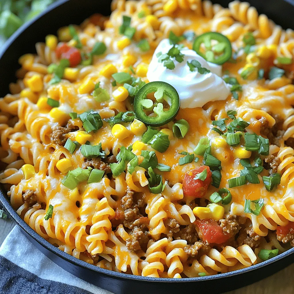 - 8 oz rotini or preferred pasta - 1 lb ground beef or turkey - 1 packet taco seasoning - 1 can (14.5 oz) diced tomatoes with green chilies - 1 cup corn (fresh or frozen) - 1 cup beef or vegetable broth - 1 cup shredded cheddar cheese - 1 cup shredded mozzarella cheese - 1 tablespoon olive oil - ½ cup chopped green onions (for garnish) - Salt and pepper to taste - Optional toppings: sour cream, sliced jalapeños, fresh cilantro The ingredients for Easy Cheesy Taco Pasta Skillet are simple yet packed with flavor. You start with pasta, which is the base of the dish. I love using rotini because it holds the sauce well. Next, you need ground beef or turkey. This adds protein and makes the dish hearty. Taco seasoning gives it that classic taco flavor. You also add diced tomatoes with green chilies for some spice and sweetness. Corn adds a nice crunch, making it fun to eat. The broth is key too; it keeps everything moist and flavorful. For the cheese lovers, the cheddar and mozzarella create a cheesy topping that melts perfectly. Olive oil helps cook the meat, and green onions give a fresh touch. Lastly, use salt and pepper to enhance the taste. Feel free to switch things up! You can read the Full Recipe for more details. - Step 1: Bring a large pot of salted water to a boil. Once boiling, add 8 oz of rotini. Cook for about 8-10 minutes until al dente. - Step 2: Drain the pasta and set it aside in a bowl. - Step 3: Heat 1 tablespoon of olive oil in a large skillet over medium heat. Make sure the oil coats the bottom. - Step 4: Add 1 lb of ground beef or turkey to the skillet. Cook for 5-7 minutes. Break it apart as it cooks. Season with salt and pepper to enhance the flavor. - Step 5: Sprinkle 1 packet of taco seasoning over the meat. Stir well to mix the seasoning into the meat. - Step 6: Pour in 1 can of diced tomatoes with green chilies, 1 cup of corn, and 1 cup of broth. Stir everything together. - Step 7: Add the drained pasta to the skillet. Mix thoroughly so the pasta gets coated in the sauce. - Step 8: Top with 1 cup each of shredded cheddar and mozzarella cheese. Cover the skillet for about 5 minutes. Let the cheese melt and bubble before serving. This Easy Cheesy Taco Pasta Skillet is quick, tasty, and perfect for a weeknight meal. For a detailed look at the recipe, check out the Full Recipe. Enjoy your delicious creation! - Use a large skillet to prevent overcrowding. A big space helps food cook evenly. - Stir occasionally for even cooking. This way, nothing sticks or burns. - Try different types of cheese for varied taste. Gouda or pepper jack can add a twist. - Adjust taco seasoning based on spice preference. Add more for heat or less for mild. - A non-stick skillet makes for easy cleanup. You won’t struggle with stuck cheese. - A good quality pasta strainer ensures perfect pasta cooking. It keeps your pasta from breaking. For the complete recipe, check out the [Full Recipe]. {{image_4}} You can easily change the meat in this dish. Substitute ground beef with chicken or plant-based meat. This keeps the dish tasty and fun. For a vegetarian option, use lentils or beans. They add protein and a nice texture. You can switch things up based on what you have on hand. The type of pasta you use can change the dish's feel. Explore other pasta shapes like penne or fusilli. Each shape holds sauce differently, making every bite unique. If you need gluten-free options, choose gluten-free pasta. It works just as well and keeps the dish delicious. To make this dish lighter, reduce the cheese. You still get flavor without extra calories. For a healthier version, use low-sodium broth. This helps cut down on salt while keeping the flavor strong. These changes let you enjoy this meal without guilt. For the full recipe, check out the details above. Store leftovers in an airtight container. This keeps them fresh. You should eat them within 3-4 days. This way, you avoid spoilage and enjoy their full taste. Cool the dish completely before freezing. This helps maintain texture. Use freezer-safe containers to store it for up to 3 months. Label the containers with the date for easy tracking. For stovetop reheating, add a splash of broth. This keeps the pasta moist. If you use a microwave, heat it in short intervals. Stir frequently to ensure even heating. To make this dish, follow these steps: 1. Cook the rotini in boiling salted water for 8-10 minutes. 2. In a skillet, heat olive oil and cook ground beef or turkey until browned. 3. Add taco seasoning and mix it well with the meat. 4. Stir in diced tomatoes, corn, and broth, then let it simmer. 5. Add the cooked pasta and mix everything together. 6. Top with cheddar and mozzarella cheese, cover, and let it melt. 7. Serve with green onions and any optional toppings. For the full recipe, check out the detailed steps above. Yes, you can prep this dish in advance. Cook the pasta and meat ahead of time. Store them in separate containers in the fridge. You can mix them together before serving. This way, the dish stays fresh and tasty. You can add more spices to boost the flavor. Try cayenne pepper for heat or cumin for depth. For a fresh twist, add lime juice or cilantro. You can also mix in black beans or bell peppers. This taco pasta pairs well with a simple salad or garlic bread. You can also serve it with tortilla chips and salsa for extra crunch. A side of grilled veggies adds color and nutrition too. Absolutely! This dish is great for meal prep. Portion it into airtight containers for easy lunches or dinners. Store it in the fridge for up to four days. You can reheat it quickly in the microwave. Yes, you can easily make this dish vegetarian. Substitute the meat with lentils, black beans, or plant-based meat. Use vegetable broth and add more veggies like zucchini or spinach for extra nutrition. You learned how to make a tasty Easy Cheesy Taco Pasta Skillet using simple ingredients. From cooking pasta to combining flavors, this dish comes together easily. You can even customize it with different proteins or cheeses. Remember to store leftovers correctly to enjoy them later. This recipe is perfect for quick meals or meal prep. Enjoy trying it and make it your own with added toppings! Your family will love this comforting, cheesy dish.