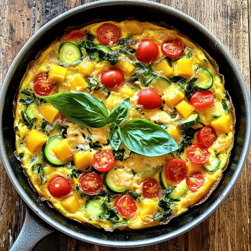 To make a Loaded Veggie Frittata, you will need: - 6 large eggs - 1 cup milk (or your choice of plant-based milk) - 1 cup diced bell peppers (choose a mix of red, yellow, and green for color) - 1 cup fresh spinach, roughly chopped - 1 small zucchini, diced into small cubes - 1/2 cup cherry tomatoes, halved - 1/2 onion, finely diced - 1 cup shredded cheese (cheddar or mozzarella work wonderfully) - 1 teaspoon olive oil - Salt and freshly cracked pepper to taste - Fresh herbs (basil or parsley), for a delightful garnish If you want to change things up, try these swaps: - Use egg whites for a lighter frittata. - Swap milk for almond or oat milk for a dairy-free option. - Add mushrooms or broccoli for more veggies. - Replace cheese with nutritional yeast for a vegan choice. - Use different herbs like chives or cilantro for unique flavors. A serving of this frittata is packed with nutrients: - Calories: About 250 - Protein: 18g - Carbohydrates: 10g - Fat: 15g - Fiber: 2g This dish is a great source of protein and vitamins, thanks to the eggs and veggies. You can enjoy a healthy meal that keeps you full! For the full recipe, check out the detailed cooking steps. First, you need to preheat your oven to 375°F (190°C). This step helps the frittata cook evenly. While the oven warms up, grab an oven-safe skillet. I like to use a cast-iron skillet for great heat distribution. Add one teaspoon of olive oil to the skillet and place it on medium heat. Let it warm while you prep the veggies. Start by adding half a finely diced onion to the skillet. Sauté it for about two to three minutes. You want the onions to become soft and clear. Next, toss in one cup of diced bell peppers and one small diced zucchini. Cook these for three to four minutes, stirring often. They should soften just a bit. Then, add one cup of roughly chopped spinach and half a cup of halved cherry tomatoes. Stir everything well. Cook until the spinach wilts. This mix brings great flavor to your frittata. Now it’s time to mix things up. In a large bowl, whisk together six large eggs, one cup of milk, a pinch of salt, and freshly cracked pepper. Make sure everything blends well. Pour this egg mixture over the cooked veggies in your skillet. Gently shake the pan to spread the eggs evenly. Finally, sprinkle one cup of shredded cheese on top. Let it sit for a moment. You will want that cheese to melt and form a tasty layer. Cook on the stovetop for three to four minutes until the edges start to set. Then, transfer the skillet to your preheated oven and bake for 15 to 20 minutes. Watch for a light golden color on top. Once done, let it cool before slicing. Don’t forget to check out the Full Recipe for all the details. To achieve a great frittata texture, start with fresh eggs. Use large eggs for the best results. Whisk the eggs and milk well to incorporate air. This step gives the frittata a fluffy texture. After mixing, let the egg mixture rest for about 10 minutes. This allows the flavors to blend nicely. When cooking, keep the heat low at first. This helps the edges set without burning. For deeper flavors, consider adding spices like garlic powder or paprika to the egg mixture. Fresh herbs like basil or parsley elevate the taste and aroma. You can also mix in some cooked bacon or sausage if you want a meaty twist. Experiment with different cheeses, too! Feta or goat cheese can add a tangy kick. Serve your loaded veggie frittata warm or at room temperature. Pair it with a fresh salad for a nice balance. A side of whole-grain toast can add a hearty element. For extra flavor, serve with a dollop of salsa or hot sauce. You can also drizzle a bit of balsamic glaze over it for a sweet touch. For the full recipe, check out the details above! {{image_4}} You can add protein to your loaded veggie frittata easily. Ham, bacon, or sausage can bring new flavors. Just cook the meat first, then mix it into the skillet with the veggies. This step keeps the protein tasty and tender. You can also use cooked chicken or turkey for a lighter option. These additions make your frittata heartier and more filling. Using seasonal veggies can change your frittata each time you make it. In spring, consider asparagus or peas for a fresh taste. Summer is great for zucchini or ripe tomatoes. Fall brings squash and sweet potatoes. Winter can showcase hearty greens like kale or collards. Feel free to mix and match. This way, you keep your meals exciting and colorful. To make a dairy-free frittata, swap the milk for your favorite plant-based milk. Almond, oat, or soy milk works well in this recipe. You can also leave out the cheese or use a dairy-free cheese instead. Nutritional yeast adds a cheesy flavor without dairy. This option keeps the dish rich while meeting dietary needs. Feel free to explore and find what you enjoy best with this loaded veggie frittata. Check out the Full Recipe for more ideas! To keep your loaded veggie frittata fresh, let it cool first. Once cooled, cut the frittata into slices. Place the slices in an airtight container. Store it in the fridge. It will last for about 3 to 4 days. If you want to enjoy it later, freezing is a great option. Reheating the frittata is easy. You can use the microwave or the oven. For the microwave, place a slice on a plate and heat for 30 seconds. Check if it's warm. If not, heat for another 15 seconds. For the oven, preheat to 350°F (175°C). Place the slice on a baking sheet and heat for about 10 minutes. This way, the cheese melts again. To freeze the frittata, follow these steps. First, let it cool completely. Wrap each slice in plastic wrap. Then, place the wrapped slices in a freezer bag. Make sure to remove as much air as possible. Label the bag with the date. It can stay in the freezer for up to 3 months. When you're ready to eat, thaw it in the fridge overnight and reheat. Enjoy your delicious meal again! For the full recipe, check here. A frittata is an Italian egg dish. It’s like an open-faced omelet that’s thick and hearty. You can add various ingredients to it. Common choices include veggies, meats, and cheeses. Frittatas are great for breakfast or any meal. They are easy to make and can be served hot or cold. Yes, you can make a frittata without cheese. Just skip the cheese in the recipe. You can add more veggies or herbs for flavor. Nutritional yeast can also add a cheesy taste. This makes your frittata dairy-free but still tasty. You can tell a frittata is done when the edges are set. The center should not jiggle when you shake the pan. If you insert a knife in the middle, it should come out clean. The top should also be a light golden color. For exact timing, check the recipe for guidance, like in the Full Recipe. This blog post covered how to make a tasty frittata. You learned about key ingredients and their substitutes. I shared easy steps for prep and cooking. You found tips for great texture and flavor. We explored different variations and how to store leftovers. In summary, frittatas are simple, versatile, and fun to make. Enjoy trying new ingredients and flavors. Now, you can create your perfect dish!