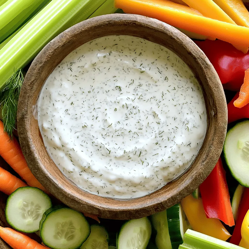 For this tasty treat, you need simple, fresh ingredients. Here is what you'll need: - 1 cup plain Greek yogurt - 1 tablespoon mayonnaise - 1 teaspoon garlic powder - 1 teaspoon onion powder - 1 teaspoon dried dill weed - 1 teaspoon dried parsley - ½ teaspoon sea salt - ¼ teaspoon freshly cracked black pepper - 1 teaspoon freshly squeezed lemon juice - A mix of fresh veggies for dipping, like baby carrots, celery sticks, bell pepper strips, and cucumber slices Each ingredient brings its own flavor and texture to the dip. The base is Greek yogurt. It is thick and creamy. It adds a nice tang. Mayonnaise gives an extra richness. Garlic powder and onion powder add bold flavors without any chopping. Dried dill weed and parsley offer a fresh touch. Sea salt enhances all the flavors, while black pepper adds a bit of heat. Fresh lemon juice brightens everything up. Finally, the fresh veggies add crunch and color. You can make a few swaps for a lighter dip. Instead of mayonnaise, try using more Greek yogurt for a lower-fat option. You can also use fresh herbs instead of dried ones. Fresh herbs can give a stronger flavor. If you want less salt, try using a salt-free seasoning blend. For a vegan version, use dairy-free yogurt. This keeps the creaminess while making it plant-based. Start by gathering your ingredients. You will need 1 cup of plain Greek yogurt and 1 tablespoon of mayonnaise. Place them in a medium mixing bowl. I like to use a spatula or whisk to blend them. Mix until the texture is smooth and creamy. This is the base of your dip. Now it's time to add flavor. Sprinkle in 1 teaspoon each of garlic powder, onion powder, dried dill weed, and dried parsley. Next, add ½ teaspoon of sea salt and ¼ teaspoon of black pepper. These spices give the dip its classic ranch taste. Mix everything well. Then, add 1 teaspoon of freshly squeezed lemon juice for a zesty kick. Give it another stir to ensure it’s all mixed together. Taste your dip. If you like more flavor, add a pinch of salt or pepper. Once you’re happy with the taste, cover the bowl with plastic wrap. Place it in the refrigerator for at least 30 minutes. This chilling time helps the flavors blend together, making your dip even tastier. When you’re ready to serve, arrange fresh veggies like baby carrots and cucumber slices on a platter. Scoop the dip into a bowl and enjoy! For the full recipe, be sure to check out the details above! To make your Greek yogurt ranch dip truly shine, focus on fresh herbs. Fresh herbs can add a burst of flavor that dried ones cannot match. Try adding chopped chives or cilantro. For a smoky flavor, consider adding a pinch of smoked paprika. You can also experiment with different spices. A hint of cayenne pepper can bring some heat. One common mistake is not letting the dip chill. Chilling allows the flavors to blend. If you skip this step, your dip may taste flat. Another mistake is using too much salt. Start with a small amount and taste as you go. You can always add more salt, but it’s hard to fix if you add too much. If you want a dairy-free version, try using coconut yogurt. It has a nice creamy texture. You can also use tahini for a nutty flavor. Blend the tahini with lemon juice and a bit of water to reach your desired consistency. For a lighter option, try silken tofu. Blend it until smooth and mix it with your seasonings for that ranch flavor. For more details on the recipe, check the Full Recipe section. {{image_4}} You can mix up the flavor of your Greek yogurt ranch dip. Try adding a pinch of smoked paprika for a warm taste. If you love heat, sprinkle in some cayenne pepper. A bit of chipotle powder will also give it a nice kick. For a fresher taste, add some chopped chives or green onions. Each twist keeps the dip exciting! While plain Greek yogurt is the base, you can experiment with other flavors too. A lemon-flavored yogurt can add a tangy twist. If you want sweetness, try vanilla yogurt, but cut back on the salt. Berry yogurts can also lend a unique touch, just be mindful of how it affects the overall taste. Choose a flavor that matches your mood! Fresh veggies make a great choice, but you can dip more than just carrots and celery. Try crispy tortilla chips for a fun crunch. Pita chips add a nice texture too. Want a heartier option? Serve with whole-grain crackers or breadsticks. Even apple slices can work for a sweet and savory combo. Feel free to get creative with your dippers! For the full recipe, don’t forget to check out the details above! To store leftover dip, place it in an airtight container. This helps keep it fresh and tasty. Make sure to cover it tightly. You can also use plastic wrap over a bowl. Keep the dip in your fridge for up to five days. If you want to enjoy it later, check the smell and taste before serving. You can freeze Greek yogurt ranch dip, but it may change texture. To freeze, place it in a freezer-safe container. Leave some space at the top for expansion. Seal the container well to avoid freezer burn. When you're ready to eat it, thaw it in the fridge overnight. After thawing, stir well to mix the ingredients. You can use it for up to three months. The dip lasts about five days in the fridge. Always check for signs of spoilage before eating. If it looks or smells off, it's best to discard it. For the best flavor, consume your dip within the first few days. This ensures you enjoy it at its freshest. Keep the dip covered when not in use to maintain its taste and quality. The best way to serve Greek Yogurt Ranch Dip is with fresh veggies. I love using baby carrots, celery sticks, bell pepper strips, and cucumber slices. You can arrange these veggies on a platter. This makes your dip look colorful and inviting. You can also add a sprinkle of fresh herbs on top for a nice touch. Yes, you can make this dip ahead of time! I often prepare it a day before a gathering. Just store it in the fridge, covered tightly. This allows the flavors to mix well and taste even better when served. Remember to give it a quick stir before serving. Greek Yogurt Ranch Dip can last about 3 to 5 days in the fridge. Make sure to keep it in an airtight container. If you notice any changes in color or smell, it’s best to throw it away. Enjoy your dip while it’s fresh for the best taste! For the full recipe, check out the section above. In this blog post, we explored how to make Greek Yogurt Ranch Dip. We covered key ingredients, preparation steps, and helpful tips to enhance your dip. Remember, you can make healthier substitutions and try different yogurt flavors. Store leftovers properly to enjoy later, and check out the FAQs for common questions. This dish is not only tasty but also easy to customize. Use this knowledge to create your perfect dip for any occasion. Enjoy your cooking!