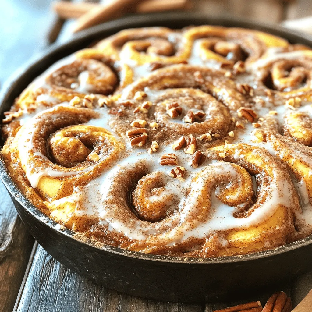 To make a Giant Cinnamon Roll Skillet Cake, you need the following items: - 4 cups all-purpose flour - 1 packet (2 1/4 tsp) active dry yeast - 1 cup warm milk (110°F / 43°C) - 1/2 cup granulated sugar - 1/3 cup unsalted butter, melted - 2 large eggs - 1 tsp vanilla extract - 1 tsp salt - 1 tablespoon ground cinnamon - 1 cup packed brown sugar - 1/2 cup chopped pecans (optional) - 1 cup powdered sugar - 2 tablespoons milk (for glaze) - 1/2 tsp vanilla extract (for glaze) Each ingredient plays a key role in the flavor and texture of the cake. The flour gives the cake structure. The yeast helps it rise and become fluffy. Warm milk activates the yeast. Sugar adds sweetness and moisture. Butter makes it rich and tender. Eggs bind the mixture and add richness. Vanilla extract gives a nice aroma. Salt enhances the flavors. Ground cinnamon adds warmth and spice. Brown sugar adds a deep flavor. Chopped pecans give a nice crunch, but they are optional. Powdered sugar, milk, and vanilla extract create a sweet glaze that tops the cake. Gather these ingredients before you start. This will help you stay organized and make the baking process smooth. For the full recipe, check the earlier section! Activation of Yeast Start by activating the yeast. In a mixing bowl, combine 1 cup of warm milk, 1 packet of active dry yeast, and a pinch of sugar. Let it sit for 5 to 10 minutes. You want it to be bubbly and frothy. This shows that the yeast is alive and ready to work. Combining Dry Ingredients In a large bowl, whisk together 4 cups of all-purpose flour, 1/2 cup of granulated sugar, and 1 teaspoon of salt. Mix them well. This helps your dough rise evenly. Forming and Kneading the Dough Make a well in the center of your dry mix. Add in 1/3 cup of melted butter, 2 large eggs, and your foamy yeast mix. Stir until the dough forms. Turn it onto a floured surface and knead for about 5 to 7 minutes. The dough should be smooth and elastic. If it’s sticky, add a bit more flour. Rolling Out the Dough Once the dough has risen for about 1 hour, punch it down gently. Roll it out on a floured surface into a big rectangle, about 1/4 inch thick. This is where the fun starts! Mixing the Cinnamon Filling In a small bowl, combine 1 cup of packed brown sugar, 1 tablespoon of ground cinnamon, and chopped pecans if you like. Sprinkle this mix over your rolled-out dough. Rolling and Slicing Start rolling the dough from one long end. Roll it tightly and pinch the seams to seal. Use a sharp knife to slice the log into about 12 equal pieces. Arranging Rolls in Skillet Take a greased oven-safe skillet and arrange the sliced rolls in a circle. Place one roll in the center and the rest around it. This shapes your cake nicely. Second Rise Cover the skillet with a towel and let the rolls rise for another 30 minutes. This helps them puff up and get fluffy. Preheating and Baking Preheat your oven to 350°F (175°C). Bake the skillet cake for 25 to 30 minutes. Look for a golden brown top and check that the rolls are cooked through. Making the Glaze While the cake bakes, mix 1 cup of powdered sugar with 2 tablespoons of milk and 1/2 teaspoon of vanilla extract. Whisk until smooth and creamy. Glazing the Cake When the cake is out of the oven, drizzle the glaze over it while it's still warm. This lets the glaze soak in. Presentation Tips Serve the cinnamon roll skillet cake right from the skillet. It looks great and saves on dishes! For a nice touch, sprinkle some extra cinnamon and pecans on top. Enjoy it warm for the best taste! You can find the full recipe in the article for more details. - Ensuring Yeast Activation: Always check that your yeast is fresh. Mix it with warm milk and a pinch of sugar. Wait for it to foam. This shows that it is active and ready to help your dough rise. - Kneading Technique: Knead the dough on a floured surface for about 5 to 7 minutes. You want it smooth and elastic. If it sticks, add a little more flour. This helps the rolls rise better. - Avoiding Overbaking: Keep an eye on the oven. Bake the skillet cake until it is golden brown. This usually takes about 25 to 30 minutes. If you bake it too long, it can dry out. - Not Rolling the Dough Thin Enough: Roll the dough to about 1/4 inch thick. If it is too thick, the rolls won’t cook evenly. You want soft and gooey centers. - Skipping the Second Rise: Don’t skip this step! Let the rolls rise again for 30 minutes. This makes them fluffy and light. - Insufficient Glaze: Make sure to drizzle enough glaze over the warm cake. It adds flavor and makes the cake look great. A good glaze is the finishing touch that everyone loves. For the full recipe, check the ingredients and instructions above. {{image_4}} You can easily change up the flavor of your Giant Cinnamon Roll Skillet Cake. Here are some fun ideas: - Adding Chocolate Chips: Mix in a cup of chocolate chips into the cinnamon filling. This will give your cake a rich and sweet twist. - Swapping Pecans for Walnuts: If you prefer walnuts, feel free to swap them out. They add a different crunch and taste. - Experimenting with Different Glazes: Instead of the classic glaze, try a cream cheese glaze or even a maple syrup drizzle. Each choice brings a new flavor. If you have dietary needs, you can still enjoy this cake. Here are some options: - Gluten-Free Options: Use a gluten-free flour blend instead of all-purpose flour. This swap keeps the taste and texture without gluten. - Vegan Adaptations: Replace the eggs with flax eggs and use plant-based milk and butter. These simple swaps make the cake vegan-friendly. For the full recipe, check out the details above. Enjoy making your own special version of this giant treat! Room Temperature Storage You can keep leftover Giant Cinnamon Roll Skillet Cake at room temperature. Place it in an airtight container. This way, it stays soft and tasty for up to two days. Refrigeration Tips If you want it to last longer, put it in the fridge. Wrap it well in plastic wrap or foil. It will stay fresh for about one week. Just remember to let it sit at room temperature for a bit before eating. Oven Method To reheat, preheat your oven to 350°F (175°C). Place the cake in the oven for about 10-15 minutes. This warms the cake and keeps it fluffy. Cover it with foil to avoid it getting too brown. Microwave Method For a quick option, use the microwave. Heat a slice for about 15-20 seconds. Check if it's warm enough. If not, heat for another 10 seconds. This method is fast but may make the cake a bit chewy. Enjoy your delicious Giant Cinnamon Roll Skillet Cake! For the full recipe, check out the detailed instructions above. Making a Giant Cinnamon Roll Skillet Cake takes about 1 hour and 35 minutes. This includes 20 minutes for prep and about 1 hour for baking and rising. You need to let the dough rise twice, which adds some time, but it’s worth the wait for that fluffy texture. Yes, you can make this recipe in advance. Prepare the dough and let it rise. Once the dough is ready, you can cover it and store it in the fridge overnight. The next day, let it come to room temperature and bake it. This way, you have fresh cinnamon rolls ready for breakfast! If you don’t have active dry yeast, you can use instant yeast instead. Use the same amount, but you don’t need to activate it first. If you want to avoid yeast altogether, you can use baking powder. For every packet of yeast, use 1 tablespoon of baking powder and skip the rising time. Yes, you can freeze the cinnamon roll skillet cake. After baking, let it cool completely. Wrap the cake tightly in plastic wrap and then in aluminum foil. It can stay in the freezer for up to three months. To enjoy, thaw it in the fridge overnight, then warm it in the oven before serving. You now have all the tools to make a delicious Giant Cinnamon Roll Skillet Cake. We covered ingredients, preparation steps, and tips to perfect your recipe. Remember to pay close attention to yeast activation and avoid rolling the dough too thick. You can add your twist with flavors or dietary changes. Store leftovers properly for best taste, and reheating options are simple. Enjoy creating this treat for friends or family. Your efforts will certainly pay off with smiles and compliments all around. Happy baking!