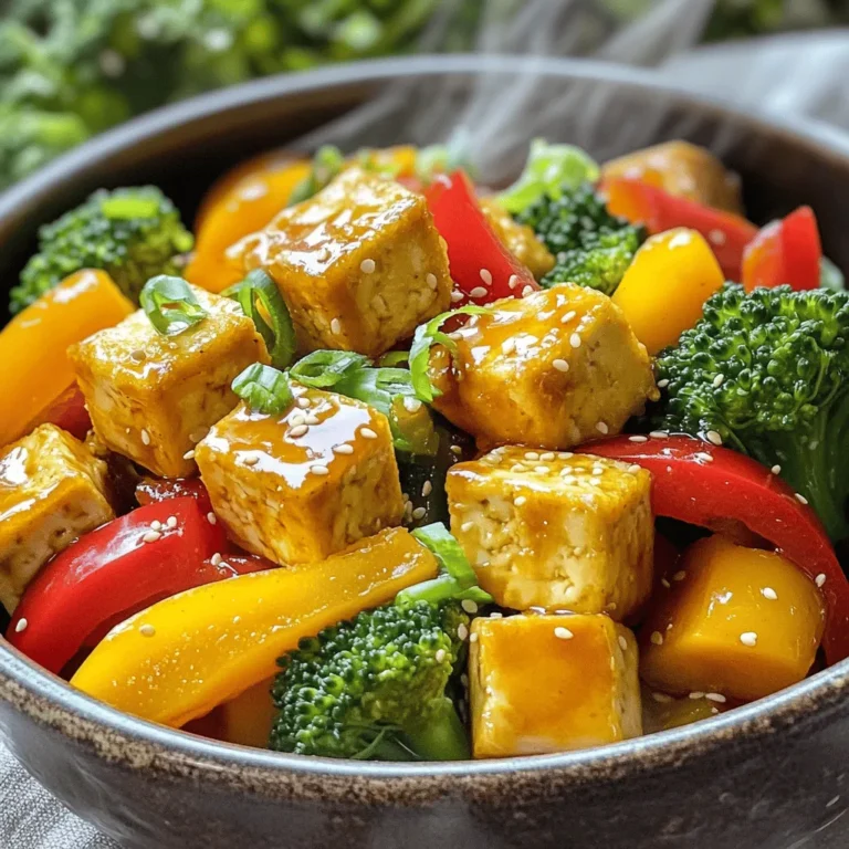 - Tofu and Vegetables: - 1 block (about 14 oz) firm tofu, drained and pressed - 1 red bell pepper, cored and sliced - 1 yellow bell pepper, cored and sliced - 1 cup broccoli florets - Seasonings and Sauces: - 4 cloves garlic, minced - 1 tablespoon fresh ginger, minced - 2 tablespoons soy sauce - 1 tablespoon sriracha - 1 tablespoon rice vinegar - 1 teaspoon sesame oil - Garnishes: - 2 green onions, sliced - Sesame seeds To make the chili garlic tofu stir fry, start with firm tofu. It holds its shape well. Press it to remove water. This step helps the tofu get crispy. Next, you will need colorful bell peppers and broccoli. They add great taste and crunch. Garlic and ginger give strong flavor. Soy sauce and sriracha add depth and heat. Rice vinegar adds a tangy touch. Finally, sesame oil adds a nutty finish. Don't forget garnishes! Green onions and sesame seeds make your dish look and taste great. For the full recipe, check the details above. Enjoy cooking! First, cut your block of tofu into bite-sized cubes. Make sure they are all about the same size. This helps them cook evenly. Next, you need to press the tofu. Pressing removes excess water. This step helps the tofu get crispy when cooked. Now, sprinkle cornstarch over the tofu cubes in a bowl. Toss them gently to coat each piece. The cornstarch forms a nice crust when frying. Heat 2 tablespoons of vegetable oil in a large skillet over medium-high heat. Wait until the oil shimmers. This means it is hot enough. Carefully add the tofu cubes in a single layer. Fry them for about 7 to 10 minutes. Turn them occasionally. You want them golden brown and crispy on all sides. Once done, remove the tofu from the skillet and set it aside on a plate. In the same skillet, add 1 tablespoon of oil. Immediately toss in minced garlic and ginger. Sauté for about 30 seconds. Stir constantly to avoid burning. You want them fragrant, not brown. Next, add your sliced bell peppers and broccoli florets. Stir-fry these veggies for about 5 to 7 minutes. They should be tender-crisp and colorful. Now, return the golden tofu to the skillet. Pour in soy sauce, sriracha, and rice vinegar. Gently toss everything together. This ensures the sauce coats the tofu and veggies evenly. Drizzle sesame oil over the stir fry and give it a final toss. Let it cook for one more minute. This warms everything through. Once everything is hot and mixed well, transfer the stir fry to a serving dish. For the full recipe, check the earlier section. To get crispy tofu, you must press it first. This removes excess water. Cut the tofu into cubes that are all the same size. This helps them cook evenly. Coat the tofu in cornstarch before frying. This is important. A good coating makes the tofu crispy. Toss the cubes gently in cornstarch to cover them well. When frying, use medium-high heat. Heat the oil until it shimmers. Then, add the tofu in a single layer. Don’t crowd the pan. This allows the tofu to fry well and get that golden color. You can control the heat in your chili garlic tofu stir fry. Use sriracha to add spice. Start with one tablespoon, then taste. If you want it hotter, add more sriracha. If sriracha is too spicy, try other sauces. You can use sweet chili sauce for a mild taste. You can also skip the spicy sauce altogether if you prefer no heat. To make your dish look great, garnish it well. Fresh green onions add color and crunch. Sprinkle sesame seeds on top for extra flair. Serve your stir fry over rice or toss it with noodles. Both options make a filling meal. You can even add a side of pickled veggies for a nice contrast. Enjoy your flavorful and colorful dish! {{image_4}} You can switch up the veggies in your stir fry. Try using snap peas, carrots, or zucchini. These vegetables add color and crunch. Seasonal options are also great. In spring, use asparagus and green beans. In fall, add mushrooms or squash for a cozy twist. The goal is to keep it fresh and vibrant. If you want to try something new, tempeh or chickpeas work well. Tempeh has a nutty taste and a firm texture. Chickpeas add creaminess and protein. For meat lovers, chicken or shrimp are tasty choices. Cook them until they are just done, then mix them with the veggies and sauce. Each option adds a unique flavor to the dish. Want to spice things up? Add more garlic or a pinch of cayenne. Fresh herbs like basil or cilantro can brighten the dish. If you prefer a sweeter taste, drizzle in some honey or maple syrup. For a tangy kick, try adding lime juice. Adjust these flavors to suit your taste. Experimenting keeps the dish exciting! For the complete recipe, check out the Full Recipe section. To keep your chili garlic tofu stir fry fresh, store leftovers in an airtight container. Make sure it cools down to room temperature before sealing. This helps prevent moisture build-up. You can keep it in the fridge for up to 4 days. If you notice any changes in smell or color, toss it away. Always check before eating! You can freeze this dish if you want to enjoy it later. Divide it into portions and place them in freezer-safe bags. Remove as much air as possible before sealing. This step helps to avoid freezer burn. You can freeze it for up to 3 months. When you're ready to eat, thaw it overnight in the fridge. Reheat in a skillet over medium heat, adding a splash of water to help revive the texture. This method keeps your tofu and veggies nice and crisp. Yes, you can use less oil. One way is to use a non-stick skillet. This helps reduce the amount of oil needed. You can also use cooking spray. It allows for even cooking without adding too much fat. If you want to swap oils, try vegetable broth instead. It works well for sautéing. You can also use less oil when frying tofu. Just remember that less oil may affect the crispiness. Yes, this recipe can be gluten-free. To make it so, simply use tamari instead of soy sauce. Tamari is a gluten-free soy sauce that tastes great. Make sure to check all other ingredients, too. Some seasonings may contain gluten. You can also use gluten-free substitutes for other ingredients, like rice vinegar. Always read labels to ensure they meet gluten-free standards. To make this dish ahead of time, start by prepping the tofu and vegetables. You can cut and coat the tofu with cornstarch. Store it in the fridge until you’re ready to cook. For the veggies, chop them and keep them in an airtight container. Cook everything fresh before serving for the best taste. If you want to keep them longer, you can meal prep. When it’s time to eat, reheat the stir fry in a skillet over medium heat. This helps keep the tofu crispy. You can also add a bit of water for steaming. Enjoy your meal hot! For the complete cooking steps, refer to the Full Recipe. In this post, we explored how to make a delicious chili garlic tofu stir fry. We covered the key ingredients, detailed steps for cooking, and shared helpful tips for crispiness and spice levels. Remember, you can customize this dish with different vegetables or proteins. Whether you enjoy it right away or store it for later, you'll have a tasty meal. With these simple methods, anyone can create a satisfying stir fry. Enjoy your cooking journey and try out variations that suit your taste!