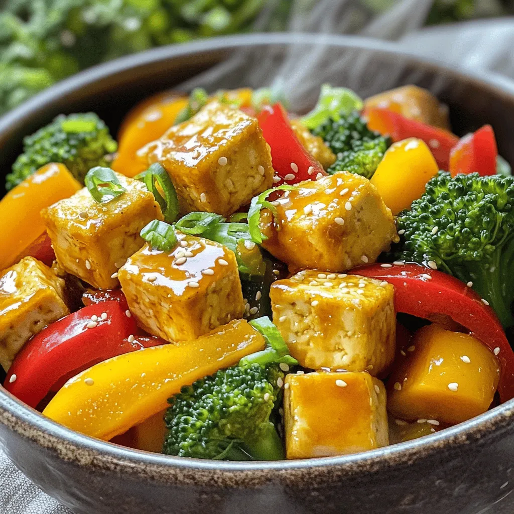 - Tofu and Vegetables: - 1 block (about 14 oz) firm tofu, drained and pressed - 1 red bell pepper, cored and sliced - 1 yellow bell pepper, cored and sliced - 1 cup broccoli florets - Seasonings and Sauces: - 4 cloves garlic, minced - 1 tablespoon fresh ginger, minced - 2 tablespoons soy sauce - 1 tablespoon sriracha - 1 tablespoon rice vinegar - 1 teaspoon sesame oil - Garnishes: - 2 green onions, sliced - Sesame seeds To make the chili garlic tofu stir fry, start with firm tofu. It holds its shape well. Press it to remove water. This step helps the tofu get crispy. Next, you will need colorful bell peppers and broccoli. They add great taste and crunch. Garlic and ginger give strong flavor. Soy sauce and sriracha add depth and heat. Rice vinegar adds a tangy touch. Finally, sesame oil adds a nutty finish. Don't forget garnishes! Green onions and sesame seeds make your dish look and taste great. For the full recipe, check the details above. Enjoy cooking! First, cut your block of tofu into bite-sized cubes. Make sure they are all about the same size. This helps them cook evenly. Next, you need to press the tofu. Pressing removes excess water. This step helps the tofu get crispy when cooked. Now, sprinkle cornstarch over the tofu cubes in a bowl. Toss them gently to coat each piece. The cornstarch forms a nice crust when frying. Heat 2 tablespoons of vegetable oil in a large skillet over medium-high heat. Wait until the oil shimmers. This means it is hot enough. Carefully add the tofu cubes in a single layer. Fry them for about 7 to 10 minutes. Turn them occasionally. You want them golden brown and crispy on all sides. Once done, remove the tofu from the skillet and set it aside on a plate. In the same skillet, add 1 tablespoon of oil. Immediately toss in minced garlic and ginger. Sauté for about 30 seconds. Stir constantly to avoid burning. You want them fragrant, not brown. Next, add your sliced bell peppers and broccoli florets. Stir-fry these veggies for about 5 to 7 minutes. They should be tender-crisp and colorful. Now, return the golden tofu to the skillet. Pour in soy sauce, sriracha, and rice vinegar. Gently toss everything together. This ensures the sauce coats the tofu and veggies evenly. Drizzle sesame oil over the stir fry and give it a final toss. Let it cook for one more minute. This warms everything through. Once everything is hot and mixed well, transfer the stir fry to a serving dish. For the full recipe, check the earlier section. To get crispy tofu, you must press it first. This removes excess water. Cut the tofu into cubes that are all the same size. This helps them cook evenly. Coat the tofu in cornstarch before frying. This is important. A good coating makes the tofu crispy. Toss the cubes gently in cornstarch to cover them well. When frying, use medium-high heat. Heat the oil until it shimmers. Then, add the tofu in a single layer. Don’t crowd the pan. This allows the tofu to fry well and get that golden color. You can control the heat in your chili garlic tofu stir fry. Use sriracha to add spice. Start with one tablespoon, then taste. If you want it hotter, add more sriracha. If sriracha is too spicy, try other sauces. You can use sweet chili sauce for a mild taste. You can also skip the spicy sauce altogether if you prefer no heat. To make your dish look great, garnish it well. Fresh green onions add color and crunch. Sprinkle sesame seeds on top for extra flair. Serve your stir fry over rice or toss it with noodles. Both options make a filling meal. You can even add a side of pickled veggies for a nice contrast. Enjoy your flavorful and colorful dish! {{image_4}} You can switch up the veggies in your stir fry. Try using snap peas, carrots, or zucchini. These vegetables add color and crunch. Seasonal options are also great. In spring, use asparagus and green beans. In fall, add mushrooms or squash for a cozy twist. The goal is to keep it fresh and vibrant. If you want to try something new, tempeh or chickpeas work well. Tempeh has a nutty taste and a firm texture. Chickpeas add creaminess and protein. For meat lovers, chicken or shrimp are tasty choices. Cook them until they are just done, then mix them with the veggies and sauce. Each option adds a unique flavor to the dish. Want to spice things up? Add more garlic or a pinch of cayenne. Fresh herbs like basil or cilantro can brighten the dish. If you prefer a sweeter taste, drizzle in some honey or maple syrup. For a tangy kick, try adding lime juice. Adjust these flavors to suit your taste. Experimenting keeps the dish exciting! For the complete recipe, check out the Full Recipe section. To keep your chili garlic tofu stir fry fresh, store leftovers in an airtight container. Make sure it cools down to room temperature before sealing. This helps prevent moisture build-up. You can keep it in the fridge for up to 4 days. If you notice any changes in smell or color, toss it away. Always check before eating! You can freeze this dish if you want to enjoy it later. Divide it into portions and place them in freezer-safe bags. Remove as much air as possible before sealing. This step helps to avoid freezer burn. You can freeze it for up to 3 months. When you're ready to eat, thaw it overnight in the fridge. Reheat in a skillet over medium heat, adding a splash of water to help revive the texture. This method keeps your tofu and veggies nice and crisp. Yes, you can use less oil. One way is to use a non-stick skillet. This helps reduce the amount of oil needed. You can also use cooking spray. It allows for even cooking without adding too much fat. If you want to swap oils, try vegetable broth instead. It works well for sautéing. You can also use less oil when frying tofu. Just remember that less oil may affect the crispiness. Yes, this recipe can be gluten-free. To make it so, simply use tamari instead of soy sauce. Tamari is a gluten-free soy sauce that tastes great. Make sure to check all other ingredients, too. Some seasonings may contain gluten. You can also use gluten-free substitutes for other ingredients, like rice vinegar. Always read labels to ensure they meet gluten-free standards. To make this dish ahead of time, start by prepping the tofu and vegetables. You can cut and coat the tofu with cornstarch. Store it in the fridge until you’re ready to cook. For the veggies, chop them and keep them in an airtight container. Cook everything fresh before serving for the best taste. If you want to keep them longer, you can meal prep. When it’s time to eat, reheat the stir fry in a skillet over medium heat. This helps keep the tofu crispy. You can also add a bit of water for steaming. Enjoy your meal hot! For the complete cooking steps, refer to the Full Recipe. In this post, we explored how to make a delicious chili garlic tofu stir fry. We covered the key ingredients, detailed steps for cooking, and shared helpful tips for crispiness and spice levels. Remember, you can customize this dish with different vegetables or proteins. Whether you enjoy it right away or store it for later, you'll have a tasty meal. With these simple methods, anyone can create a satisfying stir fry. Enjoy your cooking journey and try out variations that suit your taste!