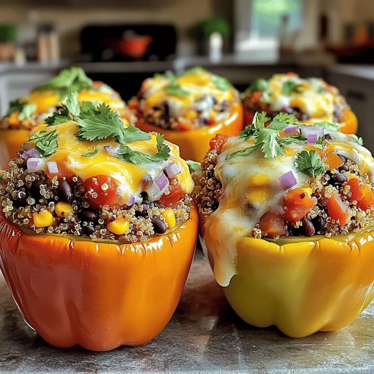 This veggie stuffed bell pepper recipe is simple and fun. You can make it with friends or family. It’s colorful, healthy, and perfect for any meal. The main flavors come from spices, fresh veggies, and cheese. Here’s what you will need: - 4 large bell peppers (any colors you like) - 1 cup cooked quinoa - 1 cup black beans, rinsed and drained - 1 cup corn (fresh or frozen) - 1 cup diced tomatoes (canned or fresh) - 1 small red onion, finely chopped - 2 cloves garlic, minced - 1 teaspoon ground cumin - 1 teaspoon chili powder - Salt and pepper to taste - 1 cup shredded cheese (cheddar or dairy-free option) - Fresh cilantro or parsley, chopped You can switch out some ingredients to fit your taste: - Use brown rice or farro instead of quinoa. - Swap black beans for kidney beans or lentils. - If you dislike corn, add diced zucchini or spinach. - For a kick, add chopped jalapeños or hot sauce. - Try different cheeses like feta or mozzarella. These swaps keep your dish fresh and exciting! Start by preheating your oven to 375°F (190°C). This helps the peppers cook evenly. Next, take your bell peppers and cut the tops off. Be careful not to cut too deep. Remove the seeds and membranes inside. This creates a hollow shell for the filling. Stand the peppers upright in a baking dish. Make sure they fit snugly to keep them from falling over. In a large mixing bowl, combine the cooked quinoa, rinsed black beans, corn, and diced tomatoes. Use fresh or canned tomatoes, but include the juices for flavor. Then, add the chopped red onion and minced garlic. Sprinkle in the ground cumin and chili powder. Season with salt and pepper to taste. Mix all the ingredients well. Ensure that every bite is packed with flavor. Once your filling is ready, spoon it into each bell pepper. Pack the filling tightly to make a hearty meal. Sprinkle shredded cheese on top of each pepper. This will melt beautifully while baking. Pour a little water into the bottom of the baking dish. This step keeps the peppers moist. Cover the dish tightly with aluminum foil. Place it in the oven and bake for 25-30 minutes. After this, remove the foil and bake for another 10-15 minutes. You want the peppers to be tender and the cheese melted. Once done, take the dish out and let it cool a bit. Garnish with chopped cilantro or parsley before serving. Enjoy your flavorful veggie stuffed bell peppers! For the full recipe, see above. To get the best texture, choose ripe bell peppers. They should feel firm but not hard. Cooking the quinoa well is key. It should be fluffy, not mushy. Mix your filling well so every bite has flavor. Use fresh herbs for a pop of taste. Adding a splash of lime juice enhances the dish's brightness. Serve your stuffed peppers on a big plate. Drizzle with balsamic glaze for a nice touch. You can pair them with a simple salad or some crusty bread. If you love spice, offer hot sauce on the side. These peppers shine at parties or family dinners. They look great as a centerpiece. One big mistake is overcooking the peppers. They should be tender but still hold shape. Don’t skip the seasoning; it makes a huge difference. Make sure to pack the filling tightly. Otherwise, it can fall out while cooking. Lastly, don’t forget to let them cool a bit before serving. This helps keep the flavors in check. For the full recipe, check out the earlier section. {{image_4}} You can easily add protein to your veggie stuffed bell peppers. Some great options are: - Ground turkey or chicken – It cooks fast and blends well. - Tofu – Crumble it up for a nice texture. - Lentils – They add a hearty feel and are full of fiber. - Chickpeas – They give a nutty taste and a protein boost. Mix in any of these proteins when you prepare your filling. This way, you can customize each pepper to your taste. If you want to keep it vegan or dairy-free, there are many swaps you can use: - Nutritional yeast – It adds a cheesy flavor without dairy. - Dairy-free cheese – Many brands offer great melting options. - Coconut yogurt – Use it as a creamy topping for extra flavor. These swaps will keep your dish rich and tasty while fitting your dietary needs. Using seasonal ingredients can elevate your stuffed peppers. Here are some ideas: - Zucchini – Chop it up and mix it in for extra veggies. - Spinach or kale – Add it for a boost of greens and nutrients. - Fresh herbs – Basil or oregano can brighten the flavor. Try to mix in what's fresh and in season. This not only enhances taste but also makes your meal more sustainable. You can find the full recipe to get started with these variations. After you enjoy your veggie stuffed bell peppers, store leftovers in an airtight container. They can last up to three days in the fridge. Make sure they cool down first. This helps keep the peppers fresh and tasty. If you want to keep them longer, freezing is a great option. To reheat, place your stuffed peppers in the microwave. Heat them for about two to three minutes. Check if they're warm all the way through. You can also reheat in the oven at 350°F (175°C) for about 15 minutes. Cover them with foil to prevent drying out. If you want to freeze your veggie stuffed bell peppers, wrap them tightly in plastic wrap. Then, place them in a freezer bag. They can stay good for up to three months. When you’re ready to eat them, thaw in the fridge overnight. Then, reheat using the instructions above. This way, you have a quick and healthy meal ready to go! You can find the Full Recipe for more details on making these delicious stuffed peppers. Yes, you can prepare the filling ahead of time. Cook the quinoa, beans, and veggies. Store the mix in the fridge for up to three days. When ready to cook, stuff the peppers and bake as directed. This saves time and makes dinner easier. I love using cheddar or Monterey Jack for their great melt. If you want a dairy-free option, try vegan cheese. It melts well and adds flavor. Mix different cheeses for more taste. Always consider your personal preference when choosing cheese. To avoid crunchy peppers, pre-bake them for a few minutes before stuffing. This softens them. You can also cover them tightly with foil while baking. This traps steam and helps cook the peppers evenly. Check them with a fork; they should be tender but not mushy. We explored how to make tasty veggie stuffed bell peppers. I shared the full recipe, ingredient lists, and smart substitutes. You learned step-by-step methods for prepping, baking, and serving. I provided tips to avoid common mistakes and suggested variations for different diets. In summary, these stuffed peppers are flexible and easy to personalize. They make a great meal for any occasion, and you'll enjoy every bite. Happy cooking!