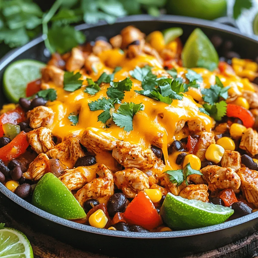Here is what you need for a tasty Tex Mex Chicken Skillet: - 2 boneless, skinless chicken breasts, diced into bite-sized pieces - 1 tablespoon olive oil - 1 medium onion, finely diced - 2 cloves garlic, minced - 1 bell pepper (any color), diced - 1 cup corn (fresh or frozen) - 1 can (15 oz) black beans, rinsed and drained - 2 teaspoons taco seasoning - 1 teaspoon smoked paprika - Salt and black pepper to taste - 1 cup diced tomatoes (fresh or canned) - 1 cup shredded cheddar cheese - Fresh cilantro, chopped (for garnish) - Lime wedges (for serving) Using fresh ingredients can enhance the dish's flavor. Fresh garlic and onion bring more aroma. Fresh tomatoes add a nice, juicy touch. However, canned ingredients work well too. Canned beans and corn make prep fast and easy. They save time without losing taste. You can swap ingredients based on what you have. For chicken, try turkey or tofu for a lighter option. If you lack taco seasoning, use cumin and chili powder instead. Don’t have a bell pepper? Zucchini or carrots can add crunch. For cheese, any melting cheese will work. Just choose what you love! For the full recipe, check out the details above. To start, grab a large skillet. Heat one tablespoon of olive oil over medium heat. When the oil shimmers, add the diced chicken. Sprinkle it with salt, black pepper, taco seasoning, and smoked paprika. Cook the chicken for about 5-7 minutes. Stir it often until it turns golden brown. Make sure it reaches 165°F inside. Next, add the finely diced onion and minced garlic. Cook for 2-3 minutes until the onion is soft and fragrant. Then, toss in the diced bell pepper and corn. Cook for another 4-5 minutes, or until the bell pepper is tender. Now, gently fold in the black beans and diced tomatoes. Mix well and let it simmer for about 5 minutes. This helps all the flavors blend nicely. After that, sprinkle the shredded cheddar cheese on top. Cover the skillet with a lid and let it sit for 2-3 minutes. This melts the cheese perfectly. Finally, remove it from heat and add freshly chopped cilantro. Serve hot with lime wedges on the side. Use fresh chicken for the best taste. If you can, choose organic or free-range chicken. Cut the chicken into even pieces for even cooking. Don’t rush the cooking process. Let the chicken brown before adding other ingredients. This adds flavor and depth. Always check the internal temperature. It should reach 165°F to be safe to eat. Cook the chicken on medium heat. This helps it cook evenly without burning. For the best results, follow the timing closely. After adding the chicken, give it 5-7 minutes. When adding the onion and garlic, 2-3 minutes is perfect. For the bell pepper and corn, aim for 4-5 minutes. Finally, let it all simmer for 5 minutes before adding cheese. This timing is key for a great meal. If you follow these steps, your Tex Mex Chicken Skillet will be a hit! For the complete recipe, check the Full Recipe. When making Tex Mex Chicken Skillet, some mistakes can ruin your dish. First, don’t rush the cooking. Let the chicken get golden brown. This gives it great flavor. Another mistake is under-seasoning. Don’t skimp on the taco seasoning. It adds a lot of taste. Lastly, avoid overcrowding the skillet. Cook in batches if needed. This helps everything cook evenly. To boost flavor, use fresh herbs and spices. Fresh cilantro adds a bright note. Try adding lime juice for zing. You can also mix in some cumin for warmth. If you like heat, add diced jalapeños. They bring a nice kick. Remember to taste as you go. Adjust the seasoning to make it perfect for you. Serve your Tex Mex Chicken Skillet hot from the pan. It looks great and tastes even better. Pair it with warm tortillas or over rice. This adds texture and makes it filling. Don't forget the lime wedges. Squeeze them over the top just before eating. They brighten every bite. For a fun twist, top with avocado or sour cream. This adds creaminess and richness. For the full recipe, check out the details above. {{image_4}} You can make a tasty vegetarian or vegan version of this dish. Instead of chicken, use diced tofu or tempeh. Both options absorb flavor well and add protein. Replace cheese with vegan cheese or skip it altogether. Add more veggies like zucchini or mushrooms for extra texture. You can also use chickpeas instead of black beans for a fun twist. This Tex Mex Chicken Skillet is easy to make gluten-free. Most of the ingredients are naturally gluten-free. Just make sure the taco seasoning does not contain gluten. You can also use corn tortillas instead of flour ones if you want a side. Always check labels on canned goods to avoid hidden gluten. If you like spice, add diced jalapeños or a sprinkle of cayenne pepper. You can also use chipotle peppers in adobo sauce for a smoky heat. If you prefer a milder taste, try using bell peppers in different colors. They add sweetness without the heat. Experiment with your favorite hot sauce for an extra kick. To store your Tex Mex Chicken Skillet, let it cool first. Use an airtight container for best results. This keeps the dish fresh for later meals. You can keep it in the fridge for up to four days. If you want to keep it longer, freeze the skillet. Just make sure to use a freezer-safe container. It can last up to three months in the freezer. When you're ready to enjoy leftovers, reheat the skillet. You can use a microwave or a stove. If using a microwave, place it in a bowl and cover it. Heat in 30-second intervals until hot. If using a stove, warm it gently over low heat. Stir often to avoid sticking. This keeps the flavors rich and tasty. Knowing how long your ingredients last helps with meal prep. Here’s a quick guide: - Chicken breasts: 1-2 days in the fridge, 9 months in the freezer. - Bell peppers: 1 week in the fridge, 6-8 months in the freezer. - Corn: Fresh lasts about 3 days; frozen can last up to 12 months. - Black beans: Canned lasts for years if unopened; once opened, use within 3-4 days. - Cheddar cheese: 1-2 weeks in the fridge; shredded cheese can last longer if stored well. For the full recipe, check out the Tex Mex Chicken Skillet to explore all the delicious flavors you can make! You can change this dish to fit your taste. Try different proteins like shrimp or beef. For a vegetarian option, use mushrooms or extra beans. You can swap in any veggies you like, such as zucchini or spinach. Add more spices for heat, or use mild salsa for a lighter flavor. You can even switch the cheese to pepper jack for a spicy twist! Yes, you can prepare this dish ahead. Cook it fully, then cool it down. Store it in an airtight container in the fridge for up to three days. When you’re ready to eat, just reheat it in a skillet or microwave. You might need to add a splash of water to keep it moist. This meal pairs well with many sides. Some great options are: - Mexican rice - Refried beans - Tortilla chips with salsa - A fresh garden salad - Avocado slices or guacamole These sides will add a nice touch and complement the flavors of the skillet. For the full recipe, check out the details above. In this blog post, I shared how to make Tex Mex Chicken Skillet. We explored key ingredients, cooking steps, and handy tips to avoid mistakes. I offered ideas for variations, like vegetarian or gluten-free options, to cater to your needs. Remember, proper storage keeps your dish fresh. You can always customize the recipe to fit your taste. Lastly, don’t forget about tasty side dishes that pair well. Cooking can be fun, and this skillet dish is a crowd-pleaser! Enjoy creating delicious meals!