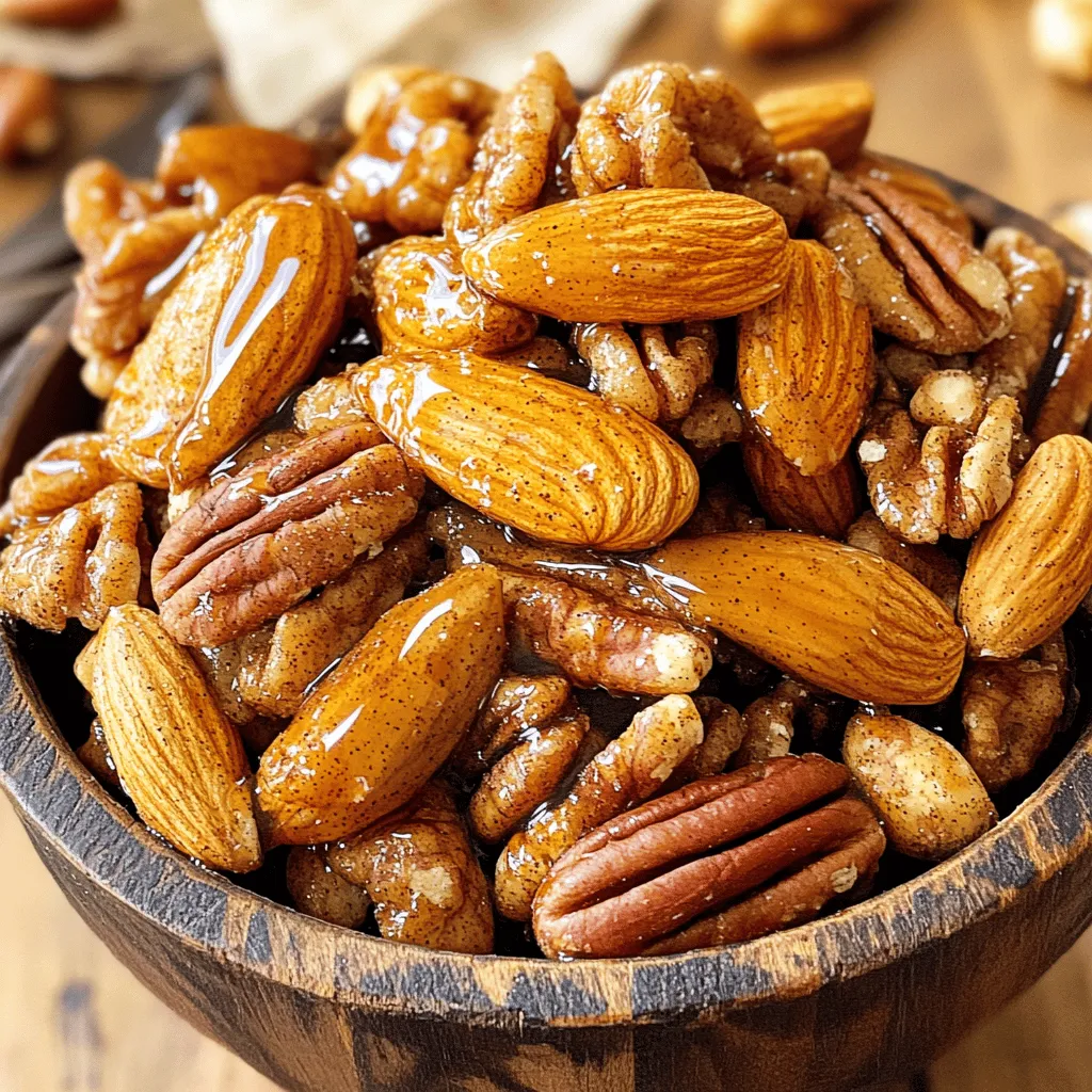 - 2 cups mixed nuts (almonds, pecans, walnuts, cashews) - 1/4 cup pure maple syrup - 1 teaspoon ground cinnamon - 1/2 teaspoon pure vanilla extract - 1/4 teaspoon sea salt - 1/4 teaspoon ground nutmeg (optional) - 1 tablespoon melted coconut oil - You can use any nuts you like. Try hazelnuts or macadamia nuts for a twist. - Instead of maple syrup, use honey or agave syrup for sweetness. - Change the spices! Add ginger or cardamom for a new flavor. Using these swaps can make this snack your own. Feel free to mix and match based on your taste. The key is to keep the balance of sweet and spice. Each nut brings its own flavor and texture. This variety keeps the snack interesting and fun. If you want to try something new, don’t hesitate to be creative! The full recipe is a great guide for your cooking adventure. First, preheat your oven to 350°F (175°C). This helps the nuts roast evenly and become crunchy. Next, line a baking sheet with parchment paper. This step makes cleanup easy and keeps the nuts from sticking. In a large bowl, combine 2 cups of mixed nuts with 1/4 cup of pure maple syrup. Add 1 teaspoon of ground cinnamon, 1/2 teaspoon of pure vanilla extract, 1/4 teaspoon of sea salt, and 1/4 teaspoon of ground nutmeg if you want extra warmth. Stir well to coat the nuts evenly. Then, drizzle in 1 tablespoon of melted coconut oil. Toss everything together so each nut gets the sweet and spiced flavor. Spread the nut mixture on the baking sheet in a single, even layer. This helps them roast nicely. Place the sheet in the preheated oven. Roast the nuts for 15 to 20 minutes. Stir the nuts every 5 minutes, so they cook evenly and don’t burn. Keep an eye on them! You want them to be golden brown and smell great. When they reach this point, take them out. Let them cool completely on the baking sheet. This cooling time helps them get extra crunchy. For the full recipe, refer to the instructions above. To make your maple cinnamon roasted nuts extra crunchy, allow them to cool fully on the baking sheet. Cooling helps set the texture. It’s also key to store the nuts in an airtight container at room temperature. This keeps them crisp and fresh. For added flavor, consider other spices like ginger or cardamom. You can mix different types of nuts, such as hazelnuts or macadamia nuts. Each nut brings its own taste and texture, making your snack even more exciting. Avoid over-roasting your nuts. They can turn from perfect to burnt in seconds. Watch them closely and stir every five minutes. Also, make sure to coat the nuts evenly. If some nuts are not coated well, they may taste bland. Following the Full Recipe will help you avoid these pitfalls. {{image_4}} You can easily make this recipe more exciting. One way is to add cayenne pepper. It gives a spicy kick that balances the sweetness of maple. Just a pinch adds warmth without overpowering the flavor. You can also mix in dried fruits like cranberries or apricots. They add chewiness and a burst of flavor. This twist makes your snack even more enjoyable. Choosing the right nuts is key. Pecans, almonds, and mixed nuts all work well. Pecans are rich and buttery, while almonds add a nice crunch. Mixed nuts bring variety to every bite. You can use roasted or raw nuts. Roasted nuts have a deep flavor and are crunchier. Raw nuts will roast well too but will take longer to reach the same crunchiness. Maple syrup is sweet and rich, but you have options. You can use honey or agave syrup for a different taste. These will give a unique twist to your nuts. If you prefer a sugar-free option, try a sugar-free sweetener. They can mimic the sweetness of maple without extra calories. Just be sure to find one that suits your taste. For those looking for the full recipe, refer to the beginning of the article. To keep your Maple Cinnamon Roasted Nuts fresh, use airtight containers. Glass jars work great. They look nice and seal well. You can also use plastic containers. Ensure they are tightly closed to keep out air and moisture. Store the nuts at room temperature. They stay fresh for two weeks this way. If you want them to last longer, you can refrigerate them. However, nuts may lose some crunchiness in the fridge. You can store your roasted nuts for up to two weeks. After that, they may lose flavor and crunch. Look for signs they have gone bad. If they smell off or taste bitter, it’s time to toss them. If they feel soft or chewy, they have lost their crunch. Fresh nuts should be crisp and have a nice aroma. If you want to share your roasted nuts, think about how to package them. Use clear bags tied with ribbon for a simple look. Small jars with labels make it special, too. For holidays, use festive containers. You can also add a personal touch with a handwritten note. Presenting your nuts nicely makes a great gift for friends and family. To make your roasted nuts extra crunchy, follow these tips: - Cool them properly: After roasting, let the nuts sit on the baking sheet. They will harden as they cool. - Spread them out: Spread the nuts in a single layer on the baking sheet. This helps them roast evenly. - Stir often: Stir the nuts every five minutes while roasting. This prevents burning and ensures even cooking. By following these tips, you will enjoy a delightful crunch in every bite. Yes, you can use nut mixes for this recipe. Look for mixes that contain almonds, walnuts, pecans, and cashews. These nuts pair well with maple and cinnamon. When choosing a pre-packaged mix, check the ingredient list. Avoid mixes with added sugars or unhealthy oils. Go for a blend with natural nuts for the best taste. Maple cinnamon roasted nuts offer several health benefits: - Healthy fats: Nuts provide good fats that support heart health. - Protein source: They are a great source of protein, helping you feel full. - Vitamins and minerals: Nuts contain vitamins E and B6, along with magnesium and zinc. - Antioxidants: Cinnamon adds antioxidants, which help fight inflammation. Including these nuts in your diet can boost your overall health. Coconut oil is not necessary, but it adds a nice flavor. If you prefer, you can use other oils like olive oil or avocado oil. Using different oils may change the taste slightly, but the nuts will still turn out great. Just make sure to use an oil that can handle high heat. Yes, you can make this recipe vegan. The ingredients are already mostly plant-based. To ensure it’s vegan, just check that the maple syrup is pure and there are no animal products in your nut mix. With these adjustments, you can enjoy this tasty snack while sticking to a vegan diet. You can find pre-made maple cinnamon roasted nuts at many grocery stores. Look for them in the snack aisle or bulk section. Popular brands like Blue Diamond and Nature Valley often have these nuts. You can also check online retailers for a wider selection. Just be sure to read the labels for added sugars or unhealthy ingredients. This blog post covered a simple recipe for delicious maple cinnamon roasted nuts. You learned about the ingredients, preparation, and roasting process. I shared tips for crunchiness, flavor enhancements, and how to avoid common mistakes. Exploring variations showed you can mix and match flavors and nuts easily. In conclusion, homemade roasted nuts can be tasty and healthier than store-bought options. Enjoy the process, and feel free to experiment with your favorite flavors!