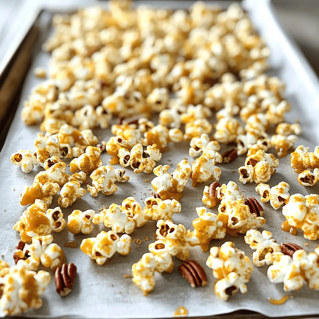 - 1 cup popcorn kernels or 12 cups freshly popped popcorn - 1 cup packed brown sugar - 1/2 cup unsalted butter - 1/4 cup light corn syrup - 1 teaspoon pure vanilla extract - 1 teaspoon pumpkin spice blend - 1/2 teaspoon baking soda - 1/4 teaspoon fine sea salt - Optional: 1/2 cup chopped pecans To make the best Caramel Pumpkin Spice Popcorn, you need quality ingredients. Start with fresh popcorn kernels or already popped popcorn. This is your base. Next, the caramel needs brown sugar for sweetness. Unsalted butter gives a smooth texture, while light corn syrup adds the right stickiness. For flavor, pure vanilla extract brings depth. The pumpkin spice blend gives that warm, cozy taste. A pinch of baking soda helps the caramel puff up and become lighter. Fine sea salt adds balance. If you want extra crunch, add chopped pecans. They give a nice texture and nutty flavor. These ingredients create a snack that is hard to resist. For the full recipe, follow along to see how to put it all together! Start by popping the popcorn. You can use an air popper, stovetop pot, or microwave bag. Each method works well. Once popped, put the popcorn in a large bowl. Carefully check for unpopped kernels and remove them. If you want added crunch, toss in some chopped pecans. They add great flavor and texture. Now, let’s make the caramel sauce. In a medium saucepan, combine brown sugar, unsalted butter, corn syrup, and salt. Heat it on medium. Stir the mixture gently until it starts to bubble. Keep an eye on it. Once it bubbles, let it boil for about 4-5 minutes without stirring. Timing is key for a great sauce! After boiling, remove the saucepan from heat. Stir in pure vanilla extract, pumpkin spice, and baking soda. Expect some bubbling as you mix it. This part adds all the fall flavors! Next, pour the warm caramel sauce over the popcorn. Use a large spatula to mix well, coating each kernel with that delicious caramel. Preheat your oven to 250°F (120°C). Line a baking sheet with parchment paper. Spread the caramel-coated popcorn evenly on it. Bake for about 30 minutes, stirring every 10 minutes. This helps the popcorn get that perfect crunch. When baked, take the popcorn out of the oven. Let it cool completely on the baking sheet. Once cool, break apart any large clumps. Now you have a tasty treat to enjoy! For the full recipe, refer to the complete guide above and get ready to share your delightful Caramel Pumpkin Spice Popcorn! To make great caramel, you need to avoid a few common mistakes. First, always watch your heat. Too high a heat can burn the sugar, ruining your sauce. Stir the mixture gently, but do not stir too much. Let it bubble and boil without interruption for the best results. If you want to adjust the sweetness or spice levels, you can easily do that. Try adding less brown sugar if you prefer a less sweet taste. For more spice, add a bit more pumpkin spice blend. Taste as you go to find your perfect mix. You can serve Caramel Pumpkin Spice Popcorn in many fun ways. Use clear glass jars or festive bowls. This makes it easy to share at events or gatherings. Try adding a sprinkle of sea salt on top for a sweet and salty combo. This popcorn pairs well with warm apple cider or a cozy cup of hot cocoa. Offer it as a snack during movie nights or fall parties. It makes a great treat to enjoy with friends and family. Preparing popcorn in advance is simple. Just pop it and store it in an airtight container. This keeps it fresh and crunchy for a few days. Make your caramel sauce right before serving to keep that great taste. To maintain freshness, avoid mixing popcorn with the caramel too early. Wait until you are ready to serve. This way, the popcorn stays crispy and delicious. If you want to make it in advance, store the popcorn and caramel separately, then combine them just before serving. {{image_4}} You can make your Caramel Pumpkin Spice Popcorn even more fun. One easy way is to add chocolate. Drizzle some melted dark or white chocolate over the popcorn. This gives it a sweet and creamy layer. You can also mix in other spices. Try a dash of cayenne for some heat. Or add a pinch of allspice for more depth. The choice is yours! If you want a healthier treat, swap out sugar with natural sweeteners. Honey or maple syrup can work well. You can also use sugar substitutes like stevia. For those counting calories, try using less butter. You can use coconut oil instead. This keeps the flavor while lowering the calories. Making this popcorn fit different diets is easy. To make it gluten-free, use certified gluten-free popcorn. You can also make a vegan version. Instead of butter, use vegan butter or coconut oil. This keeps it creamy without dairy. You can have fun with flavors while keeping everyone happy. To keep your Caramel Pumpkin Spice Popcorn fresh, choose the right container. I recommend using airtight containers. Glass jars or plastic containers with tight lids work great. Avoid using paper bags or boxes, as they let air in. This air can make your popcorn chewy, which we want to avoid. Store your popcorn in a cool, dry place, away from sunlight. This helps maintain its crunchiness. When stored properly, your popcorn can last about two weeks. After this time, it may lose its taste and texture. Look for signs of spoilage, like a stale smell or an off taste. If it feels soft or loses its crunch, it's time to toss it. Always check the popcorn before you dig in! If your popcorn goes stale, don't worry! You can easily revive it. Preheat your oven to 250°F (120°C). Spread the popcorn on a baking sheet and heat it for about 10 minutes. This helps bring back its crispiness. Make sure to stir it halfway through. After this, let it cool before munching again. To keep the texture fresh after storing, avoid exposing it to moisture. Enjoy your tasty treat! Yes, you can use microwave popcorn. It saves time and is easy. However, there are pros and cons. The pros include quick preparation and less mess. The cons are that the flavor may not be as fresh. Plus, microwave popcorn can have added salt and butter. This might change the taste of your caramel popcorn. To make this recipe nut-free, simply skip the pecans. You can replace them with seeds like pumpkin or sunflower seeds. These options give a nice crunch without the nuts. You can also add some extra popcorn for texture. You can find pre-made Caramel Pumpkin Spice Popcorn at many stores. Look in the snack aisle or seasonal section. Online shops like Amazon often have this treat too. Specialty popcorn shops may offer unique flavors as well. Yes, you can make this popcorn ahead of time. Just store it in an airtight container. It stays fresh for about a week. For best results, make it no more than two days before your party. This keeps it crunchy and tasty. You can try different flavors to spice up your popcorn. Adding chocolate or caramel drizzle can enhance the taste. Other spices like cinnamon or nutmeg can also work well. Get creative and mix your favorite flavors! You can find more ideas in the Full Recipe. Caramel Pumpkin Spice Popcorn is a fun treat that's perfect for fall. We covered the key ingredients, from popcorn to spices, and detailed steps for making it. You learned tips for a perfect caramel sauce and ways to store your popcorn. Feel free to experiment with flavors and adjust to your taste. This recipe is easy to make ahead, ensuring freshness for any occasion. Enjoy your delicious popcorn and share it with friends and family for a cozy seasonal snack!