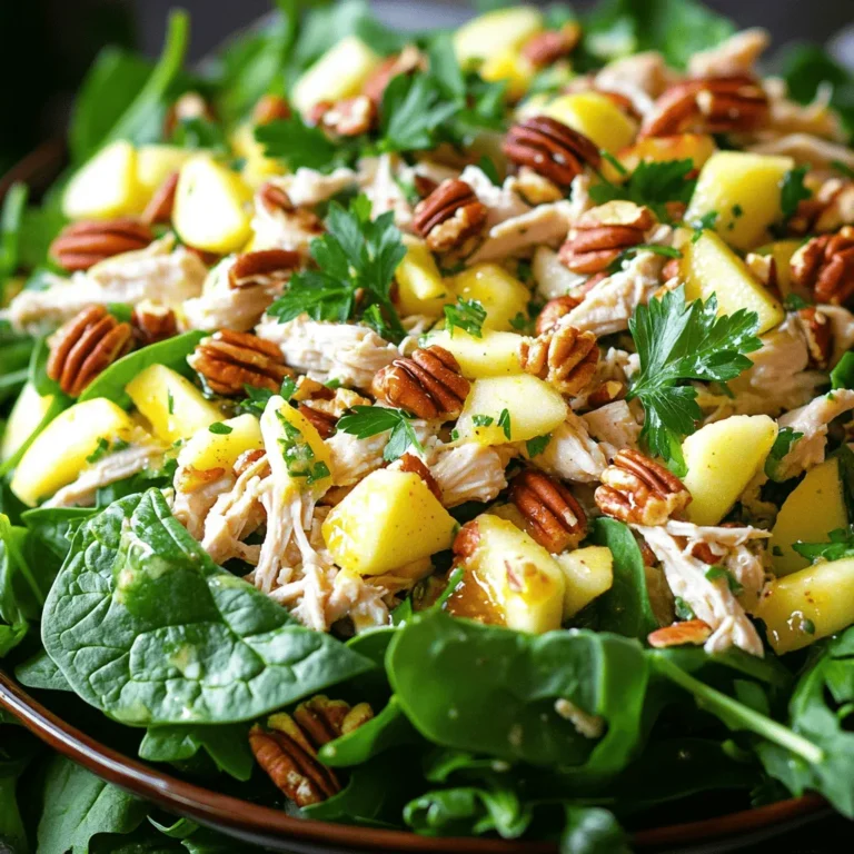 - 2 cups cooked chicken, shredded or diced - 1 large apple, diced (opt for Granny Smith or Honeycrisp) - 1/2 cup pecans, roughly chopped - 1/3 cup celery, finely chopped - 1/4 cup red onion, finely chopped - 1/2 cup Greek yogurt (or mayonnaise for texture) - 1 tablespoon honey - 1 tablespoon Dijon mustard - 1 tablespoon freshly squeezed lemon juice - Salt and black pepper, to taste - Fresh greens for serving - Additional nuts (walnuts or almonds) - Dried cranberries or raisins - Chopped fresh herbs (parsley or dill) The key to a great Apple Pecan Chicken Salad is fresh and high-quality ingredients. For the chicken, I prefer using cooked meat from a rotisserie chicken. It saves time and adds great flavor. The apples add a nice crunch. A tart apple like Granny Smith balances the sweetness of the honey. Pecans give a nutty flavor and a lovely texture. You can also add other nuts if you want more variety. If you like a bit of sweetness, dried cranberries or raisins make a fantastic addition. Fresh herbs like parsley or dill elevate the taste and add freshness. Make sure to adjust the seasoning with salt and pepper to your liking. The dressing is creamy yet light, thanks to the Greek yogurt. You can swap it for mayonnaise if you want a richer taste. Using fresh greens as a base not only adds nutrients but also makes the dish look vibrant and inviting. You can serve this salad as a light meal or a side dish. Each ingredient plays a role in creating a tasty and well-balanced dish. For the full recipe, check out the details above. - Combine chicken, apple, pecans, celery, and onion in a bowl. - Mix the dressing ingredients separately. - Fold the dressing into the chicken mixture. Start by taking a large bowl. In it, add your cooked chicken. I like to use shredded chicken for a nice texture. Next, toss in the diced apple. Choose a tart apple like Granny Smith or Honeycrisp for that fresh bite. Then, add the roughly chopped pecans for crunch, followed by finely chopped celery and red onion for flavor. In a separate smaller bowl, mix Greek yogurt, honey, Dijon mustard, lemon juice, and a sprinkle of salt and pepper. Whisk this mix until it's smooth. Drizzle this dressing over your chicken mixture. Use a spatula to fold everything gently. Make sure all the ingredients are coated well. Taste it to see if you need more salt or pepper. - Cover and refrigerate for 30 minutes. Once everything is mixed, cover the bowl with plastic wrap. Place it in the fridge for at least 30 minutes. This wait time helps the flavors blend together. It also cools the salad, making it refreshing. - Serve on a bed of fresh greens. - Garnish with additional apple slices and pecans. When you’re ready to serve, lay down a bed of fresh greens on each plate. I love using spinach or mixed greens for color and freshness. Spoon the apple pecan chicken salad right on top. For an extra touch, add some apple slices and more pecans on the salad. This makes it look even more inviting. You can find the Full Recipe for this delightful dish to enjoy! Choosing the right apple is key. I love Granny Smith for its tartness. Honeycrisp adds a nice sweetness. Both give a great crunch. Balance is important in this dish. Adjusting the dressing can change the salad's texture. Use Greek yogurt for a light feel. If you want more creaminess, try mayonnaise. Mix in honey and mustard for flavor. Taste as you go to find your perfect blend. Plating the salad can make it shine. Start with fresh greens as a base. Spoon the salad in the center. Add extra apple slices and pecans on top for a pop. Using colorful ingredients adds visual appeal. Red onion and green celery create a nice contrast. A mix of colors makes the dish more inviting. Remember, we eat with our eyes first! Making the salad ahead saves time. Prepare it the night before for lunch. The flavors deepen as it sits in the fridge. Store leftovers in an airtight container. This keeps the salad fresh and crisp. Eat within three days for the best taste. Always check for freshness before enjoying! For the full recipe, check out the [Full Recipe]. {{image_4}} You can change the chicken for other proteins. Turkey works well and tastes great. If you want a plant-based option, try tofu. Tofu absorbs flavors well, making it a good choice. If you're short on time, use rotisserie chicken. It saves you prep time and keeps the dish tasty. You can switch up the dressing too. For a creamier taste, try using ranch or blue cheese dressing. These add a rich flavor to the salad. If you prefer something lighter, make a vinaigrette. Mix olive oil, vinegar, and a bit of mustard for a fresh taste. The salad can change with the seasons. In summer, add berries like strawberries or blueberries for a sweet twist. They add a burst of color and flavor. As fall comes, roasted vegetables like sweet potatoes or beets can enhance the salad. They bring warmth and depth to each bite. For the full recipe, check out the Apple Pecan Chicken Salad recipe. To keep your apple pecan chicken salad fresh, use airtight containers. Glass or plastic containers work well. Ensure the lid fits tightly to keep air out. Store the salad in the fridge right after serving. This helps maintain its taste and texture. Your apple pecan chicken salad will last up to three days in the refrigerator. After this time, the salad may spoil. Signs of spoilage include a sour smell, discoloration, or a slimy texture. If you notice any of these, it's best to throw the salad away. Yes, you can make this salad ahead of time. To keep it fresh, store it in the fridge. Mix all the ingredients, but wait to add the dressing until you are ready to serve. This way, the salad stays crisp and tasty. Aim to eat it within two days for the best flavor. If you want a different option for Greek yogurt, try using sour cream. It has a similar texture and taste. You can also use mayonnaise if you want a creamier salad. For a lighter choice, plain cottage cheese works well, too. Yes, this salad is gluten-free! All the ingredients, like chicken, apples, and pecans, contain no gluten. Just be sure the dressing you choose does not have gluten. Most honey and mustard are safe, but double-check labels to be sure. To make this salad vegan, swap the chicken for chickpeas or tofu. Use a vegan yogurt or cashew cream in place of Greek yogurt. Honey can be replaced with maple syrup for sweetness. These changes keep the flavor while fitting a vegan diet. This article guides you in making a tasty chicken salad. You learned about essential ingredients like chicken, apples, and pecans. I shared steps for mixing and chilling your salad for the best flavor. You can personalize it with various proteins and dressings. Storing leftovers can keep your meal fresh for days. Enjoying a salad doesn’t have to be dull. With these tips, your salad can be a fun, healthy dish. Try it out and impress your family or friends with your skills!
