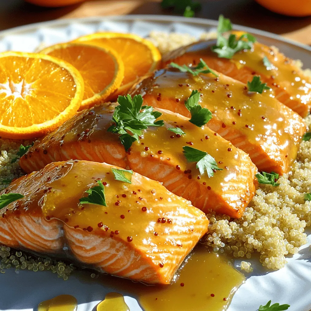 - 4 salmon fillets (approximately 6 oz each) - 1/2 cup freshly squeezed orange juice - 1/4 cup pure honey - 2 tablespoons low-sodium soy sauce - 1 tablespoon smooth Dijon mustard - 1 teaspoon freshly grated ginger - 1 teaspoon garlic powder - Salt and freshly ground black pepper, to taste - 2 tablespoons extra virgin olive oil - Fresh parsley leaves, for garnish - Slices of orange, for decoration When cooking orange glazed salmon, fresh ingredients matter. The taste of freshly squeezed orange juice brightens the dish. Salmon fillets provide rich flavor and healthy fats. Honey adds sweetness, while soy sauce gives depth. Dijon mustard brings a touch of tang. Ginger and garlic powder enhance the glaze with warm spice. Don't forget salt and pepper; they elevate the salmon's taste. - Measuring Cups and Spoons - Small Saucepan - Oven-Safe Skillet Using the right tools makes cooking easier. Measuring cups and spoons ensure accurate ingredient amounts. A small saucepan is perfect for making the glaze. An oven-safe skillet lets you easily move from the stove to the oven. These tools help you create a delicious meal with ease. If you follow the [Full Recipe], you’ll have everything you need to make this dish perfect. - Preheating the Oven Start by preheating your oven to 400°F (200°C). This helps cook the salmon evenly. - Making the Orange Glaze In a small saucepan, mix the orange juice, honey, soy sauce, Dijon mustard, ginger, and garlic powder. Heat on medium until it simmers. Stir for about 5-7 minutes until it thickens. Remove from heat and let it cool slightly. - Searing the Salmon Use paper towels to dry the salmon fillets. Season both sides with salt and black pepper. In an oven-safe skillet, heat olive oil on medium-high. Place the salmon skin-side down. Sear for 3-4 minutes until golden brown. - Baking and Applying the Glaze Pour half the orange glaze over the salmon. Use a brush or spoon for an even coat. Transfer the skillet to your oven and bake for 8-10 minutes. The salmon should be flaky when tested with a fork. After baking, brush the remaining glaze over the salmon for extra flavor. - Plating and Garnishing Carefully plate each salmon fillet. Drizzle any leftover glaze from the skillet on top. Garnish with parsley leaves and orange slices for a fresh look. - Presentation Tips Serve the salmon on a bed of rice or quinoa. Add sautéed green vegetables for color. Arrange orange slices and herbs around the plate to make it eye-catching. This orange glazed salmon recipe is both easy and delicious, perfect for any meal. Don't forget to check out the Full Recipe for all the details! Best Methods for Searing Salmon To sear salmon well, use a hot pan. Heat your oven-safe skillet on medium-high until it shimmers. Add oil to the pan and wait for it to heat up. Place the salmon skin-side down. Sear for 3-4 minutes. This gives a nice golden crust. Flip and sear for 1-2 minutes more. This locks in the juices. How to Test Salmon for Doneness To test if salmon is done, use a fork. Gently press the thickest part. If it flakes easily, it is ready. You can also check the color. Cooked salmon turns from bright pink to a lighter shade. The center should still be slightly opaque. Adding Chili Flakes for Heat If you like some spice, add chili flakes to your glaze. Start with a pinch and mix it in. Taste, then add more if you want. This will give your dish a nice kick. Using Fresh Herbs Fresh herbs can brighten your dish. Try adding dill or cilantro. Chop them finely and sprinkle over the salmon before serving. They add color and flavor, making your meal pop. For more detailed guidance, check out the Full Recipe. {{image_4}} You can switch up flavors by using lime or lemon instead of orange. Lime adds a zesty twist. Lemon brings a bright, fresh taste. Both options work well in the glaze. You can also mix citrus juices. Try a blend of orange and lime for a fun flavor. Combine lemon and orange for a balanced, sweet and tangy taste. You can grill or bake your orange glazed salmon. Grilling gives a smoky flavor, while baking keeps it tender. If you choose to grill, preheat the grill to medium-high heat. Cook the salmon skin-side down. Sear for about 4-5 minutes. Then, flip and glaze for another 3-4 minutes. Baking is a simpler method. Just follow the steps in the Full Recipe for even, delicious results. If you have an air fryer, you can use it too. Preheat your air fryer to 375°F (190°C). Place the salmon in the basket and brush with glaze. Cook for about 8-10 minutes. This method gives a crispy outside while keeping it moist inside. To make a gluten-free version, use tamari instead of soy sauce. This swap keeps the flavor while avoiding gluten. For a low-calorie modification, cut down on honey. Use only two tablespoons instead of a quarter cup. You can also replace honey with a sugar-free syrup. These changes help you enjoy a lighter meal without losing flavor. Refrigeration Tips Store any leftover orange glazed salmon in an airtight container. Keep it in the fridge for up to 3 days. Make sure it cools down before sealing it. This helps keep the salmon fresh without losing flavor. Freezing Instructions For longer storage, freeze the salmon. Wrap each piece tightly in plastic wrap, then place it in a freezer bag. This method helps prevent freezer burn. The salmon can last up to 3 months in the freezer. Thaw it overnight in the fridge before reheating. Microwave vs. Oven Reheating Reheating in the microwave is quick. Place the salmon on a microwave-safe plate. Cover it with a damp paper towel to keep it moist. Heat for 1-2 minutes. For the oven, preheat to 350°F (175°C). Place the salmon in a baking dish, cover, and heat for about 10-15 minutes. This method helps keep the salmon's texture. Maintaining Flavor and Moisture To keep the flavor, brush a little orange glaze on the salmon before reheating. This adds moisture and enhances the taste. Avoid overcooking, as this can dry out the salmon. Use a food thermometer; it should be warmed to 145°F (63°C). Enjoy your delicious meal! For the full recipe, check out the [Full Recipe]. What’s the best type of salmon for this recipe? I recommend using wild-caught salmon. It has great flavor and texture. Sockeye or king salmon works best. They are rich and fatty, which pairs well with the glaze. Can I make the glaze in advance? Yes, you can make the glaze ahead of time. Store it in the fridge for up to three days. Just reheat it gently before using. This helps save time on busy nights. How to avoid overcooking salmon? To prevent overcooking, watch the time closely. Salmon cooks fast, so check it around eight minutes. When it flakes easily with a fork, it’s ready. You want it moist, not dry. How can I tell when salmon is fully cooked? Salmon is fully cooked when it turns opaque and easily flakes apart. Use a fork to check the thickest part. If it’s still translucent or jiggly, give it more time. What to serve with Orange Glazed Salmon? Pair the salmon with fluffy rice or quinoa. Steamed green veggies, like broccoli or asparagus, add nice color. A simple salad also works great for balance. How long do leftovers last in the fridge? Leftovers can last for up to three days in the fridge. Store them in an airtight container. Reheat gently to keep the salmon moist and tasty. For the full recipe, check this guide. You've learned how to make delicious Orange Glazed Salmon using fresh ingredients and simple tools. We covered preparation, cooking methods, and storage tips. With many variations, you can personalize this dish to your taste. Don't hesitate to experiment with flavors and methods. Cooking should be fun and rewarding. Enjoy your tasty meal!