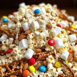 - 2 cups popcorn (freshly popped and unsalted) - 1 cup pretzel sticks - 1 cup roasted almonds or a mix of your favorite nuts - 1 cup mini marshmallows - 1 cup white chocolate chips - 1/2 cup M&M’s or assorted chocolate candies - 1/2 teaspoon sea salt - 1/4 teaspoon ground cinnamon (optional for a unique twist) Each ingredient plays a key role in the flavor and texture of your White Chocolate Trash Mix. Popcorn is the base of this snack. It brings lightness and crunch. Use freshly popped corn for the best taste. Pretzel sticks add a salty bite. Their crunch pairs well with the sweet mix. Nuts like almonds or a nut mix add healthy fats and protein. They also give the mix a satisfying crunch. Mini marshmallows add chewy sweetness. They create fun bursts of flavor as you munch on the mix. White chocolate chips bring creamy sweetness. They coat the mix and help bind the ingredients together. Chocolate candies like M&M’s provide color and extra sweetness. They make the mix look festive and fun. Seasonings like sea salt and cinnamon enhance the flavors. They create a balance between sweet and salty, making each bite special. This mix is easy to customize. You can swap out nuts or candies as you like. For the full recipe, check out the details provided earlier. Start by popping 2 cups of popcorn. You can use an air popper or the stovetop method. If you use the stovetop, heat oil in a large pot, add the kernels, and cover it. Once the popping slows, remove it from heat. Transfer the popcorn to a large baking sheet and let it cool completely. This step is important to prevent sogginess. In a large mixing bowl, combine the cooled popcorn with 1 cup of pretzel sticks, 1 cup of roasted almonds or your favorite nuts, and 1 cup of mini marshmallows. Stir well to ensure everything mixes evenly. You want the crunch of the pretzels and the sweetness of the marshmallows to shine through. Now it’s time to melt the white chocolate chips. Place 1 cup of chips in a microwave-safe bowl. Heat in 30-second bursts, stirring between each interval. Continue until the chocolate is smooth and fully melted. Be careful not to overheat it, as this can cause the chocolate to seize. Drizzle the melted white chocolate over the popcorn mix. Use a spatula or wooden spoon to gently fold the mixture. You want to coat all the ingredients without crushing them. Next, sprinkle in 1/2 teaspoon of sea salt and 1/4 teaspoon of ground cinnamon, if you want a unique twist. Fold gently again to mix in the seasonings. Finally, add 1/2 cup of M&M’s or assorted chocolate candies, folding carefully to keep them whole. Spread the mix evenly onto the baking sheet, about 1 inch thick. Let it set for 30 minutes until the chocolate hardens. After it sets, break it into pieces and store in an airtight container. Enjoy your White Chocolate Trash Mix! For the full recipe, check above. - Maintaining crunchiness: To keep your White Chocolate Trash Mix crunchy, use fresh popcorn. Old popcorn can become chewy. Store the mix in an airtight container. This keeps air out and maintains that satisfying crunch. - Handling melted chocolate: Melt your white chocolate slowly in the microwave. Use 30-second bursts, stirring often. This helps prevent burning. When drizzling, use a spoon or spatula. Coat everything gently to avoid crushing the mix. - Creative presentation ideas and packaging: Serve your snack in a bright bowl. This draws attention and adds fun. For gifts, use clear bags. Tie them with a ribbon for a lovely touch. - Ideal occasions for serving: White Chocolate Trash Mix is great for parties, movie nights, or picnics. It’s a crowd-pleaser! You can even pack it for road trips as a tasty treat. {{image_4}} You can easily change the taste of your White Chocolate Trash Mix. Here are some fun ideas: - Adding dried fruits: Toss in some dried cranberries or raisins. They add a nice chew and a burst of sweetness. - Substituting chocolate: If you want a different flavor, try using milk or dark chocolate. Each type brings a unique taste to your mix. These small changes can make a big difference. Experiment with flavors you love! If you or your guests have dietary needs, don’t worry. You can still enjoy this mix. - Gluten-free options: Use gluten-free pretzel sticks. They are just as tasty and keep the mix safe for those avoiding gluten. - Nut-free alternatives: If nuts are a no-go, switch them out for more pretzels or seeds. Sunflower seeds are a great choice. With these substitutions, everyone can enjoy this delicious snack. Feel free to get creative! To keep your White Chocolate Trash Mix fresh, store it in airtight containers. This helps keep moisture out and preserves the crunch. If you store it properly, it can last up to two weeks. You can keep it at room temperature. A cool, dry place is best. Avoid using the fridge, as it can make the mix soggy. To maintain texture and flavor, avoid exposing the mix to air. If you notice it losing crunch, consider adding a few fresh pretzel sticks or popcorn. This can revive the mix and make it enjoyable again. Always check for any signs of spoilage before enjoying your snack. If it smells stale or feels soft, it's best to toss it out. Enjoy your White Chocolate Trash Mix while it’s fresh for the best taste! Can I make this mix ahead of time? Yes, you can make this mix ahead of time. It stays fresh for about a week if stored well. Just keep it in an airtight container at room temperature. This way, you can enjoy it during movie nights or parties without any last-minute prep. Is it possible to use different types of chocolate? Absolutely! You can use dark chocolate, milk chocolate, or even butterscotch. Each type brings a unique flavor. If you wish for a richer taste, dark chocolate is a great choice. For a sweeter mix, milk chocolate works nicely. What can I do if I want a healthier option? To make a healthier version, consider these swaps: - Use air-popped popcorn without added butter. - Replace M&M's with dried fruits like cranberries or cherries. - Use nuts as your main ingredient for healthy fats. - Skip the white chocolate or use a sugar-free version. These changes keep the fun while adding some nutrition. For the full recipe, refer back to the tasty mix we created! This mix blends popcorn, pretzels, nuts, and marshmallows for a delicious treat. You learned easy steps to pop the corn, melt the chocolate, and mix the ingredients. I shared tips for keeping it crunchy and ideas for serving it. You can try different flavors or dietary options too. White chocolate trash mix is fun to make and share. Grab your ingredients, and get creative! Enjoy making this treat for your next party or snack time.