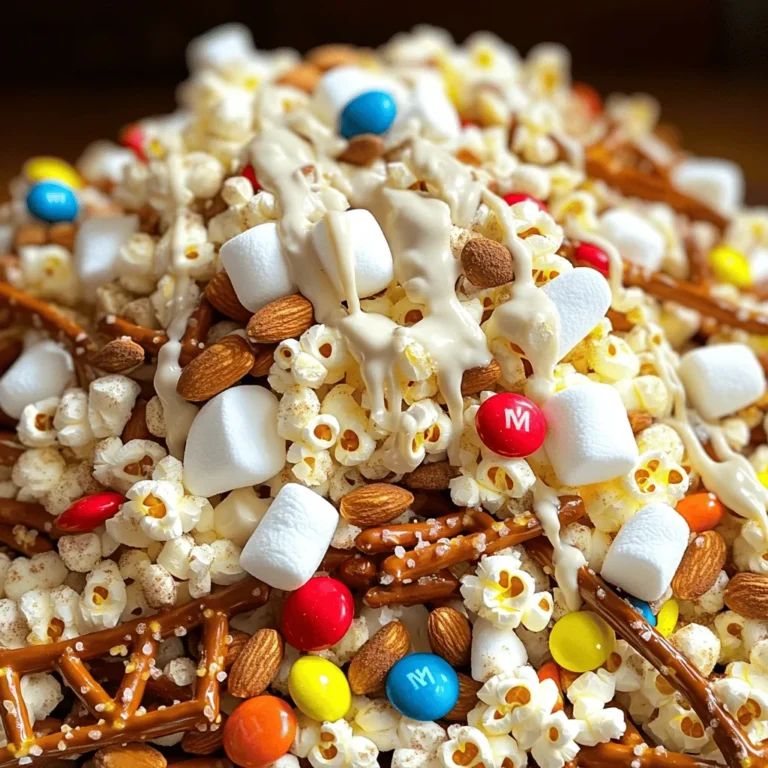 - 2 cups popcorn (freshly popped and unsalted) - 1 cup pretzel sticks - 1 cup roasted almonds or a mix of your favorite nuts - 1 cup mini marshmallows - 1 cup white chocolate chips - 1/2 cup M&M’s or assorted chocolate candies - 1/2 teaspoon sea salt - 1/4 teaspoon ground cinnamon (optional for a unique twist) Each ingredient plays a key role in the flavor and texture of your White Chocolate Trash Mix. Popcorn is the base of this snack. It brings lightness and crunch. Use freshly popped corn for the best taste. Pretzel sticks add a salty bite. Their crunch pairs well with the sweet mix. Nuts like almonds or a nut mix add healthy fats and protein. They also give the mix a satisfying crunch. Mini marshmallows add chewy sweetness. They create fun bursts of flavor as you munch on the mix. White chocolate chips bring creamy sweetness. They coat the mix and help bind the ingredients together. Chocolate candies like M&M’s provide color and extra sweetness. They make the mix look festive and fun. Seasonings like sea salt and cinnamon enhance the flavors. They create a balance between sweet and salty, making each bite special. This mix is easy to customize. You can swap out nuts or candies as you like. For the full recipe, check out the details provided earlier. Start by popping 2 cups of popcorn. You can use an air popper or the stovetop method. If you use the stovetop, heat oil in a large pot, add the kernels, and cover it. Once the popping slows, remove it from heat. Transfer the popcorn to a large baking sheet and let it cool completely. This step is important to prevent sogginess. In a large mixing bowl, combine the cooled popcorn with 1 cup of pretzel sticks, 1 cup of roasted almonds or your favorite nuts, and 1 cup of mini marshmallows. Stir well to ensure everything mixes evenly. You want the crunch of the pretzels and the sweetness of the marshmallows to shine through. Now it’s time to melt the white chocolate chips. Place 1 cup of chips in a microwave-safe bowl. Heat in 30-second bursts, stirring between each interval. Continue until the chocolate is smooth and fully melted. Be careful not to overheat it, as this can cause the chocolate to seize. Drizzle the melted white chocolate over the popcorn mix. Use a spatula or wooden spoon to gently fold the mixture. You want to coat all the ingredients without crushing them. Next, sprinkle in 1/2 teaspoon of sea salt and 1/4 teaspoon of ground cinnamon, if you want a unique twist. Fold gently again to mix in the seasonings. Finally, add 1/2 cup of M&M’s or assorted chocolate candies, folding carefully to keep them whole. Spread the mix evenly onto the baking sheet, about 1 inch thick. Let it set for 30 minutes until the chocolate hardens. After it sets, break it into pieces and store in an airtight container. Enjoy your White Chocolate Trash Mix! For the full recipe, check above. - Maintaining crunchiness: To keep your White Chocolate Trash Mix crunchy, use fresh popcorn. Old popcorn can become chewy. Store the mix in an airtight container. This keeps air out and maintains that satisfying crunch. - Handling melted chocolate: Melt your white chocolate slowly in the microwave. Use 30-second bursts, stirring often. This helps prevent burning. When drizzling, use a spoon or spatula. Coat everything gently to avoid crushing the mix. - Creative presentation ideas and packaging: Serve your snack in a bright bowl. This draws attention and adds fun. For gifts, use clear bags. Tie them with a ribbon for a lovely touch. - Ideal occasions for serving: White Chocolate Trash Mix is great for parties, movie nights, or picnics. It’s a crowd-pleaser! You can even pack it for road trips as a tasty treat. {{image_4}} You can easily change the taste of your White Chocolate Trash Mix. Here are some fun ideas: - Adding dried fruits: Toss in some dried cranberries or raisins. They add a nice chew and a burst of sweetness. - Substituting chocolate: If you want a different flavor, try using milk or dark chocolate. Each type brings a unique taste to your mix. These small changes can make a big difference. Experiment with flavors you love! If you or your guests have dietary needs, don’t worry. You can still enjoy this mix. - Gluten-free options: Use gluten-free pretzel sticks. They are just as tasty and keep the mix safe for those avoiding gluten. - Nut-free alternatives: If nuts are a no-go, switch them out for more pretzels or seeds. Sunflower seeds are a great choice. With these substitutions, everyone can enjoy this delicious snack. Feel free to get creative! To keep your White Chocolate Trash Mix fresh, store it in airtight containers. This helps keep moisture out and preserves the crunch. If you store it properly, it can last up to two weeks. You can keep it at room temperature. A cool, dry place is best. Avoid using the fridge, as it can make the mix soggy. To maintain texture and flavor, avoid exposing the mix to air. If you notice it losing crunch, consider adding a few fresh pretzel sticks or popcorn. This can revive the mix and make it enjoyable again. Always check for any signs of spoilage before enjoying your snack. If it smells stale or feels soft, it's best to toss it out. Enjoy your White Chocolate Trash Mix while it’s fresh for the best taste! Can I make this mix ahead of time? Yes, you can make this mix ahead of time. It stays fresh for about a week if stored well. Just keep it in an airtight container at room temperature. This way, you can enjoy it during movie nights or parties without any last-minute prep. Is it possible to use different types of chocolate? Absolutely! You can use dark chocolate, milk chocolate, or even butterscotch. Each type brings a unique flavor. If you wish for a richer taste, dark chocolate is a great choice. For a sweeter mix, milk chocolate works nicely. What can I do if I want a healthier option? To make a healthier version, consider these swaps: - Use air-popped popcorn without added butter. - Replace M&M's with dried fruits like cranberries or cherries. - Use nuts as your main ingredient for healthy fats. - Skip the white chocolate or use a sugar-free version. These changes keep the fun while adding some nutrition. For the full recipe, refer back to the tasty mix we created! This mix blends popcorn, pretzels, nuts, and marshmallows for a delicious treat. You learned easy steps to pop the corn, melt the chocolate, and mix the ingredients. I shared tips for keeping it crunchy and ideas for serving it. You can try different flavors or dietary options too. White chocolate trash mix is fun to make and share. Grab your ingredients, and get creative! Enjoy making this treat for your next party or snack time.