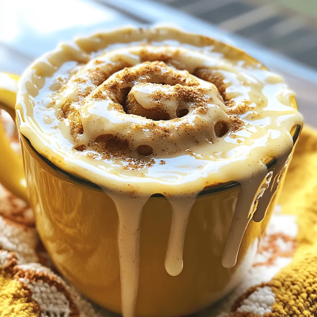 For the perfect cinnamon roll mug cake, you need just a few simple items. Each ingredient plays a key role in creating that warm, gooey goodness. Here’s what you’ll need: - 4 tablespoons all-purpose flour - 1 tablespoon granulated sugar - 1/8 teaspoon baking powder - 1/4 teaspoon ground cinnamon - Pinch of salt - 3 tablespoons milk - 1 tablespoon vegetable oil - 1/2 teaspoon pure vanilla extract - 1 tablespoon brown sugar (for topping) - 1/2 teaspoon ground cinnamon (for topping) These ingredients come together to form a delightful treat. The flour gives structure, while the sugar adds sweetness. Baking powder helps it rise, making it fluffy. Ground cinnamon fills your kitchen with a warm scent. The milk and oil keep it moist, and vanilla adds a lovely flavor. The brown sugar topping creates a sweet crust that you will love! For the full recipe and a step-by-step guide to making your own cinnamon roll mug cake, check out the [Full Recipe]. Enjoy this easy treat anytime you need a quick dessert! To make the perfect cinnamon roll mug cake, follow these easy steps. - Combine dry ingredients in a mug Start by taking a microwave-safe mug. Add the all-purpose flour, granulated sugar, baking powder, ground cinnamon, and a pinch of salt. Mix these dry ingredients well with a fork or a small whisk. This helps break up lumps and ensures even flavor. - Mix wet ingredients separately In a small bowl, whisk together the milk, vegetable oil, and pure vanilla extract. Make sure they are blended nicely. This mixture adds moisture and flavor to your cake. - Combine wet and dry ingredients Slowly pour the wet mixture into the dry ingredients in your mug. Use your fork to stir gently. It’s okay if you see a few lumps; just make sure there is no dry flour left. - Prepare topping mixture In another small bowl, mix the brown sugar with the ground cinnamon. This will create a sweet topping for your mug cake. Sprinkle this mix over the batter in your mug. It will create a tasty crust when it bakes. - Microwave cooking instructions Place your mug in the microwave and cook on high for 1 minute and 30 seconds. Microwaves can vary, so check the cake after 1 minute. It should spring back when pressed. If it’s still wet in the center, cook for 15-second intervals until done. Be careful when removing the mug; it will be hot! Enjoy your easy cinnamon roll mug cake warm, and don't forget to check out the Full Recipe for more tips! - Avoiding overmixing: Mix the wet and dry ingredients just until combined. A few lumps are okay. Overmixing leads to a tough cake. - Checking doneness: After 1 minute and 30 seconds, gently press the center. It should spring back. If it looks wet, microwave in 15-second bursts until done. - Adjusting cooking time for different microwaves: Microwaves vary in power. Keep an eye on your cake as it cooks. You may need to change the time based on your microwave's strength. - Drizzling with icing: Mix powdered sugar with a bit of milk to make a simple icing. Drizzle it over the warm mug cake for a sweet touch. - Adding whipped cream: A dollop of whipped cream on top makes this treat even more special. The cool cream contrasts nicely with the warm cake. - Pairing with beverages: Enjoy your mug cake with a hot cup of coffee or tea. The flavors blend well, making each bite even better. For the full recipe, refer back to the ingredients and instructions provided above. {{image_4}} You can switch up your cinnamon roll mug cake in fun ways. Here are some ideas: - Chocolate cinnamon roll mug cake: Add 1 tablespoon of cocoa powder to the dry mix. This gives a rich chocolate flavor that pairs well with cinnamon. - Adding nuts or fruits: Try mixing in some chopped nuts like walnuts or pecans. You can also add in fruits like blueberries or diced apples. They add great texture and taste. - Making a pumpkin spice version: Swap out some of the cinnamon for pumpkin pie spice. You can also add 1 tablespoon of pumpkin puree for a cozy fall treat. If you have dietary needs, there are easy changes you can make: - Gluten-free alternative: Use 4 tablespoons of gluten-free flour blend instead of all-purpose flour. Ensure it has the right mix for baking. - Dairy-free options: Replace milk with almond milk or oat milk. This keeps the mug cake moist and tasty without dairy. - Low-sugar adjustments: Cut the granulated sugar to 1/2 tablespoon. You can also use a sugar substitute like stevia if you want it even lower in sugar. These variations let you enjoy the mug cake in your own way. You can find the [Full Recipe] for the original mug cake above. To keep your cinnamon roll mug cake fresh, store any leftovers in the refrigerator. Place it in an airtight container or cover the mug tightly with plastic wrap. This helps prevent it from drying out. You can also put it in the fridge for up to three days. When you're ready to enjoy it again, reheating is quick. Just pop it back in the microwave for about 15 to 30 seconds. Check it often to avoid overheating. If the cake feels dry, you can add a splash of milk to moisten it. Freezing is another option. If you want to save some for later, let the cake cool completely. Wrap it well in plastic wrap, then place it in a freezer-safe bag. It can stay in the freezer for up to one month. To eat, let it thaw in the fridge overnight and then reheat it in the microwave. The best time to enjoy your cinnamon roll mug cake is within three days if stored in the fridge. After that, the texture and flavor may change. Look for signs of spoilage, like an off smell or unusual texture. If it smells sour or looks dry, it's best to toss it. Enjoying your mug cake fresh is always the tastiest option! Can I double the recipe? Yes, you can double the recipe. Use a larger mug or two mugs. Just make sure to adjust the cooking time. It may take longer to cook. Check after two minutes, then add time if needed. What if my mug cake is too dry? If your mug cake is dry, it may have cooked too long. Each microwave is different. Try reducing the cooking time by 10-15 seconds next time. You can also add a bit more milk to the batter. How can I make it healthier? To make it healthier, use whole wheat flour instead of all-purpose flour. You can also reduce the sugar or use a sugar substitute. Adding applesauce can help keep it moist too. What is a mug cake? A mug cake is a small, single-serving cake cooked in a mug. You mix the ingredients right in the mug and microwave it. It’s quick and perfect for a sweet treat. Can I make this recipe without a microwave? Yes, you can bake it in an oven. Preheat your oven to 350°F (175°C). Pour the batter into a small oven-safe dish. Bake for about 15-20 minutes or until a toothpick comes out clean. What can I use instead of all-purpose flour? You can use almond flour or oat flour as a substitute. These options can change the taste and texture slightly, so keep that in mind. You learned how to make a tasty cinnamon roll mug cake using simple ingredients. We covered each step, from preparing the batter to tips for perfect results. You can even swap ingredients for your diet needs. Plus, we explored ways to enjoy it with toppings and drinks. Now you can impress friends or treat yourself. With easy instructions and tasty variations, this mug cake is a fun dessert. Enjoy your baking and all the delicious possibilities!